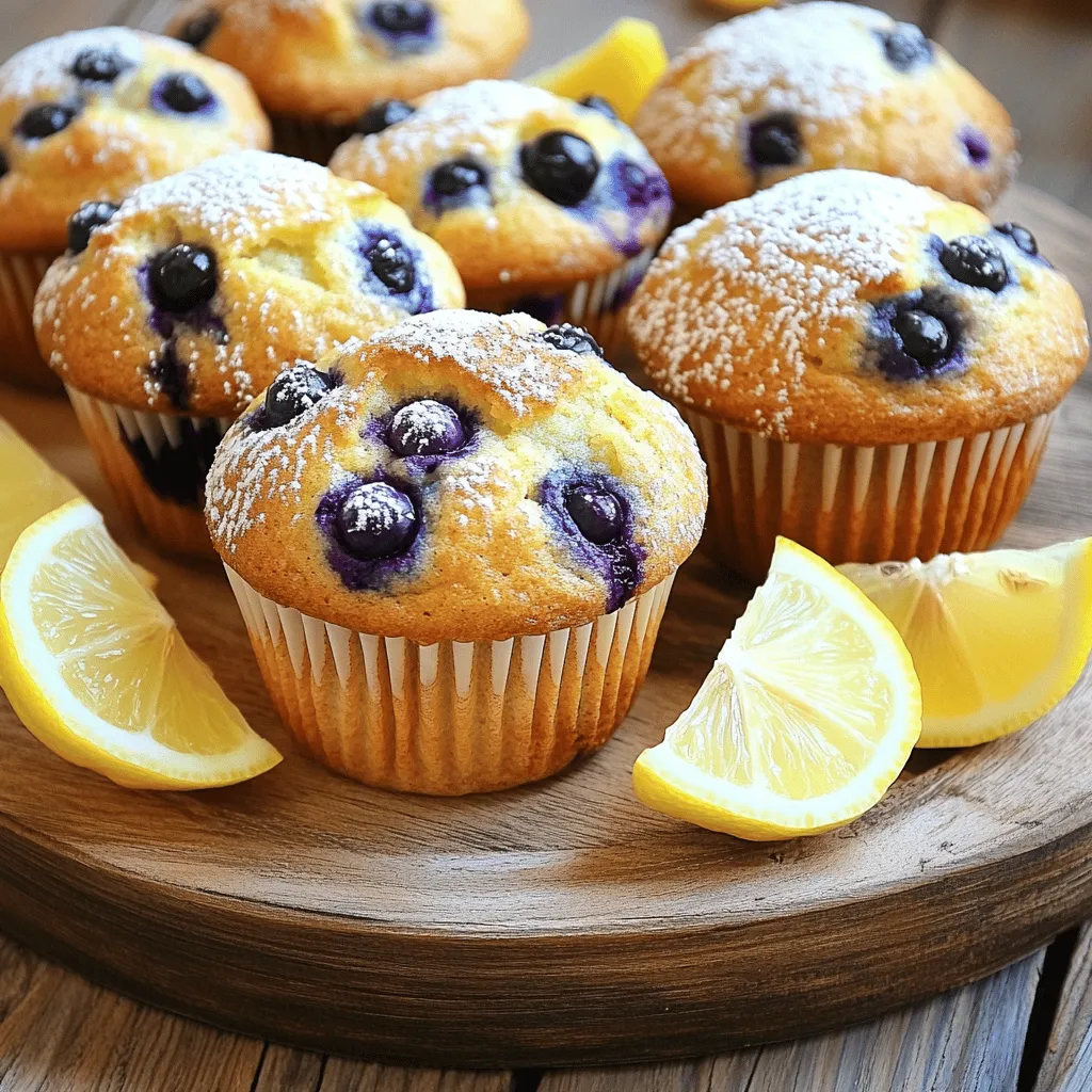 To make blueberry lemon muffins, gather these items: - 1 ½ cups all-purpose flour - 1 cup fresh blueberries (or frozen if fresh is unavailable) - ½ cup granulated sugar - ½ teaspoon baking powder - ½ teaspoon baking soda - ¼ teaspoon salt - 1 teaspoon lemon zest (freshly grated from approximately 1 lemon) - ½ teaspoon vanilla extract - 1 large egg - ½ cup plain yogurt (can substitute with sour cream) - ¼ cup vegetable oil - 2 tablespoons freshly squeezed lemon juice If you need alternatives, consider these swaps: - All-purpose flour can be replaced with whole wheat flour for a healthier option. - Use honey or maple syrup instead of granulated sugar for a natural sweetener. - Swap blueberries with raspberries or chopped strawberries for a different flavor. - For dairy-free muffins, use almond milk yogurt instead of regular yogurt. Each muffin offers a treat that's light yet satisfying. Here’s what you get per muffin: - Calories: 150 - Total Fat: 5g - Saturated Fat: 0.5g - Cholesterol: 20mg - Sodium: 130mg - Total Carbohydrates: 23g - Dietary Fiber: 1g - Sugars: 8g - Protein: 3g These muffins are not just tasty; they provide a good energy boost. Enjoy a warm muffin as a snack or breakfast treat! For the full recipe, check the details above. Start by preheating your oven to 375°F (190°C). This step ensures even baking. While the oven heats, prepare your muffin tin. You can line it with paper liners or lightly grease it with non-stick spray. This helps the muffins come out easily after baking. In a medium bowl, whisk together the all-purpose flour, baking powder, baking soda, salt, and lemon zest. Whisk until well mixed. This mixture forms the base of your muffins. Set it aside for later use. In a separate bowl, crack open the large egg and beat it lightly. Add the granulated sugar and mix until smooth. Next, stir in the yogurt, vegetable oil, vanilla extract, and lemon juice. Mix until the batter is creamy and well combined. Now comes the fun part! Gently fold in the blueberries with a spatula. Be careful not to break them apart. You want them whole for bursts of flavor in each muffin. This step adds the juicy goodness that makes these muffins special. Use a spoon or ice cream scoop to fill each muffin cup about three-quarters full. This allows the muffins to rise properly. Place the muffin tin in the oven and bake for 18-20 minutes. They are ready when the tops are golden brown and a toothpick comes out clean. After baking, let them cool in the tin for about 5 minutes before moving them to a wire rack. This cooling time keeps them fluffy. Enjoy your zesty blueberry lemon muffins! For the complete recipe, check out the Full Recipe. To get fluffy muffins, you need to measure your flour correctly. Use a spoon to scoop flour into your measuring cup and level it off. Too much flour makes muffins dense. Also, remember to preheat your oven. This helps the muffins rise quickly. Bake them until they are golden brown and a toothpick comes out clean. When mixing your batter, be gentle. Overmixing makes muffins tough. Mix just until the dry and wet ingredients come together. A few lumps are okay. The goal is to keep it light and airy. Fold in the blueberries carefully, so they stay whole and juicy. Store your muffins in an airtight container. This keeps them fresh for several days. If you want to keep them longer, freeze them. Wrap each muffin in plastic wrap, then place them in a freezer bag. When you want one, just thaw it at room temperature or warm it in the oven. For more details, you can check out the Full Recipe. {{image_4}} To make gluten-free blueberry lemon muffins, swap regular flour for gluten-free flour. Use a blend that includes xanthan gum for better texture. This change keeps the muffins soft and fluffy. You can enjoy these gluten-free treats without losing any flavor! For vegan blueberry lemon muffins, replace the egg with a flax egg. Mix one tablespoon of flaxseed meal with three tablespoons of water. Let it sit for a few minutes until it thickens. Use plant-based yogurt and oil instead of dairy. These muffins are just as tasty and kind to animals! You can make your muffins even more special by adding nuts or spices. Chopped walnuts or pecans add a nice crunch. A dash of cinnamon or ginger gives a warm flavor. You can also mix in lemon zest for an extra kick. Be creative and make these muffins your own! For more details, check the Full Recipe for specific measurements and baking times. You can store blueberry lemon muffins at room temperature. Place them in an airtight container. They stay fresh for about 2 days. If the weather is warm, keep them cool and dry. This way, they won’t become soggy. If you want to keep them longer, refrigeration works well. Place the muffins in an airtight container. They can last up to a week in the fridge. Just remember to let them come to room temperature before eating. This helps bring back their fresh taste. Freezing is a great way to save muffins for later. Wrap each muffin tightly in plastic wrap. Then place them in a freezer bag. They can last up to 3 months in the freezer. When you're ready to eat, thaw them at room temperature or warm them in the oven. This keeps them delicious and soft. For the full recipe on blueberry lemon muffins, check the complete guide! You can tell the muffins are done when they turn golden brown. Insert a toothpick into the center of a muffin. If it comes out clean, your muffins are ready. Bake them for 18 to 20 minutes for best results. Yes, you can use frozen blueberries instead of fresh ones. Just fold them into the batter while still frozen. This will keep them from breaking apart during mixing. It works well, and the muffins will taste great! If you do not have yogurt, you can use sour cream. It gives a similar texture and tangy taste. You can also use buttermilk or even applesauce for a different twist. Muffins can last for about three days at room temperature. Keep them in an airtight container to stay fresh. If you want them to last longer, consider refrigerating or freezing them. You can definitely make mini muffins with this recipe! Just adjust the baking time to about 10 to 12 minutes. Keep an eye on them to avoid overbaking. Enjoy the bite-sized goodness! For the full recipe, check out the details above! In this post, we covered the essential ingredients for blueberry muffins, including substitutions and nutritional info. You learned step-by-step instructions for making fluffy muffins and tips to prevent overmixing. We also explored fun variations, like gluten-free and vegan options. Lastly, we discussed how to store your muffins for the best taste. With these tips, you can bake perfect blueberry muffins every time. Enjoy experimenting and sharing your delicious results!