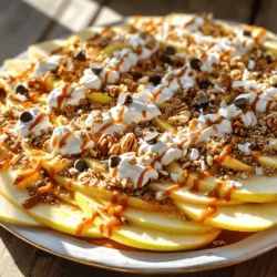 - 3 medium-sized apples (Fuji or Granny Smith recommended) - 1 cup granola - 1/2 cup caramel sauce - 1/4 cup mini chocolate chips - 1/4 cup crushed nuts (walnuts, pecans, almonds) - 1/4 cup coconut flakes (optional) - 1 teaspoon cinnamon (optional) - Whipped cream (optional) Finding the right ingredients is key to making great Caramel Apple Nachos. I like to use three medium-sized apples. Fuji apples give a nice sweet touch, while Granny Smith adds a bit of tartness. This mix creates a perfect balance in flavor. Next, grab a cup of granola. I love using granola that has nuts or dried fruits. It adds crunch and extra taste. For the caramel sauce, you can choose store-bought or make your own. I often warm it up in the microwave for about 20 seconds. This makes it easier to drizzle. Mini chocolate chips add a sweet surprise. Use about a quarter cup. For nuts, I suggest walnuts, pecans, or almonds. Just crush them a bit so they sprinkle nicely. Coconut flakes are an option too. They add a tropical twist. If you want a warm flavor, sprinkle in a teaspoon of cinnamon. Finally, whipped cream is optional. It gives a creamy finish. This mix of ingredients ensures your Caramel Apple Nachos will be tasty and fun to eat. Check out the Full Recipe for more details on how to prepare this easy dessert! Start by washing the apples well. Use cold water to remove any dirt. Slice the apples into thin wedges. Aim for even slices, so they look great on your plate. After slicing, arrange the apple pieces on a large serving platter. You can overlap them slightly to create a fun nacho look. To keep your apples fresh and bright, drizzle some lemon juice over the slices. This step is key! The lemon juice stops the apples from turning brown. Plus, it adds a nice tangy flavor to your dish. Now it’s time to build your nachos! Begin by sprinkling granola evenly over the apple slices. This adds a nice crunch. Next, warm your caramel sauce in the microwave for about 20 seconds. Pour the warm caramel over the apples and granola. Let it flow down the sides for a gooey treat. Then, add your favorite toppings: mini chocolate chips, crushed nuts, and coconut flakes if you like. Each topping adds its own special flavor. If you want a hint of spice, sprinkle a little cinnamon on top. For an extra touch, you can drizzle whipped cream over everything. Serve your Caramel Apple Nachos right away! Enjoy the warm caramel, crunchy apples, and all those tasty toppings. This treat is sure to impress everyone at your table. For the full recipe, check out the details above! To make your Caramel Apple Nachos look amazing, focus on how you plate them. Use a large, colorful platter to showcase the nachos. Layer the apple slices in a fun way, like a fan or a spiral. This makes it more inviting. Add colorful toppings to create visual contrast. Use bright mini chocolate chips, green coconut flakes, or golden nuts. Each topping adds a pop of color. This not only looks great but also makes each bite exciting. Making your own caramel sauce is easy and fun! Start with simple ingredients: sugar, butter, and cream. Heat sugar in a pan until it melts. Stir in butter and cream for a smooth blend. To get the perfect caramel, watch the color closely. It should turn golden brown but not burn. If it gets too dark, it will taste bitter. Use this caramel on your nachos for a rich flavor that beats store-bought options. You can enhance the flavor of your nachos with simple spices. Try adding cinnamon for warmth or a pinch of nutmeg for a twist. These spices add depth to the dish and make it feel more special. Consider pairing your caramel apple nachos with seasonal fruits. In fall, add slices of ripe pears. In summer, mix in fresh berries. Each fruit brings a new taste and texture, making your dessert even more enjoyable. {{image_4}} You can make caramel apple nachos healthier. Start by using a low-sugar caramel sauce. This switch cuts down the sugar but keeps the sweet taste. Another change is to swap whipped cream for yogurt. Yogurt adds creaminess and is a great source of protein. Feel free to mix in other fruits. Bananas and strawberries work great here. They add more sweetness and fun textures. You can also try different nuts or nut butters. Flavored nuts like honey-roasted almonds can enhance the overall taste. Change up the flavors with the seasons. In fall, add spices like pumpkin spice or nutmeg. They create a warm and cozy feel. For summer, use fresh berries. The bright colors and flavors will make your dish pop. Enjoy these variations to keep your caramel apple nachos exciting! To store leftover caramel apple nachos, cover them tightly with plastic wrap. This keeps the apples fresh and prevents them from browning. Place the nachos in the fridge. They taste best within a day for optimal crunch and flavor. To keep apples crunchy, store them separately from the caramel. This way, they don't get soggy. You can freeze caramel apple nachos. However, it is best to freeze the apple slices and caramel separately. Slice the apples and toss them in lemon juice to prevent browning. Place them in a freezer bag. For the caramel, store it in an airtight container. When you're ready, you can use the frozen apples and caramel in smoothies or other desserts. To reheat caramel sauce, use a microwave-safe bowl. Heat it in short bursts of 10-15 seconds. Stir between each burst until it's warm and gooey. This method keeps the flavor intact. Avoid boiling the caramel, as it can change the texture. Enjoy drizzling the warm caramel over fresh apple slices for a tasty treat! You can prep some parts ahead. Slice the apples but store them in water with lemon juice. This keeps them fresh. You can also mix the toppings in advance. Store granola, nuts, and chocolate chips in separate containers. Just wait to drizzle the caramel until serving time. This keeps everything tasty and fresh. Caramel apple nachos can fit many diets. For gluten-free options, use gluten-free granola. If you have nut allergies, skip the nuts or use seeds instead. For vegan choices, use dairy-free caramel and skip the whipped cream. This way, everyone can enjoy this treat. Pair your nachos with drinks like apple cider or hot chocolate. For dessert, serve with vanilla ice cream or a fruit salad. These options complement the sweet and crunchy nachos well. You’ll have a fun and delicious spread! Caramel apple nachos are an easy and fun treat. We covered ingredients, preparation, and creative ideas. You can impress your friends and family with this simple recipe. Don’t forget to try different fruits or toppings to keep things fresh. Store leftovers properly to enjoy later. With these tips, you can make this dish a hit at any gathering. Enjoy your delicious creation!