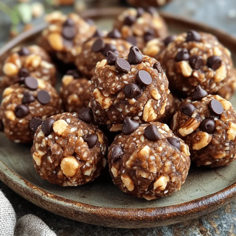 To make your no-bake energy bites, gather these essential items: - 1 cup rolled oats - 1/2 cup natural peanut butter - 1/4 cup honey or pure maple syrup - 1/4 cup mini chocolate chips - 1/4 cup ground flaxseed - 1/2 teaspoon pure vanilla extract - Pinch of sea salt - 1/4 cup chopped nuts (choose between almonds or walnuts) These ingredients work together to create a tasty and healthy snack. The oats give you fiber, while peanut butter adds protein. Honey or maple syrup brings sweetness without processed sugar. Mini chocolate chips add a delightful touch that makes these bites fun. You can customize your energy bites with optional ingredients. Here are some ideas: - 1/4 cup dried fruit (such as cranberries or raisins) - Coconut flakes - Chia seeds - Protein powder Adding dried fruit can give a chewy texture. Coconut flakes enhance the flavor and add healthy fat. You can include chia seeds for extra fiber and omega-3s. If you want more protein, stir in some protein powder. Each energy bite is a powerhouse of nutrients. Here's a rough breakdown: - Calories: About 100 per bite - Protein: 3-4 grams - Fiber: 2-3 grams - Healthy Fats: 5-6 grams These bites are great for a quick snack or post-workout fuel. They provide energy while keeping you full. You can enjoy these treats guilt-free, knowing they are made from wholesome ingredients. For the full recipe, check the original source. Start by grabbing a large mixing bowl. Add 1 cup of rolled oats, 1/4 cup of ground flaxseed, and a pinch of sea salt. Stir these dry ingredients well. Mixing them evenly is key for great flavor. The oats give texture, while flaxseed adds healthy fats. This step sets a solid base for your energy bites. Now, take another bowl for the wet ingredients. Combine 1/2 cup of natural peanut butter, 1/4 cup of honey or pure maple syrup, and 1/2 teaspoon of pure vanilla extract. Use a spatula or whisk to blend until smooth. It should feel creamy and clump-free. This mixture brings sweetness and richness to the bites. Pour the wet mixture into the dry bowl. Use your hands or a spatula to mix them well. You want a thick and sticky texture. Next, fold in 1/4 cup of mini chocolate chips, 1/4 cup of chopped nuts, and 1/4 cup of dried fruit if you like. Ensure everything is evenly mixed. Now, scoop out small portions and roll them into balls about 1 inch in size. Place them on a baking sheet lined with parchment paper. Chill the bites in the fridge for at least 30 minutes. This makes them firm and easier to handle. For the full recipe, check out the details above and enjoy your healthy snack! When making no-bake energy bites, avoid using too much liquid. This can make the mixture too wet. If it feels sticky, add more oats or flaxseed. Don't skip chilling the bites. Chilling helps them hold their shape. Lastly, mix the ingredients well. You want all flavors to blend together. To boost flavor, try adding spices like cinnamon or cocoa powder. These small changes can make a big difference. For a crunchier texture, add more chopped nuts or seeds. You can also use different nut butters for unique tastes. Almond butter or sun butter can change the game! Use clean hands to roll the mixture into balls. This helps keep everything hygienic. If the mixture sticks, wet your hands slightly. It makes rolling easier. Always work on a clean surface to avoid mess. Store the bites in an airtight container to keep them fresh. For a detailed recipe, check the Full Recipe section. {{image_4}} If you want to make nut-free energy bites, you can swap peanut butter with sunflower seed butter. This option is safe for those with nut allergies. You can also use pumpkin seed butter for a unique flavor. Both choices keep the bites creamy and tasty without nuts. Just be sure to check for any allergies. Mixing flavors can make energy bites even more exciting. You can add cocoa powder for a rich chocolate taste. Try using different extracts, like almond or coconut, for a fun twist. Adding spices like cinnamon or nutmeg can also boost the flavor. You can even swap chocolate chips for dried fruits, like apricots or mangoes, to create a fruity bite. Using seasonal ingredients can make your energy bites special. In fall, add pumpkin puree and spices for a cozy treat. In summer, you can mix in fresh berries or coconut flakes. Spring might call for fresh herbs like mint for a refreshing touch. In winter, consider adding warming spices like ginger or cloves. This way, your energy bites stay fresh and exciting all year round! To keep your no-bake energy bites fresh, use an airtight container. Place the bites in a single layer if possible. This helps to avoid sticking. Keep the container in the fridge. This method keeps them tasty and safe to eat. No-bake energy bites last about one week in the fridge. After that, they may lose flavor and texture. Always check for any off smells or changes in appearance before eating. If you want them to last longer, consider freezing them. Freezing is a great way to store energy bites long-term. Place them in a single layer on a baking sheet. Freeze for about two hours until firm. After that, transfer the bites into a freezer-safe bag or container. They can last up to three months in the freezer. When you're ready to enjoy them, thaw them in the fridge overnight. This will keep them soft and ready to eat. No-bake energy bites are small, nutrient-dense snacks. They are easy to make and require no baking. You use simple ingredients like oats, nut butter, and sweeteners. These bites give you a quick energy boost. They are perfect for busy days or as a post-workout snack. Yes, you can use different nut butters. Almond butter, cashew butter, or sunflower seed butter all work well. Each nut butter adds its unique flavor and texture. Just keep the same amount as in the recipe. This makes it easy to customize your bites based on your taste. No-bake energy bites last about one week in the fridge. Store them in an airtight container for best results. If you want them to last longer, you can freeze them. Just make sure they are in a freezer-safe container. They will be good for up to three months in the freezer. You can substitute honey or syrup with agave nectar or brown rice syrup. These options add sweetness without changing the taste much. If you want a sugar-free option, use mashed bananas or applesauce. Just remember, these substitutes may change the texture slightly. In this post, we explored how to make no-bake energy bites. We covered essential and optional ingredients, along with a breakdown of their nutrition. You learned step-by-step instructions, helpful tips, and common mistakes to avoid. The variations offered ideas for customization, and we discussed proper storage methods. No-bake energy bites are fun, easy, and packed with nutrition. With these insights, you can create tasty snacks that fit your needs. Enjoy making your own energy bites!