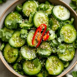 - 2 large cucumbers - 1 teaspoon salt - 1 tablespoon rice vinegar - 1 tablespoon sesame oil - 2 teaspoons soy sauce - 1 teaspoon honey - 1 garlic clove, minced - 1 red chili, thinly sliced - 2 tablespoons toasted sesame seeds - 2 green onions, finely chopped - Fresh cilantro leaves for garnish For this smashed cucumber salad, I love using fresh ingredients. The cucumbers give a nice crunch. The salt helps draw out moisture, making them crispier. Rice vinegar adds that tangy flavor, while sesame oil brings warmth. Honey sweetens the mix just right. Garlic adds a punch, and chili can spice it up. Finally, the sesame seeds and green onions give a nice finish. You can swap ingredients for dietary needs. Use apple cider vinegar instead of rice vinegar for a different taste. Try olive oil if you want to skip sesame oil. For a soy-free option, use coconut aminos. If you have a garlic allergy, leave it out or use garlic-infused oil. For those who avoid gluten, ensure your soy sauce is gluten-free. You can also make this salad vegan by skipping the honey or using maple syrup. This salad is low in calories. One serving has about 70 calories. Cucumbers are hydrating and provide fiber. They contain vitamins A and K. The sesame seeds add healthy fats and protein. Green onions are rich in vitamins C and B. Eating this salad helps you feel full and satisfied without extra calories. 1. Start by rinsing the cucumbers under cold water. This gets rid of dirt and grit. 2. Cut each cucumber in half lengthwise. Then, slice them into thick half-moons, about 1 inch wide. 3. In a large mixing bowl, add the cucumber slices. Sprinkle them with salt. 4. Use your hands to massage the salt into the cucumbers. Let them rest for 10-15 minutes. This step draws out excess moisture, making the salad crisp. 1. In a small bowl, combine rice vinegar, sesame oil, soy sauce, honey, and minced garlic. 2. Whisk the mixture together until all ingredients blend well. Make sure the honey dissolves fully. 1. Drain the cucumbers and pat them dry with paper towels. This removes the extra moisture. 2. Transfer the cucumbers to a clean mixing bowl. Smash each piece lightly using a rolling pin or the flat side of a heavy pan. This helps them absorb the dressing better. 3. Pour the dressing over the smashed cucumbers, ensuring even coverage. Toss gently so all cucumbers get coated. 4. Add sliced red chili, toasted sesame seeds, and chopped green onions to the bowl. Stir gently to mix everything without breaking the cucumbers. 5. For the best flavor, let the salad sit for 5-10 minutes before serving. This allows all the flavors to meld. Enjoy creating this fresh, crunchy salad! For the complete details, see the Full Recipe. To get the best texture for your smashed cucumber salad, start by choosing firm cucumbers. The fresher, the better! When smashing, use a rolling pin or a heavy pan. Press down gently but firmly until the cucumbers flatten a bit. You want them to break but not turn mushy. This helps them soak up the dressing well. To avoid excess moisture, sprinkle salt on the cucumbers and let them rest for about 10-15 minutes. This step draws out extra water. After resting, pat them dry with paper towels. This keeps your salad crisp! Want to boost the flavors? You can add more spices! Try sprinkling in some crushed red pepper for heat or a dash of cumin for a warm touch. If you love garlic, add another clove or two. For maximum flavor, let the salad marinate for 5-10 minutes after mixing in the dressing. This allows the flavors to meld together nicely. You’ll taste the difference! This smashed cucumber salad pairs well with many dishes. Serve it alongside grilled meats, rice, or noodles. It also makes a great topping for rice bowls. For serving, keep it chilled. A cool salad is refreshing on hot days! Garnish with fresh cilantro leaves for a pop of color. You can also drizzle some leftover dressing over the top before serving. It adds an extra zing that everyone will love! {{image_4}} Smashed cucumber salad can take on many flavors from around the world. Different cuisines use unique spices and ingredients. For example, you can add fresh mint or dill for a Mediterranean twist. In Korean cuisine, you might use gochugaru, a spicy red pepper flake. This adds heat and a different flavor profile. Try incorporating these regional spices to make the salad your own. Seasonal vegetables can bring new life to your salad. In summer, add diced tomatoes or bell peppers for color and crunch. In fall, consider mixing in thinly sliced radishes or shredded carrots for a crisp texture. Adjust the dressing to match seasonal tastes. In winter, you might add a splash of citrus juice to brighten up the flavors. You can easily modify this salad to fit different diets. For a vegan option, use maple syrup instead of honey. This keeps the sweetness while making it plant-based. If you need a gluten-free version, substitute soy sauce with tamari. To lower sodium, use less salt and low-sodium soy sauce. These small changes can make the salad fit various dietary needs. Store your smashed cucumber salad in a glass or plastic container with a tight lid. This keeps it fresh and tasty. Use a container that is just the right size. Too much space can cause sogginess. To prevent sogginess, you can store the dressing separately. Mix it in only when you are ready to eat. This way, the cucumbers stay crunchy and fresh. The salad is best enjoyed fresh. It will stay good in the fridge for about 2-3 days. After that, the cucumbers may become mushy. Look for signs of spoilage. If the salad smells sour or looks slimy, toss it. Always trust your senses when checking food freshness. If you have leftover salad, don’t throw it away! You can use it in many ways. Add it to a sandwich for extra crunch. Try mixing it into a grain bowl with rice or quinoa. You can even fold it into an omelet for a fresh twist. The options are as endless as your creativity! For the full recipe, check earlier in the article. How to make the salad spicier? To add heat, use more red chili. You can also try crushed red pepper. If you love spice, add chili oil or fresh jalapeños. These options boost the flavor and heat of the salad. Can I make this salad ahead of time? Yes, you can make this salad a few hours in advance. However, it tastes best fresh. If you prepare it early, store it in the fridge in an airtight container. Just give it a quick toss before serving. What are the health benefits of cucumbers? Cucumbers are low in calories and high in water. They keep you hydrated and help with digestion. They also contain vitamins like K and C. Eating cucumbers may support skin health and weight loss. Is this salad suitable for a low-calorie diet? Absolutely! This salad is light and refreshing. It has few calories and is nutrient-dense. You can enjoy a big bowl without guilt. Plus, it helps you feel full thanks to its fiber content. How do I know when cucumbers are properly smashed? You want the cucumbers to be slightly flattened but still in pieces. They should feel soft but not mushy. This helps them soak up the dressing well. Can I use other types of cucumbers? Yes, you can use different varieties like English or Persian cucumbers. Each type adds a unique flavor and texture. Just make sure to adjust the smashing technique if needed. Enjoy experimenting with different options! Smashed cucumber salad is a crisp and vibrant dish. This salad shines with fresh flavors and simple steps. You only need a few common ingredients, making it easy for everyone. Key highlights include: - Crisp texture: The smashing process keeps cucumbers crunchy. - Bold flavors: A mix of vinegar, sesame oil, and honey gives it a punch. - Quick prep: You can whip this up in 30 minutes or less. For your step-by-step guide, refer to the instructions above. The process is straightforward and fun! You will enjoy mixing and matching flavors in this dish. The Crunchy Smashed Cucumber Salad is fresh and easy to make. We covered the ingredients, substitutions, and nutritional information. The step-by-step guide helps you prepare it perfectly. Tips on texture and flavor enhancements ensure you get the best taste. You can also explore variations and storage methods to keep your salad fresh. Enjoy this healthy dish as a side or a main. With these easy steps, you will impress everyone. Dive in and create your own delicious version!