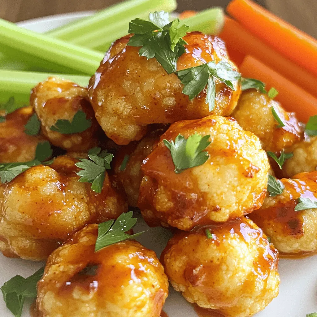 Here is what you need for oven-baked buffalo cauliflower wings. These tasty bites are simple to make and perfect for snacks or parties. - 1 large head of cauliflower, cut into bite-sized florets - 1 cup all-purpose flour - 1 teaspoon garlic powder - 1 teaspoon onion powder - ½ teaspoon smoked paprika - ½ teaspoon salt - ½ teaspoon black pepper - 1 cup unsweetened almond milk (or any non-dairy milk of your choice) - 1 cup buffalo sauce (can be store-bought or homemade) - 2 tablespoons olive oil - Fresh parsley, finely chopped (for garnish) - Sliced celery and carrot sticks (for serving) Each ingredient plays a key role in building flavor and texture. The flour and spices create a crunchy coating, while the buffalo sauce gives that spicy kick we love. I always recommend using fresh cauliflower for the best bites. It holds up well and stays crisp. If you want a milder taste, feel free to adjust the amount of buffalo sauce. You can also try different dipping sauces if you like! Check out the Full Recipe for more details on making this delicious treat. - Preheat the oven to 450°F (232°C). - Line a baking sheet with parchment paper. - In a bowl, whisk together the flour, garlic powder, onion powder, smoked paprika, salt, and black pepper. This mixture adds a nice flavor. - Gradually add almond milk to the dry mix. Keep whisking until you have a smooth batter. - Take each cauliflower floret and dip it into the batter. Make sure each piece is well-coated. - Place the coated florets on the prepared baking sheet in a single layer. - Bake for 20 minutes, flipping the florets halfway to ensure even cooking. - After the first bake, remove the cauliflower and drizzle buffalo sauce over it. Toss the florets gently to coat them in the sauce. - Return the cauliflower to the oven for another 10 minutes. This will deepen the flavor and make them sticky. Enjoy these oven-baked buffalo cauliflower wings as a tasty snack or appetizer. For the complete recipe, check out the Full Recipe. To make your oven-baked buffalo cauliflower wings extra crispy, follow these tips: - Use a high-heat oil like olive oil for better crunch. - Bake your florets in a single layer. Avoid overcrowding the baking sheet. Want to amp up the flavor? Here are some great ideas: - Add spices like cayenne or chili powder for more heat. - Marinate the cauliflower in buffalo sauce before coating for deeper flavor. A tasty dish deserves a pretty look. Here’s how to present your wings: - Garnish with finely chopped parsley for a bright touch. - Serve with a side of creamy ranch or blue cheese dip for extra flavor. These tips will help you create delicious oven-baked buffalo cauliflower wings that impress. For the full recipe, check out the section above. Enjoy your cooking! {{image_4}} You can make your buffalo cauliflower wings even more exciting with different sauces. Try BBQ sauce for a sweet twist. Garlic parmesan sauce adds a creamy touch that pairs well with the crispy cauliflower. You can also mix and match flavors. Making your own sauces opens up a world of unique tastes. You might use ingredients like honey, hot sauce, or herbs to create something special. Serving these wings with protein makes for a full meal. Grilled chicken or tofu adds heartiness. You can also sprinkle shredded cheese on top for a rich flavor. This not only enhances taste but also boosts nutrition. It's a great way to balance the meal while keeping it fun. If you're gluten-free, you can still enjoy these wings. Just swap all-purpose flour with almond or coconut flour. This keeps the texture light and crispy. For an added crunch, use gluten-free breadcrumbs. This way, everyone can indulge in this tasty treat without worries. For the full recipe, check out the [Full Recipe]. To keep your buffalo cauliflower wings fresh, store them in an airtight container in the refrigerator. They stay good for up to three days. When you want to eat them again, reheat in the oven. This method keeps them crispy and tasty. If you want to save time, freeze the wings before baking. This makes for a quick meal later. Just remember to let them thaw before baking to keep the right texture. For the best taste, use the oven to reheat. It helps keep them crispy. If you're in a hurry, you can use the microwave for quick warming, but they might lose some crunch. To make buffalo cauliflower wings vegan, use plant-based dairy alternatives. You can use almond milk, soy milk, or oat milk instead of regular milk. Make sure to check the buffalo sauce ingredients. Some brands add dairy or other animal products. Look for vegan-friendly options or make your own sauce at home. Yes, you can make these delicious wings in an air fryer. Just adjust the cooking time for air frying. Typically, cook the wings for about 15 minutes at 400°F. Check for crispiness, and shake the basket halfway through for even cooking. You can pair these wings with fresh veggies like carrots and celery. Dips like ranch or blue cheese make a great match, too. A light salad can balance the meal. You can also serve them with spicy pickles for an extra kick. The spice level of the wings can be adjusted. You can vary the amount of buffalo sauce used to suit your taste. If you prefer a milder flavor, start with less sauce and add more as needed. For a spicier bite, add more sauce or try a hotter buffalo sauce. This blog post shows how to make buffalo cauliflower wings. You need simple ingredients like cauliflower, flour, and spices. Follow the easy steps to prepare, coat, and bake. Remember to try tips for extra crispiness and flavor. Feel free to get creative with sauces and sides. These wings are tasty and fun for meals or snacks. Enjoy experimenting!