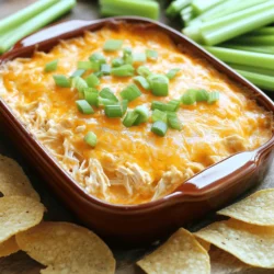 - 2 cups cooked chicken, shredded into bite-sized pieces - 1 (8 oz) package cream cheese, softened to room temperature - 1 cup hot buffalo sauce (adjust based on desired spice level) - 1 cup creamy ranch dressing - 1 cup shredded sharp cheddar cheese, divided - 1/2 cup green onions, finely chopped - Salt and freshly ground black pepper to taste - Tortilla chips, celery sticks, or sliced bell peppers for serving Each ingredient plays a key role in the dip. The chicken gives protein and texture. Cream cheese binds it all together and adds creaminess. Buffalo sauce brings heat. Ranch dressing adds a cool balance. Sharp cheddar cheese enhances flavor and creates that gooey melt. Green onions provide a fresh bite. Salt and pepper round out the taste. You can change a few ingredients if needed. Use shredded rotisserie chicken for ease. Greek yogurt can replace cream cheese for a lighter dip. If you want less heat, try a mild wing sauce. For a dairy-free option, use cashew cream. You can swap ranch for blue cheese dressing for stronger flavor. These changes keep the dip delicious while meeting your needs. 1. First, gather all your ingredients. You need: - 2 cups cooked chicken, shredded into bite-sized pieces - 1 (8 oz) package cream cheese, softened - 1 cup hot buffalo sauce - 1 cup creamy ranch dressing - 1 cup shredded sharp cheddar cheese, divided - 1/2 cup green onions, finely chopped - Salt and freshly ground black pepper to taste 2. Preheat your oven to 350°F (175°C). A hot oven helps the dip cook evenly. 3. In a large bowl, blend the softened cream cheese with the buffalo sauce. Use a hand mixer or a spatula. Mix until it’s smooth and creamy. 4. Next, fold in the shredded chicken, ranch dressing, and half of the cheddar cheese. Make sure everything mixes well and gets coated. 5. Taste the mixture. Add salt and pepper as needed. Remember, the buffalo sauce brings heat, so adjust it to your liking. 6. Transfer the mixture to a baking dish. Spread it out evenly and smooth the top with a spatula. 7. Sprinkle the remaining cheddar cheese on top. Add the chopped green onions for flavor and color. 8. Bake your dip in the oven for 20-25 minutes. Look for melted, bubbly cheese that is slightly golden. 9. When done, remove the dip from the oven. Let it cool for a few minutes before serving to avoid burns. - Make sure your cream cheese is softened. It blends better and gives a creamier dip. - Don’t rush the mixing process. Ensure all ingredients are well combined. - Baking until bubbly and golden gives the dip the best texture. It creates a nice crust on top. - Serve the dip hot with tortilla chips, celery sticks, or sliced bell peppers. They add crunch and freshness. For the complete recipe, check out the Full Recipe. Enjoy your delicious Buffalo Chicken Dip! To keep your dip creamy, use softened cream cheese. This helps it blend smoothly. Mix it well with the hot buffalo sauce. A hand mixer can make this easier. You want a nice, even texture. If it feels too thick, add a splash of ranch dressing. This adds creaminess and taste. Adding seasonings can boost the flavor of your dip. Try garlic powder, onion powder, or smoked paprika. These spices bring warmth and depth. Fresh herbs like parsley can add brightness. Always taste your dip before serving. Adjust with salt and pepper to suit your taste. Avoid these common mistakes for the best dip. First, don’t skip the cream cheese. It keeps the dip from being too runny. Second, don’t overbake it. You want the cheese melted but not burnt. Lastly, don’t forget to mix well. Uneven mixing can lead to dry spots. For the full recipe, check out Buffalo Chicken Dip Delight. {{image_4}} If you love heat, you can make a spicy buffalo chicken dip. Add more hot sauce to the mix. You can also use spicy chicken for a kick. If you want a smoky flavor, add smoked paprika. This gives the dip an extra layer of taste. You can also sprinkle crushed red pepper on top before baking. This adds both spice and color. For a vegetarian option, swap chicken for shredded jackfruit or chickpeas. Both mimic the texture of chicken well. You can also add more veggies like diced bell peppers or corn for crunch. Replace ranch dressing with a vegan version. Use vegan cream cheese to keep it creamy. This way, everyone can enjoy the dip, even those who don't eat meat. Get creative with other flavor mixes! Try adding blue cheese for a bold taste. Another option is to mix in ranch seasoning for extra zest. You can also experiment with different cheeses. Pepper jack cheese adds a nice spicy twist. For a twist on the classic, mix in some barbecue sauce for a sweet and tangy dip. Don’t be afraid to try new things. Each variation can lead to a fun new recipe you’ll love. For the full recipe, check out the details above. After enjoying your buffalo chicken dip, store leftovers in an airtight container. Let the dip cool to room temperature first. This helps keep it fresh and safe. Place the container in the fridge. Your dip will last for about 3 to 4 days. If you plan to eat it later, store it right away. Avoid leaving it out for too long to prevent spoilage. To reheat the dip, use the oven for the best results. Preheat your oven to 350°F (175°C). Place the dip in a baking dish. Cover it with foil to keep it moist. Heat for about 15 to 20 minutes. Stir halfway through to ensure even warming. You can also use a microwave. Heat it in short bursts of 30 seconds, stirring in between. This method is quick, but it may not keep the dip as creamy. If you want to save some for later, freezing is a great option. First, let the dip cool completely. Then, transfer it to a freezer-safe container. Seal it tightly to prevent freezer burn. Buffalo chicken dip can last up to 2 months in the freezer. When you’re ready to enjoy it again, thaw it in the fridge overnight. Reheat as described above for the best taste and texture. Enjoy this easy buffalo chicken dip anytime! For the full recipe, check out the detailed instructions above. Buffalo chicken dip can last in the fridge for 3 to 4 days. Make sure you store it in an airtight container. After that, it may start to lose flavor and texture. If you see any signs of spoilage, like a change in smell or color, it is best to toss it. Yes, you can make buffalo chicken dip ahead of time. Prepare the dip and store it in the fridge for up to 24 hours before baking. Just remember to cover the dish tightly with plastic wrap. When you're ready to eat, just bake it as directed in the full recipe. This way, you save time on busy days or before gatherings. Buffalo chicken dip pairs well with many tasty snacks. Here are some great options: - Tortilla chips - Celery sticks - Sliced bell peppers - Crackers - Pita chips These choices add crunch and freshness. You can also serve it with veggies for a healthier twist. Enjoy it with friends at game day or any party! In this post, we covered making Buffalo Chicken Dip. First, we looked at the ingredients and measurements. Next, I provided easy step-by-step baking instructions. You learned tips for creamy texture and flavor, plus mistakes to avoid. We also explored tasty variations and best storage methods. Remember, this dish is fun to make and share. With practice, you'll perfect your dip and impress everyone. Enjoy your cooking journey!