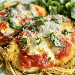 - 4 boneless, skinless chicken breasts - 1 cup all-purpose flour - 2 large eggs - 1 cup Italian-seasoned breadcrumbs - 1 cup marinara sauce - 1 ½ cups shredded mozzarella cheese - ½ cup grated Parmesan cheese - 2 tablespoons fresh basil, finely chopped (or 1 tablespoon dried) - 1 teaspoon garlic powder - 1 teaspoon onion powder - Salt and freshly ground pepper to taste - Olive oil spray or 2 tablespoons olive oil for drizzling The ingredients for Baked Chicken Parmesan are simple but full of flavor. You need chicken breasts as the main protein. I like to use boneless and skinless chicken, which cooks evenly and stays moist. The flour helps the chicken get a nice coat, while the eggs act as the glue for the breadcrumbs. Italian-seasoned breadcrumbs add a great flavor and crunch. The marinara sauce gives a lovely tang and moisture. For cheese lovers, mozzarella and Parmesan bring that ooey-gooey goodness that makes this dish special. Don't forget the fresh basil! It adds a burst of freshness. Garlic and onion powder enhance the taste, while salt and pepper bring everything together. For baking, I use olive oil spray or drizzle olive oil to keep the chicken from sticking and to help it brown. - Calories per serving: Approximately 400 calories - Macronutrient breakdown: - Protein: 35g - Carbohydrates: 30g - Fat: 15g - Dietary considerations: This dish is high in protein and can fit well into a balanced meal plan. For gluten-free needs, you can swap the flour and breadcrumbs for gluten-free options. These ingredients make this dish not just tasty but also nutritious. You can find the full recipe to guide you through the cooking process. Enjoy crafting this delightful meal! - Preheat the oven to 375°F (190°C). - Grease the baking dish with olive oil spray. Start by setting your oven to 375°F. This temperature helps the chicken cook evenly. While it heats, grab a baking dish. Lightly spray it with olive oil. This keeps the chicken from sticking. - Set up three shallow dishes with ingredients. - Preparation of flour, egg, and breadcrumb mixtures. Next, arrange three shallow dishes. In the first dish, mix flour with a pinch of salt and pepper. In the second, whisk the eggs until smooth. The third dish holds the breadcrumbs mixed with garlic powder, onion powder, and chopped basil. This gives our chicken great flavor. - Season and dredge the chicken. - Ensure a thorough coating with breadcrumbs. Now, take your chicken breasts. Season them with salt and pepper. Dredge each piece in the flour. Shake off any extra flour. Then, dip it in the egg. Let the excess egg drip off. Finally, coat the chicken in the seasoned breadcrumbs. Press gently to help them stick well. - First bake duration and tips. - Adding marinara sauce and cheese. - Final bake for crispy, cheesy topping. Place the breaded chicken in the baking dish. Make sure they're in a single layer. Bake for about 25 minutes. Watch for a golden brown surface. After that, remove the dish from the oven. Spoon marinara sauce over each chicken breast. Sprinkle shredded mozzarella and grated Parmesan cheese on top. Return the dish to the oven for another 10 to 15 minutes. Look for bubbling cheese and a light golden color. You can find the Full Recipe above for more details. To get a nice, crispy crust on your chicken, use olive oil spray. It coats the chicken evenly and saves you from using too much oil. If you choose to drizzle olive oil instead, just be careful not to use too much. Too much oil can make the chicken soggy. Another tip is to press the breadcrumbs onto the chicken. After coating the chicken, press down firmly. This helps the breadcrumbs stick and forms a crunchy layer. For a flavor boost, add more herbs and spices. You can mix in dried oregano, thyme, or even a pinch of red pepper flakes. These will enhance the taste of the dish. Choosing the right marinara sauce is key. A fresh, homemade sauce will add depth. If you use store-bought, pick one that has good ingredients and no added sugars. Baked Chicken Parmesan pairs well with many sides. Serve it over spaghetti for a classic touch. A green salad with lemon vinaigrette adds freshness. For garnishing, sprinkle fresh basil on top before serving. You can also add extra grated Parmesan for a cheesy finish. This makes your dish look beautiful and appetizing. For the full recipe, check out the detailed steps to create this dish at home! {{image_4}} You can easily make Baked Chicken Parmesan gluten-free. Start by using gluten-free breadcrumbs. They provide the same crunch and flavor. You can find these in most stores or make your own from gluten-free bread. For the flour, use a gluten-free blend. Rice flour or almond flour also works well. These options keep your dish tasty and safe for those with gluten allergies. Cheese is a key part of this dish. While mozzarella is classic, you can explore other options. Try provolone for a sharper bite. Fontina adds a rich creaminess. Mixing different cheeses can create a deeper flavor. Experiment by blending mozzarella with Parmesan or Asiago for a unique twist. If you want to switch up the protein, turkey works great. It is lean and absorbs flavors well. You could also use thin pork cutlets for a different taste. For a meatless option, try eggplant slices or portobello mushrooms. Both options soak up the sauce and cheese nicely, making a hearty meal. Check out the Full Recipe to see all the ways to enjoy this dish! To keep your Baked Chicken Parmesan fresh, refrigerate it right away. Place it in an airtight container. This helps keep moisture in and prevents odors from mixing. Always let the chicken cool to room temperature before sealing it up. This way, it stays tasty for up to three days. Reheating your chicken can be tricky. You want to keep it moist and tasty. The best method is to use the oven. Preheat it to 350°F (175°C). Place the chicken in an oven-safe dish. Cover it with foil to keep it from drying out. Heat for about 15 to 20 minutes. Check it to make sure it's hot all the way through. If you want to save some for later, freezing works well. Wrap each piece in plastic wrap. Then, place them in a freezer-safe bag. This helps keep out air and prevents freezer burn. You can freeze Baked Chicken Parmesan for up to three months. When you’re ready to eat, thaw it overnight in the fridge before reheating. Enjoy your delicious meal again! Yes, you can prepare Baked Chicken Parmesan ahead of time. To do this, follow these tips: - Bread the chicken: Complete the breading process. Place the breaded chicken in the baking dish. - Cover and refrigerate: Wrap the dish tightly with plastic wrap. Store it in the fridge for up to 24 hours. - Add sauce and cheese before baking: When ready to bake, add the marinara and cheese. Bake as directed. Baked Chicken Parmesan pairs well with many sides. Here are some popular options: - Pasta: Serve over a bed of spaghetti or fettuccine. - Salad: A fresh green salad adds crunch and color. - Garlic bread: Perfect for soaking up extra sauce. - Roasted vegetables: Broccoli or zucchini balance the meal nicely. To ensure the chicken is fully cooked, use a meat thermometer. The internal temperature should reach 165°F (75°C). Check at the thickest part of the chicken. The juices should run clear when cut. If you see pink, it needs more time. Yes, you can make Baked Chicken Parmesan in an air fryer. Here are some adjustments: - Temperature: Set the air fryer to 375°F (190°C). - Cooking time: Cook for about 12-15 minutes. Check doneness with a meat thermometer. - Add cheese: Add marinara and cheese halfway through cooking. This keeps the cheese from burning. To reheat Baked Chicken Parmesan while keeping it tasty, follow these methods: - Oven: Preheat to 350°F (175°C). Place chicken in a baking dish. Cover with foil to keep it moist. Heat for about 15-20 minutes. - Microwave: Use a microwave-safe plate. Heat on medium power for 1-2 minutes. This method is faster but might make the chicken a bit soggy. - Air fryer: Reheat at 350°F (175°C) for about 5-7 minutes for a crispy finish. In this blog post, we covered how to make Baked Chicken Parmesan. We looked at the ingredients needed, step-by-step instructions, and helpful tips. You learned how to achieve extra crispiness and explored tasty variations. This dish is easier than you might think and perfect for family dinners. Try it out soon and enjoy every bite. Don't forget to share with friends or save for leftovers. With these steps, you can impress anyone at home!