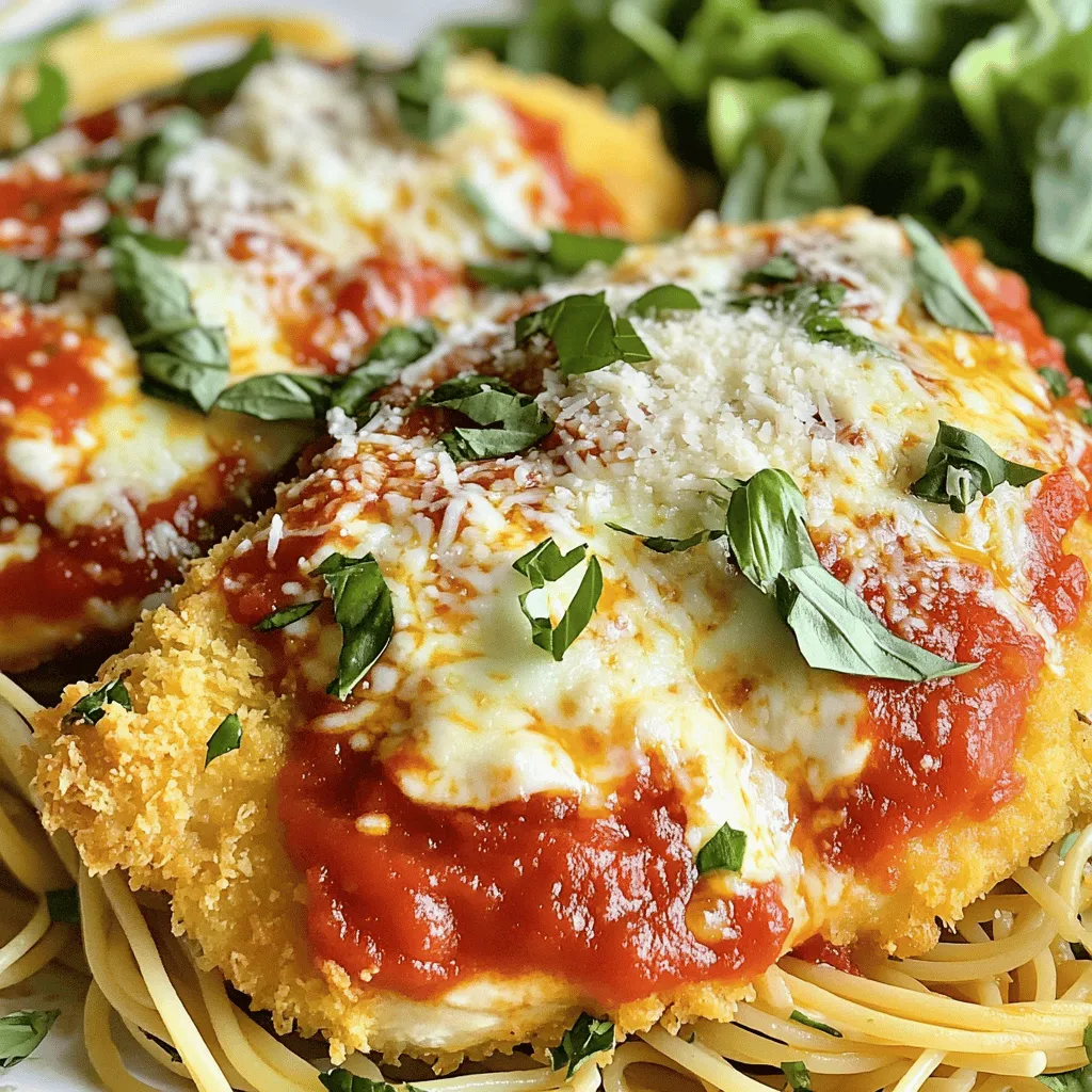 - 4 boneless, skinless chicken breasts - 1 cup all-purpose flour - 2 large eggs - 1 cup Italian-seasoned breadcrumbs - 1 cup marinara sauce - 1 ½ cups shredded mozzarella cheese - ½ cup grated Parmesan cheese - 2 tablespoons fresh basil, finely chopped (or 1 tablespoon dried) - 1 teaspoon garlic powder - 1 teaspoon onion powder - Salt and freshly ground pepper to taste - Olive oil spray or 2 tablespoons olive oil for drizzling The ingredients for Baked Chicken Parmesan are simple but full of flavor. You need chicken breasts as the main protein. I like to use boneless and skinless chicken, which cooks evenly and stays moist. The flour helps the chicken get a nice coat, while the eggs act as the glue for the breadcrumbs. Italian-seasoned breadcrumbs add a great flavor and crunch. The marinara sauce gives a lovely tang and moisture. For cheese lovers, mozzarella and Parmesan bring that ooey-gooey goodness that makes this dish special. Don't forget the fresh basil! It adds a burst of freshness. Garlic and onion powder enhance the taste, while salt and pepper bring everything together. For baking, I use olive oil spray or drizzle olive oil to keep the chicken from sticking and to help it brown. - Calories per serving: Approximately 400 calories - Macronutrient breakdown: - Protein: 35g - Carbohydrates: 30g - Fat: 15g - Dietary considerations: This dish is high in protein and can fit well into a balanced meal plan. For gluten-free needs, you can swap the flour and breadcrumbs for gluten-free options. These ingredients make this dish not just tasty but also nutritious. You can find the full recipe to guide you through the cooking process. Enjoy crafting this delightful meal! - Preheat the oven to 375°F (190°C). - Grease the baking dish with olive oil spray. Start by setting your oven to 375°F. This temperature helps the chicken cook evenly. While it heats, grab a baking dish. Lightly spray it with olive oil. This keeps the chicken from sticking. - Set up three shallow dishes with ingredients. - Preparation of flour, egg, and breadcrumb mixtures. Next, arrange three shallow dishes. In the first dish, mix flour with a pinch of salt and pepper. In the second, whisk the eggs until smooth. The third dish holds the breadcrumbs mixed with garlic powder, onion powder, and chopped basil. This gives our chicken great flavor. - Season and dredge the chicken. - Ensure a thorough coating with breadcrumbs. Now, take your chicken breasts. Season them with salt and pepper. Dredge each piece in the flour. Shake off any extra flour. Then, dip it in the egg. Let the excess egg drip off. Finally, coat the chicken in the seasoned breadcrumbs. Press gently to help them stick well. - First bake duration and tips. - Adding marinara sauce and cheese. - Final bake for crispy, cheesy topping. Place the breaded chicken in the baking dish. Make sure they're in a single layer. Bake for about 25 minutes. Watch for a golden brown surface. After that, remove the dish from the oven. Spoon marinara sauce over each chicken breast. Sprinkle shredded mozzarella and grated Parmesan cheese on top. Return the dish to the oven for another 10 to 15 minutes. Look for bubbling cheese and a light golden color. You can find the Full Recipe above for more details. To get a nice, crispy crust on your chicken, use olive oil spray. It coats the chicken evenly and saves you from using too much oil. If you choose to drizzle olive oil instead, just be careful not to use too much. Too much oil can make the chicken soggy. Another tip is to press the breadcrumbs onto the chicken. After coating the chicken, press down firmly. This helps the breadcrumbs stick and forms a crunchy layer. For a flavor boost, add more herbs and spices. You can mix in dried oregano, thyme, or even a pinch of red pepper flakes. These will enhance the taste of the dish. Choosing the right marinara sauce is key. A fresh, homemade sauce will add depth. If you use store-bought, pick one that has good ingredients and no added sugars. Baked Chicken Parmesan pairs well with many sides. Serve it over spaghetti for a classic touch. A green salad with lemon vinaigrette adds freshness. For garnishing, sprinkle fresh basil on top before serving. You can also add extra grated Parmesan for a cheesy finish. This makes your dish look beautiful and appetizing. For the full recipe, check out the detailed steps to create this dish at home! {{image_4}} You can easily make Baked Chicken Parmesan gluten-free. Start by using gluten-free breadcrumbs. They provide the same crunch and flavor. You can find these in most stores or make your own from gluten-free bread. For the flour, use a gluten-free blend. Rice flour or almond flour also works well. These options keep your dish tasty and safe for those with gluten allergies. Cheese is a key part of this dish. While mozzarella is classic, you can explore other options. Try provolone for a sharper bite. Fontina adds a rich creaminess. Mixing different cheeses can create a deeper flavor. Experiment by blending mozzarella with Parmesan or Asiago for a unique twist. If you want to switch up the protein, turkey works great. It is lean and absorbs flavors well. You could also use thin pork cutlets for a different taste. For a meatless option, try eggplant slices or portobello mushrooms. Both options soak up the sauce and cheese nicely, making a hearty meal. Check out the Full Recipe to see all the ways to enjoy this dish! To keep your Baked Chicken Parmesan fresh, refrigerate it right away. Place it in an airtight container. This helps keep moisture in and prevents odors from mixing. Always let the chicken cool to room temperature before sealing it up. This way, it stays tasty for up to three days. Reheating your chicken can be tricky. You want to keep it moist and tasty. The best method is to use the oven. Preheat it to 350°F (175°C). Place the chicken in an oven-safe dish. Cover it with foil to keep it from drying out. Heat for about 15 to 20 minutes. Check it to make sure it's hot all the way through. If you want to save some for later, freezing works well. Wrap each piece in plastic wrap. Then, place them in a freezer-safe bag. This helps keep out air and prevents freezer burn. You can freeze Baked Chicken Parmesan for up to three months. When you’re ready to eat, thaw it overnight in the fridge before reheating. Enjoy your delicious meal again! Yes, you can prepare Baked Chicken Parmesan ahead of time. To do this, follow these tips: - Bread the chicken: Complete the breading process. Place the breaded chicken in the baking dish. - Cover and refrigerate: Wrap the dish tightly with plastic wrap. Store it in the fridge for up to 24 hours. - Add sauce and cheese before baking: When ready to bake, add the marinara and cheese. Bake as directed. Baked Chicken Parmesan pairs well with many sides. Here are some popular options: - Pasta: Serve over a bed of spaghetti or fettuccine. - Salad: A fresh green salad adds crunch and color. - Garlic bread: Perfect for soaking up extra sauce. - Roasted vegetables: Broccoli or zucchini balance the meal nicely. To ensure the chicken is fully cooked, use a meat thermometer. The internal temperature should reach 165°F (75°C). Check at the thickest part of the chicken. The juices should run clear when cut. If you see pink, it needs more time. Yes, you can make Baked Chicken Parmesan in an air fryer. Here are some adjustments: - Temperature: Set the air fryer to 375°F (190°C). - Cooking time: Cook for about 12-15 minutes. Check doneness with a meat thermometer. - Add cheese: Add marinara and cheese halfway through cooking. This keeps the cheese from burning. To reheat Baked Chicken Parmesan while keeping it tasty, follow these methods: - Oven: Preheat to 350°F (175°C). Place chicken in a baking dish. Cover with foil to keep it moist. Heat for about 15-20 minutes. - Microwave: Use a microwave-safe plate. Heat on medium power for 1-2 minutes. This method is faster but might make the chicken a bit soggy. - Air fryer: Reheat at 350°F (175°C) for about 5-7 minutes for a crispy finish. In this blog post, we covered how to make Baked Chicken Parmesan. We looked at the ingredients needed, step-by-step instructions, and helpful tips. You learned how to achieve extra crispiness and explored tasty variations. This dish is easier than you might think and perfect for family dinners. Try it out soon and enjoy every bite. Don't forget to share with friends or save for leftovers. With these steps, you can impress anyone at home!