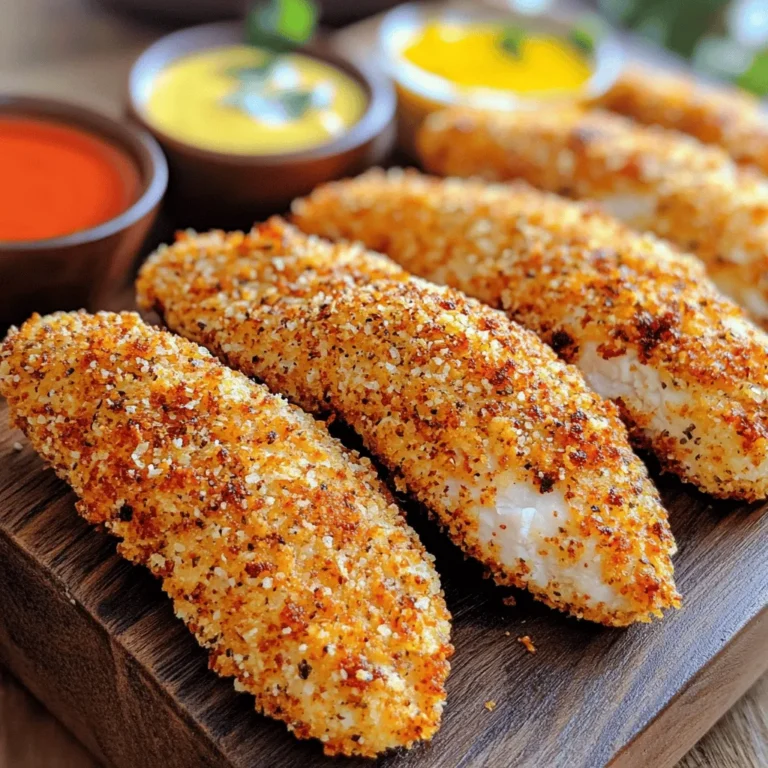 - Chicken breast - Buttermilk and seasonings - Breading components: flour, eggs, breadcrumbs To make crispy air fryer chicken tenders, you need some simple yet essential ingredients. Start with fresh chicken breast. Cut it into strips about the size of your fingers. This size helps them cook evenly and stay juicy. Next, use buttermilk mixed with spices to marinate the chicken. Buttermilk makes the chicken tender and adds rich flavor. For the breading, you will need three components: flour, eggs, and breadcrumbs. All-purpose flour forms the first layer. It helps the egg stick better. The egg acts as glue for the breadcrumbs. I recommend using panko breadcrumbs. They give the chicken a great crunch that everyone loves. - Garlic powder, onion powder, paprika - Cooking spray or olive oil To amp up the taste, consider adding spices like garlic powder, onion powder, and paprika. These spices bring out the flavor of the chicken and make it more exciting. A pinch of salt and black pepper also enhances the taste. Lastly, don’t forget cooking spray or olive oil. Lightly spraying the chicken before cooking helps it crisp up nicely in the air fryer. - Ranch, honey mustard, barbecue sauce Dipping sauces can take your chicken tenders to the next level. I love serving them with ranch or honey mustard for a creamy dip. Barbecue sauce is another tasty option, especially if you like a bit of sweetness. Feel free to mix and match based on what you enjoy! For the full recipe, check the details above. To start, take your chicken strips and place them in a bowl. Pour in the buttermilk and sprinkle the garlic powder, onion powder, paprika, salt, and black pepper. Mix everything well so each piece is coated. Cover the bowl and chill it in the fridge. Marinate for at least one hour, but overnight gives better flavor. Next, set up your breading station. You need three shallow bowls. Fill the first bowl with flour. The second bowl should hold the beaten eggs. In the third bowl, pour the breadcrumbs and add a pinch of salt. Now you are ready to coat the chicken for that crispy texture. Preheat your air fryer to 400°F (200°C) for about five minutes. While it heats, take each marinated chicken strip. First, coat it in flour, shaking off the extra. Then dip it in the egg, letting the excess drip off. Finally, press it into the breadcrumbs. This order helps create a great crunch. Spray the air fryer basket lightly with cooking spray to prevent sticking. Place the breaded chicken tenders in a single layer. Don't overcrowd them; if needed, cook in batches. Lightly spray the tops of the tenders too. Cook them for 10-12 minutes, flipping halfway through. They should be golden brown and crispy when done. Make sure they reach an internal temperature of 165°F (75°C) for safety. Now, they are ready to be served. Enjoy with your favorite sauces! For the full recipe, check out the detailed instructions above. To get the best crunch, use panko breadcrumbs. They are lighter and crispier than regular ones. This makes a big difference in texture. Also, cook in batches if you have many tenders. If you crowd the air fryer, some pieces won’t cook evenly. Cooking in smaller amounts lets the hot air circulate well. To boost the taste, think about adding spices. You can try cayenne pepper for heat. You might also like adding Italian seasoning for a herby touch. For a richer taste, marinate the chicken for longer. Overnight is best. This will soak in the flavors and make each bite more delicious. Avoid overcrowding the air fryer, as it leads to soggy tenders. Give each piece space to crisp up. After cooking, let the chicken rest for a few minutes. This helps keep the juices inside, making them juicy and tasty. {{image_4}} You can spice up your chicken tenders in fun ways! For spicy chicken tenders, add cayenne or hot sauce to your marinade. This gives your dish a kick. For herb-infused breading options, mix dried herbs like oregano or thyme into the breadcrumbs. This adds fresh flavor without much effort. If you want a lighter meal, try gluten-free breading methods. Use crushed rice cereal or almond flour instead of regular breadcrumbs. This makes the dish safe for those with gluten allergies. You can also swap low-fat chicken substitutions like turkey or chicken thighs. These options keep your dish tasty and lower in fat. Pair your crispy chicken tenders with sides like fresh veggies or a salad. This adds color and nutrients. For creative ways to serve leftovers, chop the tenders and add them to a wrap or salad. You can also serve them with a variety of dips, like ranch or honey mustard, for added flavor. Enjoy your meal in different ways! For the full recipe, check out the detailed steps to make these crispy delights. To keep your chicken tenders fresh, store them in airtight containers. This helps prevent air exposure, which can make them soggy. Let the tenders cool down before storing to avoid steam buildup. Place a paper towel at the bottom of the container to absorb moisture. This keeps them crispy longer. You can store them in the fridge for about 3 to 4 days. For the best reheating method, use the air fryer. Preheat it to 375°F (190°C) and cook the tenders for about 5 to 7 minutes. This makes them crispy again. You can microwave them, but they will not stay as crispy. If you use the microwave, heat them in short bursts. Check every 30 seconds to avoid overcooking. To freeze chicken tenders, place them in a single layer on a baking sheet. Freeze them for about 1 to 2 hours until solid. Once frozen, transfer them to a freezer-safe bag or container. Remove as much air as possible to prevent freezer burn. They can be stored in the freezer for up to 3 months. Before reheating, thaw them overnight in the fridge for best results. I recommend marinating chicken tenders for at least 1 hour. This time helps the chicken soak in the flavors. For the best taste, marinate overnight in the fridge. This makes the chicken tender and juicy. Yes, you can cook frozen chicken tenders in the air fryer. Start by preheating the air fryer to 400°F (200°C). Place the frozen tenders in the basket. Cook them for about 12-15 minutes. Flip them halfway through for even cooking. Make sure they reach an internal temperature of 165°F (75°C). The safe internal temperature for cooked chicken tenders is 165°F (75°C). Use a meat thermometer to check this. Cooking chicken to this temperature ensures it is safe to eat. Always let the chicken rest a few minutes before serving to keep it juicy. Crispy air fryer chicken tenders are simple to make and delicious. We covered the key ingredients, like chicken breast and buttermilk, which add flavor and texture. The step-by-step guide shows you how to marinate, bread, and cook perfectly crispy tenders. Remember, using panko breadcrumbs and avoiding overcrowding are crucial for crispiness. Don’t forget the fun of dipping sauces and creative serving options. Enjoy your meal and share the tasty results!