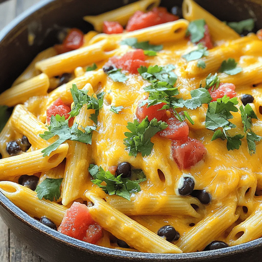 - Penne pasta and meat options - 12 oz penne pasta - 1 lb ground turkey or beef - Vegetables and aromatics - 1 tablespoon olive oil - 1 small onion, finely diced - 2 cloves garlic, minced - Seasoning and broth - 1 packet taco seasoning (approx. 1 ounce) - 1 can (14 oz) diced tomatoes, with their juices - 1 can (15 oz) black beans, rinsed and drained - 2 cups chicken or vegetable broth - 1 cup corn (frozen, or canned and drained) - Toppings and garnishes - 1 ½ cups shredded cheddar cheese - ½ cup sour cream - Fresh cilantro leaves for garnish - Salt and pepper, to taste This dish shines with its fresh and tasty ingredients. The penne pasta is a great base, soaking up all the flavors. Ground turkey or beef adds protein and richness. You can use either one based on your preference. The onion and garlic bring a wonderful aroma and taste. The taco seasoning packs a punch, giving each bite a familiar flavor. Diced tomatoes and black beans add heartiness and color, while corn brings a sweet crunch. For the toppings, I love adding cheddar cheese for a melty touch and sour cream for creaminess. Fresh cilantro gives a pop of color and freshness. Salt and pepper help balance all the flavors. Check out the Full Recipe for complete cooking instructions. This meal is quick, tasty, and perfect for any night! Start by heating the olive oil in a large skillet over medium heat. Add the diced onion and cook it for 3-4 minutes. You want the onion to become soft and clear. Then, toss in the minced garlic. Cook for another minute until it smells great. Now, add your ground turkey or beef to the skillet. Cook the meat for 5-7 minutes. Stir it often. You need it to brown evenly and lose any pink color. If there’s extra fat, drain it away. Next, sprinkle in the taco seasoning. Stir it well with the meat. Then, add the diced tomatoes, black beans, corn, and chicken or vegetable broth. Keep stirring and raise the heat until it begins to boil gently. Once you see bubbles, it’s time to add the penne pasta. Stir everything together. Cover the skillet and turn the heat down to low. Let it simmer for 10-12 minutes. Stir it from time to time. The pasta should be just right and most of the liquid should be absorbed. After the pasta is cooked, take the skillet off the heat. Gently mix in the cheddar cheese and sour cream. This will make your dish creamy and cheesy. You can add salt and pepper to taste. Finally, before you serve, sprinkle fresh cilantro on top. It adds a nice touch of color and flavor. Enjoy your Easy Cheesy Taco Pasta Skillet with a side of tortilla chips for extra crunch. For the full recipe, refer to the earlier section. To cook perfect pasta, always use plenty of water. This keeps the pasta from sticking. Add a pinch of salt to the water for flavor. Bring the water to a boil before adding the penne. Cook the penne until it is al dente, firm but not hard. This usually takes about 10-12 minutes. Reserve a bit of pasta water to adjust the sauce later if needed. You can boost the flavor of your dish in simple ways. Try adding diced bell peppers or jalapeños for a kick. A squeeze of lime juice brightens the dish. You can also mix in some taco sauce for extra zest. Fresh herbs like cilantro or parsley add freshness. Don’t forget to top it with more cheddar cheese for that gooey goodness! If your pasta is too sticky, you likely didn't use enough water or salt. Stir the pasta while it cooks to prevent sticking. If it’s bland, try adding more taco seasoning or salt. For a runny sauce, simmer it longer to thicken. If you want a creamier texture, stir in more sour cream or cheese. You can find the full recipe for this dish and more tips to make your cooking easier. {{image_4}} You can easily make this dish vegetarian. Simply swap out the meat for a plant-based option. Use 1 pound of lentils or a meat substitute like tempeh or crumbled tofu. These options soak up flavors well and add protein. Keep the rest of the recipe the same. Add more veggies for a colorful twist, like bell peppers or zucchini. If you like heat, kick up the spice level. Add diced jalapeños or crushed red pepper flakes when cooking the meat. You can also use spicy taco seasoning instead of regular. For an extra kick, try adding a splash of hot sauce just before serving. This gives the dish a fun, zesty flavor. Feel free to get creative with the ingredients. If you don’t have black beans, try pinto or kidney beans instead. You can swap the corn for diced bell peppers or peas. For the cheese, any melting cheese works great. You can use pepper jack for a spicy twist or mozzarella for a milder taste. Remember, you can find the Full Recipe to guide you through these swaps! To keep your Easy Cheesy Taco Pasta Skillet fresh, place leftovers in an airtight container. Make sure to let it cool to room temperature first. This helps prevent moisture build-up. Store the container in the fridge. It will stay good for about 3-4 days. When you're ready to enjoy your leftovers, reheat them on the stove or in the microwave. If using the stove, add a splash of water or broth to avoid drying out the pasta. Heat on low until warmed through. If using the microwave, cover the bowl with a microwave-safe lid. Heat in short bursts, stirring in between, until hot. You can also freeze this meal if you want to save it for later. Transfer the cooled dish into a freezer-safe container. Leave some space at the top for expansion. Seal it well and label it with the date. It will keep well for about 2-3 months. When you're ready to eat it, thaw in the fridge overnight. Then, reheat as mentioned above. Enjoy your meal anytime! Yes, you can use any pasta you like. Shells, rotini, or even spaghetti work well. Just adjust the cooking time if needed. Keep an eye on the pasta as it cooks. You want it al dente, not mushy. To add heat, use spicy taco seasoning. You can also add diced jalapeños or crushed red pepper. If you like, serve with hot sauce on the side. This way, everyone can add their desired spice. For a meatless option, use lentils or black beans. You could also try crumbled tofu or tempeh. These swaps keep the dish hearty and tasty. If you prefer meat, chicken or pork works too. Yes, you can prepare it in advance. Cook the pasta and mix all other ingredients. Store them in the fridge for up to two days. When ready to eat, reheat on the stove. Add a splash of broth for moisture. Great sides include a fresh salad or tortilla chips with salsa. You could also serve it with guacamole or sour cream. These sides add flavor and texture to your meal. Enjoy your feast! For the full recipe, check out Easy Cheesy Taco Pasta Skillet. This blog post covered key ingredients for taco pasta, including meat, veggies, and spices. I walked you through step-by-step cooking, offered helpful tips, and shared tasty variations. You also learned how to store leftovers and answered common questions. In closing, cooking taco pasta is fun and flexible. You can mix and match ingredients to suit your taste. Enjoy making it your own!