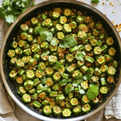 - 1 pound fresh okra, sliced into ½ inch pieces - 2 tablespoons vegetable oil - 1 teaspoon cumin seeds - 1 teaspoon mustard seeds - 1 small onion, finely chopped - 2 cloves garlic, minced - 1 tablespoon fresh ginger, grated - 1 teaspoon turmeric powder - 1 teaspoon coriander powder - 1 teaspoon garam masala - 1 teaspoon red chili powder (or adjust to your heat preference) - Salt, to taste - Fresh cilantro, chopped (for garnishing) - Lemon wedges for serving - Additional spices like fenugreek leaves or curry leaves Gathering the right ingredients makes cooking fun and easy. Fresh okra is key. It gives the dish its unique taste and texture. When you slice the okra, keep the pieces uniform. This helps them cook evenly. The spices add depth to the dish. Each one plays a vital role. Cumin seeds and mustard seeds give a great crunch and flavor burst. Onion, garlic, and ginger create a fragrant base. Their aroma fills your kitchen and makes cooking exciting. Turmeric, coriander, and garam masala add warmth and richness. Adjust the red chili powder to suit your spice level. Salt enhances all the flavors. Finally, fresh cilantro brightens the dish and adds color. For more zing, add lemon wedges when serving. They bring a fresh contrast to the spices. You can also try fenugreek leaves or curry leaves for extra flavor. These optional ingredients let you customize your dish. For the complete cooking experience, check out the Full Recipe. It will guide you through every step with ease. Enjoy the process, and have fun with your spicy curry fried okra! To prepare your okra, start by washing it well under cold water. This helps to remove dirt and any residue. Next, dry the okra with a clean towel. Then, slice the okra into ½ inch pieces. This size works best for cooking. For chopping the onion, make sure to cut it finely. This way, it cooks quickly and blends well with the spices. When you chop garlic and ginger, use a sharp knife. Mince them into small pieces for a strong flavor. Now, let’s get cooking! First, heat the vegetable oil in a large skillet over medium heat. Wait until the oil shimmers. Add the cumin and mustard seeds. They will start to pop, which takes about 30 seconds. This gives your dish a great flavor base. After that, add the chopped onion. Stir it for about 3-4 minutes until it turns translucent. This shows the onion is soft and ready for the next step. Then, add the minced garlic and grated ginger. Cook for one more minute until you smell their amazing aroma. Now, it’s time for the sliced okra. Gently fold it into the skillet. Cook for about 5 minutes, stirring occasionally. You want the okra to soften but still be a bit crunchy. Next, sprinkle turmeric, coriander, garam masala, red chili powder, and salt over the okra. Stir well to coat each piece with the spices. Continue cooking for another 8-10 minutes. Stir often to prevent sticking. The goal is tender okra with a slight crisp. Once cooked, take the skillet off the heat. Garnish the dish with fresh cilantro. Serve your spicy curry fried okra hot and enjoy! For the full recipe, check out the earlier section. To keep okra from being slimy, you need to dry it well. Wash the okra and pat it with a clean towel. Also, try not to crowd your skillet. If you add too much okra at once, steam forms, and it gets slimy. Coating the okra with spices evenly is key for great flavor. Start by mixing the spices in a bowl. After you add the okra to the skillet, sprinkle the spice mix over it. Stir well to coat each piece. This ensures every bite is packed with flavor. Spicy Curry Fried Okra pairs well with a side of steamed rice or naan. Both help balance the spice and add a nice texture. You could also serve it with a cooling yogurt sauce. For garnishing, fresh cilantro adds color and taste. You can also add lemon wedges for a zesty kick. Placing the okra in a shallow bowl helps show off its bright colors. This makes your dish look even more inviting. For the full recipe, check out the detailed instructions above. {{image_4}} If you want a vegan version of spicy curry fried okra, it's simple! You can swap a few ingredients. Use vegetable oil instead of any animal fat. Most spices like cumin and turmeric are already vegan-friendly. You might also want to add some chickpeas or lentils for extra protein. This keeps the dish filling and delicious without any meat. The heat level is easy to change. If you like it mild, cut back on the red chili powder. You can also add more turmeric and coriander to balance the flavors. For a spicier kick, try adding fresh chopped chilies or increase the chili powder. Remember, you can always start mild and add more heat as you taste. Different cultures have unique ways to enjoy okra. In Southern U.S. cooking, people often fry okra in cornmeal. In Indian cuisine, you might find okra cooked with yogurt or tomatoes for a different taste. In Middle Eastern dishes, they often mix okra with spices and serve it with rice. Explore these variations to find what you love most! For the full recipe, check out the details above. To keep your Spicy Curry Fried Okra fresh, let it cool down first. Once cooled, store leftovers in an airtight container. Place it in the refrigerator. It will last for about three days. Make sure to seal it well to avoid any odors. If you want to save some for later, freezing works great. Start by letting the okra cool completely. Next, pack it tightly in a freezer-safe bag. Try to remove as much air as you can. Label the bag with the date. This way, you can enjoy it for up to three months. To reheat, use a skillet for the best results. Heat the skillet over medium heat. Add a little oil to keep the okra from sticking. Cook for about 5-7 minutes, stirring often. This method helps keep the okra crispy. You can also use a microwave. Just cover it with a damp paper towel. Heat for 1-2 minutes, checking it often to avoid sogginess. For the full method, check out the Full Recipe. What can I substitute if I don’t have fresh okra? If you can’t find fresh okra, try using green beans. They give a nice crunch. You can also use zucchini, but it may be softer. Can I use frozen okra for this recipe? Yes, you can use frozen okra. Just thaw it first and pat it dry. This helps prevent excess moisture. How long does Spicy Curry Fried Okra last in the fridge? This dish stays good for about 3 to 4 days in the fridge. Keep it in an airtight container. Is it possible to prepare this dish ahead of time? You can prep the ingredients in advance. Chop the okra and spices, and store them. Cook it just before serving for the best taste. Caloric breakdown and health benefits of key ingredients Spicy Curry Fried Okra has many healthy benefits. One cup of okra has about 33 calories. It is high in fiber and low in carbs. It also has vitamins A and C. Spices like turmeric and garlic have health benefits too, like anti-inflammatory properties. How to make Spicy Curry Fried Okra healthier To make it healthier, use less oil. You can also add more vegetables like bell peppers or tomatoes. This increases fiber and nutrients without adding many calories. In this article, we explored how to make Spicy Curry Fried Okra. We covered the key ingredients, preparation methods, and cooking steps for the perfect texture. You learned tips to avoid sliminess and ideas for serving. We also discussed variations for different tastes and how to store leftovers. Enjoy experimenting with okra. Your kitchen can become a place of fun flavors and creativity! Keep this recipe handy for a tasty dish that is both healthy and satisfying.
