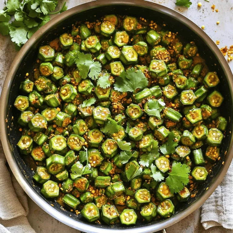- 1 pound fresh okra, sliced into ½ inch pieces - 2 tablespoons vegetable oil - 1 teaspoon cumin seeds - 1 teaspoon mustard seeds - 1 small onion, finely chopped - 2 cloves garlic, minced - 1 tablespoon fresh ginger, grated - 1 teaspoon turmeric powder - 1 teaspoon coriander powder - 1 teaspoon garam masala - 1 teaspoon red chili powder (or adjust to your heat preference) - Salt, to taste - Fresh cilantro, chopped (for garnishing) - Lemon wedges for serving - Additional spices like fenugreek leaves or curry leaves Gathering the right ingredients makes cooking fun and easy. Fresh okra is key. It gives the dish its unique taste and texture. When you slice the okra, keep the pieces uniform. This helps them cook evenly. The spices add depth to the dish. Each one plays a vital role. Cumin seeds and mustard seeds give a great crunch and flavor burst. Onion, garlic, and ginger create a fragrant base. Their aroma fills your kitchen and makes cooking exciting. Turmeric, coriander, and garam masala add warmth and richness. Adjust the red chili powder to suit your spice level. Salt enhances all the flavors. Finally, fresh cilantro brightens the dish and adds color. For more zing, add lemon wedges when serving. They bring a fresh contrast to the spices. You can also try fenugreek leaves or curry leaves for extra flavor. These optional ingredients let you customize your dish. For the complete cooking experience, check out the Full Recipe. It will guide you through every step with ease. Enjoy the process, and have fun with your spicy curry fried okra! To prepare your okra, start by washing it well under cold water. This helps to remove dirt and any residue. Next, dry the okra with a clean towel. Then, slice the okra into ½ inch pieces. This size works best for cooking. For chopping the onion, make sure to cut it finely. This way, it cooks quickly and blends well with the spices. When you chop garlic and ginger, use a sharp knife. Mince them into small pieces for a strong flavor. Now, let’s get cooking! First, heat the vegetable oil in a large skillet over medium heat. Wait until the oil shimmers. Add the cumin and mustard seeds. They will start to pop, which takes about 30 seconds. This gives your dish a great flavor base. After that, add the chopped onion. Stir it for about 3-4 minutes until it turns translucent. This shows the onion is soft and ready for the next step. Then, add the minced garlic and grated ginger. Cook for one more minute until you smell their amazing aroma. Now, it’s time for the sliced okra. Gently fold it into the skillet. Cook for about 5 minutes, stirring occasionally. You want the okra to soften but still be a bit crunchy. Next, sprinkle turmeric, coriander, garam masala, red chili powder, and salt over the okra. Stir well to coat each piece with the spices. Continue cooking for another 8-10 minutes. Stir often to prevent sticking. The goal is tender okra with a slight crisp. Once cooked, take the skillet off the heat. Garnish the dish with fresh cilantro. Serve your spicy curry fried okra hot and enjoy! For the full recipe, check out the earlier section. To keep okra from being slimy, you need to dry it well. Wash the okra and pat it with a clean towel. Also, try not to crowd your skillet. If you add too much okra at once, steam forms, and it gets slimy. Coating the okra with spices evenly is key for great flavor. Start by mixing the spices in a bowl. After you add the okra to the skillet, sprinkle the spice mix over it. Stir well to coat each piece. This ensures every bite is packed with flavor. Spicy Curry Fried Okra pairs well with a side of steamed rice or naan. Both help balance the spice and add a nice texture. You could also serve it with a cooling yogurt sauce. For garnishing, fresh cilantro adds color and taste. You can also add lemon wedges for a zesty kick. Placing the okra in a shallow bowl helps show off its bright colors. This makes your dish look even more inviting. For the full recipe, check out the detailed instructions above. {{image_4}} If you want a vegan version of spicy curry fried okra, it's simple! You can swap a few ingredients. Use vegetable oil instead of any animal fat. Most spices like cumin and turmeric are already vegan-friendly. You might also want to add some chickpeas or lentils for extra protein. This keeps the dish filling and delicious without any meat. The heat level is easy to change. If you like it mild, cut back on the red chili powder. You can also add more turmeric and coriander to balance the flavors. For a spicier kick, try adding fresh chopped chilies or increase the chili powder. Remember, you can always start mild and add more heat as you taste. Different cultures have unique ways to enjoy okra. In Southern U.S. cooking, people often fry okra in cornmeal. In Indian cuisine, you might find okra cooked with yogurt or tomatoes for a different taste. In Middle Eastern dishes, they often mix okra with spices and serve it with rice. Explore these variations to find what you love most! For the full recipe, check out the details above. To keep your Spicy Curry Fried Okra fresh, let it cool down first. Once cooled, store leftovers in an airtight container. Place it in the refrigerator. It will last for about three days. Make sure to seal it well to avoid any odors. If you want to save some for later, freezing works great. Start by letting the okra cool completely. Next, pack it tightly in a freezer-safe bag. Try to remove as much air as you can. Label the bag with the date. This way, you can enjoy it for up to three months. To reheat, use a skillet for the best results. Heat the skillet over medium heat. Add a little oil to keep the okra from sticking. Cook for about 5-7 minutes, stirring often. This method helps keep the okra crispy. You can also use a microwave. Just cover it with a damp paper towel. Heat for 1-2 minutes, checking it often to avoid sogginess. For the full method, check out the Full Recipe. What can I substitute if I don’t have fresh okra? If you can’t find fresh okra, try using green beans. They give a nice crunch. You can also use zucchini, but it may be softer. Can I use frozen okra for this recipe? Yes, you can use frozen okra. Just thaw it first and pat it dry. This helps prevent excess moisture. How long does Spicy Curry Fried Okra last in the fridge? This dish stays good for about 3 to 4 days in the fridge. Keep it in an airtight container. Is it possible to prepare this dish ahead of time? You can prep the ingredients in advance. Chop the okra and spices, and store them. Cook it just before serving for the best taste. Caloric breakdown and health benefits of key ingredients Spicy Curry Fried Okra has many healthy benefits. One cup of okra has about 33 calories. It is high in fiber and low in carbs. It also has vitamins A and C. Spices like turmeric and garlic have health benefits too, like anti-inflammatory properties. How to make Spicy Curry Fried Okra healthier To make it healthier, use less oil. You can also add more vegetables like bell peppers or tomatoes. This increases fiber and nutrients without adding many calories. In this article, we explored how to make Spicy Curry Fried Okra. We covered the key ingredients, preparation methods, and cooking steps for the perfect texture. You learned tips to avoid sliminess and ideas for serving. We also discussed variations for different tastes and how to store leftovers. Enjoy experimenting with okra. Your kitchen can become a place of fun flavors and creativity! Keep this recipe handy for a tasty dish that is both healthy and satisfying.