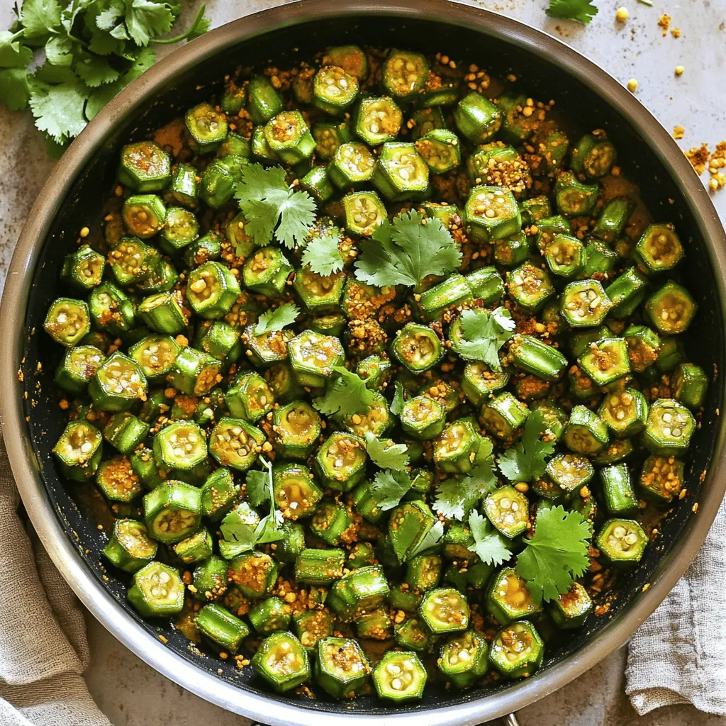 - 1 pound fresh okra, sliced into ½ inch pieces - 2 tablespoons vegetable oil - 1 teaspoon cumin seeds - 1 teaspoon mustard seeds - 1 small onion, finely chopped - 2 cloves garlic, minced - 1 tablespoon fresh ginger, grated - 1 teaspoon turmeric powder - 1 teaspoon coriander powder - 1 teaspoon garam masala - 1 teaspoon red chili powder (or adjust to your heat preference) - Salt, to taste - Fresh cilantro, chopped (for garnishing) - Lemon wedges for serving - Additional spices like fenugreek leaves or curry leaves Gathering the right ingredients makes cooking fun and easy. Fresh okra is key. It gives the dish its unique taste and texture. When you slice the okra, keep the pieces uniform. This helps them cook evenly. The spices add depth to the dish. Each one plays a vital role. Cumin seeds and mustard seeds give a great crunch and flavor burst. Onion, garlic, and ginger create a fragrant base. Their aroma fills your kitchen and makes cooking exciting. Turmeric, coriander, and garam masala add warmth and richness. Adjust the red chili powder to suit your spice level. Salt enhances all the flavors. Finally, fresh cilantro brightens the dish and adds color. For more zing, add lemon wedges when serving. They bring a fresh contrast to the spices. You can also try fenugreek leaves or curry leaves for extra flavor. These optional ingredients let you customize your dish. For the complete cooking experience, check out the Full Recipe. It will guide you through every step with ease. Enjoy the process, and have fun with your spicy curry fried okra! To prepare your okra, start by washing it well under cold water. This helps to remove dirt and any residue. Next, dry the okra with a clean towel. Then, slice the okra into ½ inch pieces. This size works best for cooking. For chopping the onion, make sure to cut it finely. This way, it cooks quickly and blends well with the spices. When you chop garlic and ginger, use a sharp knife. Mince them into small pieces for a strong flavor. Now, let’s get cooking! First, heat the vegetable oil in a large skillet over medium heat. Wait until the oil shimmers. Add the cumin and mustard seeds. They will start to pop, which takes about 30 seconds. This gives your dish a great flavor base. After that, add the chopped onion. Stir it for about 3-4 minutes until it turns translucent. This shows the onion is soft and ready for the next step. Then, add the minced garlic and grated ginger. Cook for one more minute until you smell their amazing aroma. Now, it’s time for the sliced okra. Gently fold it into the skillet. Cook for about 5 minutes, stirring occasionally. You want the okra to soften but still be a bit crunchy. Next, sprinkle turmeric, coriander, garam masala, red chili powder, and salt over the okra. Stir well to coat each piece with the spices. Continue cooking for another 8-10 minutes. Stir often to prevent sticking. The goal is tender okra with a slight crisp. Once cooked, take the skillet off the heat. Garnish the dish with fresh cilantro. Serve your spicy curry fried okra hot and enjoy! For the full recipe, check out the earlier section. To keep okra from being slimy, you need to dry it well. Wash the okra and pat it with a clean towel. Also, try not to crowd your skillet. If you add too much okra at once, steam forms, and it gets slimy. Coating the okra with spices evenly is key for great flavor. Start by mixing the spices in a bowl. After you add the okra to the skillet, sprinkle the spice mix over it. Stir well to coat each piece. This ensures every bite is packed with flavor. Spicy Curry Fried Okra pairs well with a side of steamed rice or naan. Both help balance the spice and add a nice texture. You could also serve it with a cooling yogurt sauce. For garnishing, fresh cilantro adds color and taste. You can also add lemon wedges for a zesty kick. Placing the okra in a shallow bowl helps show off its bright colors. This makes your dish look even more inviting. For the full recipe, check out the detailed instructions above. {{image_4}} If you want a vegan version of spicy curry fried okra, it's simple! You can swap a few ingredients. Use vegetable oil instead of any animal fat. Most spices like cumin and turmeric are already vegan-friendly. You might also want to add some chickpeas or lentils for extra protein. This keeps the dish filling and delicious without any meat. The heat level is easy to change. If you like it mild, cut back on the red chili powder. You can also add more turmeric and coriander to balance the flavors. For a spicier kick, try adding fresh chopped chilies or increase the chili powder. Remember, you can always start mild and add more heat as you taste. Different cultures have unique ways to enjoy okra. In Southern U.S. cooking, people often fry okra in cornmeal. In Indian cuisine, you might find okra cooked with yogurt or tomatoes for a different taste. In Middle Eastern dishes, they often mix okra with spices and serve it with rice. Explore these variations to find what you love most! For the full recipe, check out the details above. To keep your Spicy Curry Fried Okra fresh, let it cool down first. Once cooled, store leftovers in an airtight container. Place it in the refrigerator. It will last for about three days. Make sure to seal it well to avoid any odors. If you want to save some for later, freezing works great. Start by letting the okra cool completely. Next, pack it tightly in a freezer-safe bag. Try to remove as much air as you can. Label the bag with the date. This way, you can enjoy it for up to three months. To reheat, use a skillet for the best results. Heat the skillet over medium heat. Add a little oil to keep the okra from sticking. Cook for about 5-7 minutes, stirring often. This method helps keep the okra crispy. You can also use a microwave. Just cover it with a damp paper towel. Heat for 1-2 minutes, checking it often to avoid sogginess. For the full method, check out the Full Recipe. What can I substitute if I don’t have fresh okra? If you can’t find fresh okra, try using green beans. They give a nice crunch. You can also use zucchini, but it may be softer. Can I use frozen okra for this recipe? Yes, you can use frozen okra. Just thaw it first and pat it dry. This helps prevent excess moisture. How long does Spicy Curry Fried Okra last in the fridge? This dish stays good for about 3 to 4 days in the fridge. Keep it in an airtight container. Is it possible to prepare this dish ahead of time? You can prep the ingredients in advance. Chop the okra and spices, and store them. Cook it just before serving for the best taste. Caloric breakdown and health benefits of key ingredients Spicy Curry Fried Okra has many healthy benefits. One cup of okra has about 33 calories. It is high in fiber and low in carbs. It also has vitamins A and C. Spices like turmeric and garlic have health benefits too, like anti-inflammatory properties. How to make Spicy Curry Fried Okra healthier To make it healthier, use less oil. You can also add more vegetables like bell peppers or tomatoes. This increases fiber and nutrients without adding many calories. In this article, we explored how to make Spicy Curry Fried Okra. We covered the key ingredients, preparation methods, and cooking steps for the perfect texture. You learned tips to avoid sliminess and ideas for serving. We also discussed variations for different tastes and how to store leftovers. Enjoy experimenting with okra. Your kitchen can become a place of fun flavors and creativity! Keep this recipe handy for a tasty dish that is both healthy and satisfying.