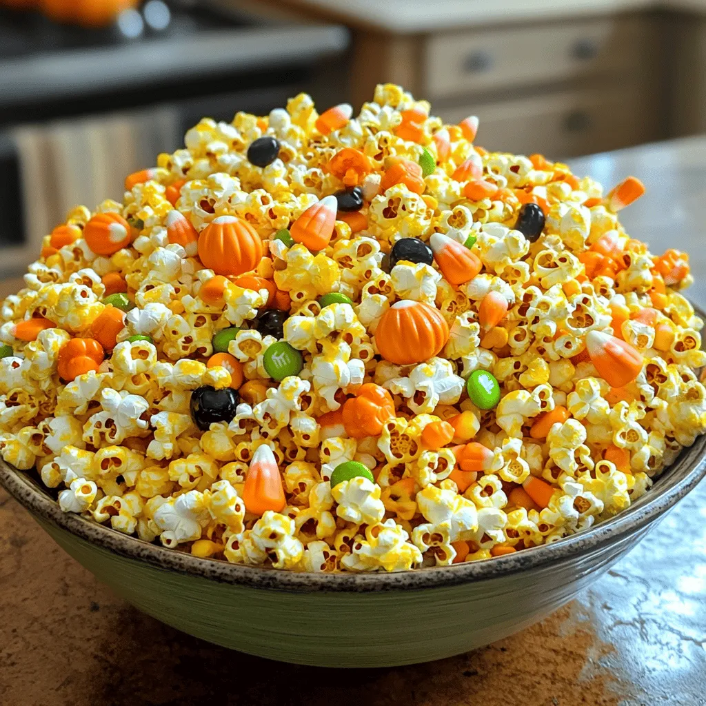 - 10 cups popped popcorn - 1 cup candy corn - 1 cup assorted Halloween candies - 1 cup unsalted butter - 2 cups granulated sugar - 1/2 cup light corn syrup - 1 teaspoon vanilla extract - 1/4 teaspoon baking soda - Food color gel (orange and green) - Sea salt (optional, for garnishing) Each ingredient plays a key role in making this treat special. The popcorn provides a light, crunchy base. Candy corn and assorted Halloween candies add sweetness and fun colors. The candy coating gives every bite a rich, sweet flavor. The butter, sugar, and corn syrup create a sticky mix that holds it all together. The vanilla adds warmth, while the baking soda makes the coating puff up. This gives a unique texture. Food color gels bring vibrant, spooky hues to the treat. Orange and green are perfect for Halloween. A sprinkle of sea salt can balance the sweetness, enhancing the flavor profile. To make this treat even more fun, think about your favorite candies. You can mix in chocolate pumpkins or spooky gummies. This way, you can customize the taste and texture to your liking. Check the full recipe for more details. To start, you need to pop the kernels. I like using an air-popper for a quick, clean pop. If you prefer, you can use a stovetop or microwave too. Just follow the method that works best for you. Once you have your popcorn, transfer it to a large bowl. Next, check for any unpopped kernels. You want to remove these to avoid any surprises while snacking. Take your time with this step; it matters for safety and enjoyment. Now it’s time to make the candy coating. In a medium saucepan, melt the unsalted butter over medium heat. Watch it closely until it’s fully liquefied. Once melted, stir in the granulated sugar and light corn syrup. Mix until smooth and combined. It should look glossy and inviting. Next, bring the mixture to a gentle boil. Let it bubble for about 4-5 minutes without stirring. You want to see it turn a light golden color to know it's ready. After that, remove the pan from the heat. Stir in the vanilla extract and baking soda carefully. This will make the mixture bubble up, creating a fun frothy texture. Now, it’s time to add some color. Divide the melted candy coating into two bowls. Tint one bowl with orange food color gel and the other with green. Mix well until it’s fully combined. With your colorful coatings ready, drizzle the orange over half of the popcorn and the green over the other half. Use wooden spoons to toss the popcorn gently. This ensures every piece gets coated nicely. While the popcorn is still warm, fold in the candy corn and assorted Halloween candies. This step makes it fun with surprises in every bite! Finally, spread the popcorn mixture onto a lined baking sheet. Let it cool and set at room temperature. Once it’s firm, break it into clusters and transfer to a serving bowl. For extra flavor, sprinkle a light dusting of sea salt if you like. For the complete list of ingredients and instructions, refer to the Full Recipe. The best way to pop popcorn is to use an air popper. It gives you fluffy popcorn without added oil. If you don’t have one, you can use the stovetop. Heat a large pot with a little oil, add the kernels, and cover it with a lid. Shake the pot gently to avoid burning. To ensure even coating, drizzle the candy mixture slowly over the popcorn. Use a large spoon to stir gently and coat all pieces. Tossing the popcorn in batches helps too. This way, every piece gets a nice coat of that sweet candy. Food color gels work really well for bright colors. They mix better than liquid dyes. Start with a small amount of gel and add more as needed. Orange and green are perfect for Halloween. You can even mix them for different shades. Choose color combinations that pop! Think about classic Halloween colors like purple and black. Mixing colors can make your popcorn look festive and fun. Adding flavor can take your candy coating to the next level. Try adding a pinch of cinnamon or nutmeg for a warm taste. You can also use flavored extracts like almond or orange for a twist. For alternative candies, think outside the box! Try mini chocolate bars, gummy worms, or even pretzels. These mix-ins add crunch and surprise to every bite. For the full recipe, check out the details above and get ready to impress your guests! {{image_4}} You can change the Halloween candies for your popcorn. Use your favorite treats! Try mini chocolate bars, gummy worms, or even chocolate-covered pretzels. Each candy brings a new flavor and texture. You can also add nuts or dried fruits. Almonds or cashews give a nice crunch. Dried cranberries or raisins add a sweet touch. Mixing these in makes every bite a surprise. Flavored extracts can take your popcorn to a new level. Use almond or orange extract for a fun twist. Just a few drops can change the taste. You can also play with colors! Use red and white for Christmas or pastels for Easter. These changes make your popcorn perfect for any holiday. Get creative with flavors and colors to match the season. How you serve your popcorn can make it special. For Halloween, fill clear bags with popcorn and tie them with ribbons. This makes great party favors! You could also use fun bowls or jars to display your treat. A colorful centerpiece at your party will grab attention. For gifts, try decorative boxes or tins. Everyone loves a sweet surprise! To keep your candy-coated popcorn fresh, store any leftovers in an airtight container. This helps seal in the flavors and keeps the popcorn crisp. Make sure the container is completely dry before adding the popcorn. Moisture can ruin the texture and taste. You can also use a resealable plastic bag. Just press out as much air as you can before sealing. Yes, you can freeze candy-coated popcorn! It’s best to freeze it in an airtight container to prevent freezer burn. Make sure the popcorn is fully cooled before freezing. When you want to enjoy it, take it out and let it thaw at room temperature. Avoid microwaving it to thaw, as this can make the coating sticky. Candy-coated popcorn lasts about 1 week when stored properly. You will know it has gone bad if it becomes stale or loses its crunch. Look out for any signs of mold or off smells. If you notice these, it’s best to throw it away. Keeping it in a cool, dry place will help extend its freshness. How do I make candy-coated popcorn less sticky? To make candy-coated popcorn less sticky, you can add a bit of sea salt. This helps balance the sweetness. Also, ensure the popcorn cools completely before storing. If you store it while warm, the moisture can make it stickier. Can I use other popcorn types besides regular popcorn? Yes, you can use any popcorn type. Air-popped, kettle corn, or microwave popcorn all work. Just be careful with flavors in pre-packaged popcorn. Choose something that complements the candy coating. Is this recipe gluten-free? Yes, this recipe is gluten-free. All the ingredients are naturally free of gluten. Just check the candy labels to ensure no hidden gluten. Suggestions for vegan-friendly options To make this recipe vegan, swap butter for a plant-based alternative. Use vegan-friendly candies, like dark chocolate or gummy candies. Ensure all ingredients fit your dietary needs. What drinks pair well with candy-coated popcorn? Candy-coated popcorn pairs well with sweet drinks. Try hot apple cider or a creamy pumpkin spice latte. For something cold, a fizzy apple soda is a fun choice. Can I use this recipe for other events besides Halloween? Absolutely! This recipe works well for birthday parties, movie nights, or any festive occasion. Just change the colors and candies to fit the theme. We explored the fun of making candy-coated popcorn. We covered the ingredients, like popcorn and candies, and the steps for a tasty treat. Together, we looked at tips for color and flavor, storage solutions, and creative variations. This recipe isn’t just for Halloween; it can fit any celebration. You now have all the tools to make this sweet snack. Get creative, and enjoy making it with friends and family!