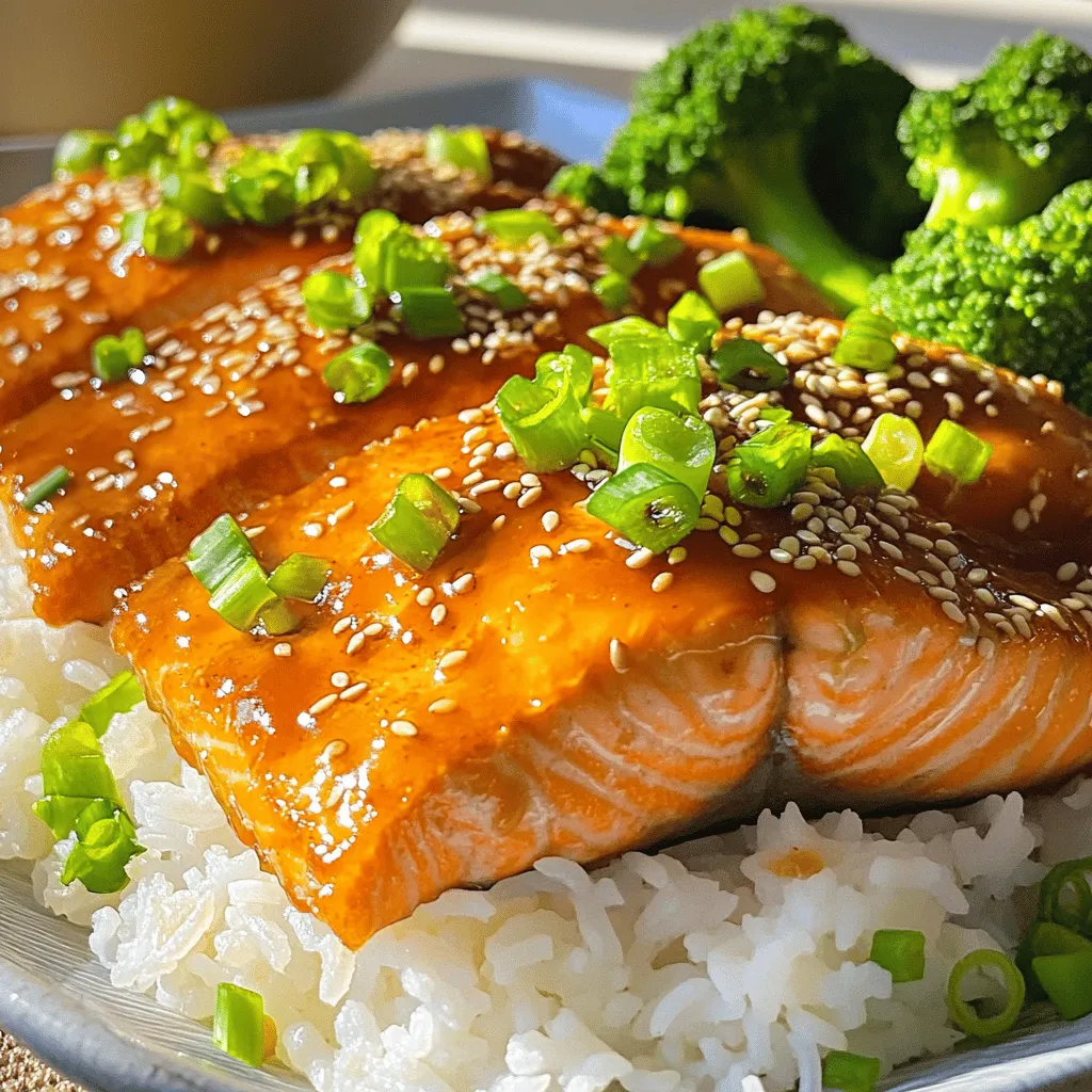 - 4 salmon fillets (approximately 6 oz each) - ¼ cup low-sodium soy sauce - ¼ cup honey or maple syrup - 2 tablespoons rice vinegar - 2 teaspoons sesame oil - 2 cloves garlic, minced - 1 teaspoon fresh ginger, finely grated - 1 tablespoon sesame seeds - 3 green onions, finely chopped - Steamed broccoli and rice, for serving Gather these ingredients before you start cooking. The salmon fillets will be the star of your dish. I recommend using fresh salmon for the best taste. Low-sodium soy sauce helps balance flavors without too much salt. Honey or maple syrup adds a nice sweetness that pairs well with the savory soy sauce. Rice vinegar gives a little tang to the marinade, while sesame oil adds a rich, nutty flavor. Fresh garlic and ginger bring a burst of freshness that lifts the dish. To finish, you can use sesame seeds and green onions as garnishes. These add color and a bit of crunch. You can also serve your salmon with steamed broccoli and rice. This makes a complete meal that is both healthy and delicious. For the full recipe, check out the details mentioned above. - Preheat the oven to 375°F (190°C). - In a bowl, mix low-sodium soy sauce, honey (or maple syrup), rice vinegar, sesame oil, minced garlic, and fresh ginger. This marinade will add great flavor to the salmon. - Place the salmon fillets in a shallow dish. - Pour the marinade over the fillets. Make sure each piece gets coated. Let it sit for 15-20 minutes. This allows the salmon to soak up those delicious flavors. - Line a baking sheet with parchment paper or foil. - Carefully move the marinated salmon to the baking sheet, skin-side down. Drizzle any leftover marinade on top. - Bake the salmon for the first 15 minutes. This helps the salmon cook through and absorb the marinade. - After 15 minutes, take the baking sheet out. Drizzle the cornstarch slurry over the salmon. This will thicken the sauce. - Return the salmon to the oven and bake for another 5-10 minutes. The salmon should flake easily with a fork, and the top will be nicely caramelized. Follow these steps for a tasty Baked Teriyaki Salmon. For the full details, check out the Full Recipe. To make your baked teriyaki salmon truly shine, focus on two key steps: marination and doneness. - Ensuring proper marination time: Let the salmon sit in the marinade for at least 15-20 minutes. This lets the flavors soak in deeply. For an even richer taste, you could marinate it up to 30 minutes. Just be careful not to exceed this time, as too much soy sauce can overpower the fish. - Checking for doneness: Salmon is done when it flakes easily with a fork. An internal temperature of 145°F (63°C) ensures it is safe to eat. If you see the flesh turning from bright pink to a lighter shade, that’s a good sign it's cooked through. Pair your salmon with simple sides to create a delicious meal. - Pairing with sides like rice and vegetables: Steamed rice and broccoli go perfectly with teriyaki salmon. The rice soaks up the sauce, while the veggies add color and crunch. You can also try asparagus or green beans for variety. - Presentation tips for an appealing dish: Serve the salmon on a bed of rice. Drizzle with extra sauce and sprinkle with sesame seeds and green onions. This adds flair and makes your plate look restaurant-quality. Even the best cooks can make simple mistakes. Here are a few to watch out for. - Overcooking the salmon: Salmon can dry out quickly. Keep an eye on the clock and check for doneness often. If in doubt, take it out! - Skipping the marinating phase: Don’t rush this step. The marinade is key to flavor. If you skip it, your salmon may taste bland. For a complete recipe, check out the Full Recipe section. {{image_4}} You can easily change a few ingredients to suit your taste. For sweetness, try using agave or brown sugar instead of honey. Both options work well and add new flavors. If you want to switch up the fish, consider using trout or tilapia. These fish can soak up the teriyaki sauce nicely. Want to add some kick? Sprinkle in chili flakes before baking. This will give your salmon a nice heat. You can also add a splash of lime or orange juice to the marinade. The citrus brightens the dish and adds a fresh twist. To make your meal more complete, serve the salmon with a fresh side salad. A mix of greens and colorful veggies pairs well. You can also experiment with different sauces. Try using teriyaki variations like pineapple or garlic teriyaki for a fun change. These small tweaks can change the whole meal experience! For the full recipe, check out the [Full Recipe]. To keep your baked teriyaki salmon fresh, let it cool first. Wrap it tightly in plastic wrap or foil. This helps keep it from drying out. Use an airtight container for better storage. Glass or plastic containers work well. Label the container with the date for easy tracking. When it’s time to enjoy your leftovers, reheating is key. The best method is to use the oven. Preheat it to 275°F (135°C). Place the salmon in a baking dish with a splash of water. Cover it with foil. Heat for about 15 minutes. This keeps the fish moist and delicious. You can also use a microwave. Heat it gently for 30 seconds at a time. Check often to avoid overcooking. Yes, you can freeze baked salmon. Wrap it well in plastic wrap. Then, place it in a freezer bag or airtight container. It can last up to three months in the freezer. When you're ready to eat it, thaw it in the fridge overnight. For a quick option, place it in cold water for about an hour. After thawing, you can reheat it using the methods above. Enjoy your tasty salmon anytime! The best way to marinate salmon is to use a mix of flavors. I like to use soy sauce, honey, rice vinegar, sesame oil, garlic, and ginger. This mix adds sweetness and depth. Place the salmon in a shallow dish. Pour the marinade over the fish and cover it. Let it sit for at least 15-20 minutes. This time allows the salmon to soak in the flavors well. I recommend cooking salmon in the oven for about 20-25 minutes. The first 15 minutes should be at 375°F. This cooks the fish through. After that, add a cornstarch slurry for a thicker sauce and bake for another 5-10 minutes. The salmon is done when it flakes easily with a fork. Yes, you can use fresh salmon fillets instead of frozen. Fresh salmon will have a better texture and flavor. Just ensure that it is properly handled and stored. The marinating process works the same way for both fresh and frozen fillets. Teriyaki salmon pairs well with steamed broccoli and rice. These sides balance the rich flavor of the fish. You can also serve it with a fresh salad or stir-fried vegetables. For a fun twist, add some sesame seeds and green onions as a garnish. For the full recipe, check out the detailed instructions above. You learned how to make baked teriyaki salmon with simple steps. We discussed key ingredients, like salmon and soy sauce, and essential garnishes. I shared tips for marinating and baking the salmon perfectly. I also highlighted variations and storage tips for your leftovers. Enjoy your flavorful meal! Experiment with the recipe and find your own twist. Baked teriyaki salmon can be a fun dish to share with friends and family. Happy cooking!