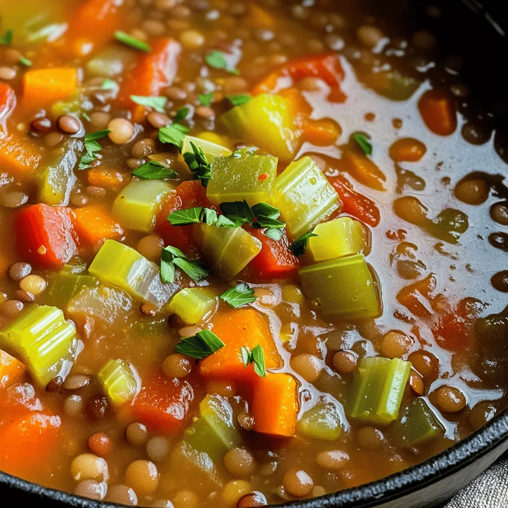 - 1 cup dried green or brown lentils - 1 medium onion - 2 cloves garlic - 2 medium carrots - 2 stalks celery - 1 red bell pepper - 1 can diced tomatoes (14 oz) - 6 cups vegetable broth - 2 teaspoons ground cumin - 1 teaspoon smoked paprika - 1 teaspoon dried thyme - 1 bay leaf - 2 tablespoons olive oil - Salt and pepper - Fresh parsley for garnishing The main ingredients in this vegan lentil soup create a hearty and filling dish. Lentils are packed with protein, fiber, and iron, making them a superstar in plant-based meals. Using fresh vegetables adds flavor and nutrients. I love to use onion and garlic for their strong taste and health benefits. - Additional spices (e.g., red pepper flakes for heat) - Coconut milk for creaminess - Leafy greens (spinach or kale for added nutrition) You can customize your soup with these optional ingredients. Adding red pepper flakes gives it a nice kick. Coconut milk adds a rich, creamy texture while keeping it vegan. Leafy greens, like spinach or kale, boost the nutrition and color. Feel free to mix and match! For the complete dish, check out the [Full Recipe]. - Warm olive oil in a large pot over medium heat. - Sauté onion until it turns transparent. - Add garlic and cook until fragrant. Start by warming the olive oil. This gets the pot ready for all the great flavors ahead. Next, toss in the chopped onion. Cook it until it becomes clear. This usually takes about five minutes. The smell will fill your kitchen. After that, add the minced garlic. Stir it in for one more minute. You want to release that lovely garlic aroma. - Add diced vegetables and sauté until softened. - Stir in spices and let cook for a minute. - Incorporate lentils, tomatoes, and broth, then bring to a boil. Now it's time to add the diced carrots, celery, and red bell pepper. Cook these veggies until they soften, which takes about five to seven minutes. Stir often to keep everything cooking evenly. After that, sprinkle in the spices: ground cumin, smoked paprika, and dried thyme. Let them cook for a minute to deepen their flavors. Now, add the rinsed lentils, diced tomatoes (with their juices), and vegetable broth. Bring this mixture to a boil. The pot will bubble, and soon you’ll have a warm soup! - Reduce heat and cover, simmer for 30-35 minutes. - Remove bay leaf and adjust seasoning. - Blend for a creamy texture if desired. Once it boils, turn the heat down low. Cover the pot and let it simmer for about 30 to 35 minutes. This will soften the lentils. After simmering, remove the bay leaf. Taste the soup and add salt and pepper as needed. If you like a creamier soup, grab an immersion blender. Blend part of the soup until you reach your desired texture. If you prefer it chunky, leave it as is. For the full recipe, check the details above. Enjoy your warm bowl of vegan lentil soup! To make your vegan lentil soup even better, consider using homemade vegetable broth. It gives the soup a rich, deep flavor. Store-bought broth can work too, but homemade broth shines. A splash of lemon juice or vinegar before serving adds a bright note. This helps balance the flavors and makes every bite pop. You can blend the soup to your desired texture. If you like it creamy, blend a portion until smooth. If you prefer it chunky, leave it as is. You can also play with the cooking time. Smaller lentils cook faster, while larger ones take a bit longer. Just keep an eye on them to avoid overcooking. Garnishing your soup makes it look inviting. Top it with slices of avocado or a spoonful of vegan yogurt for added creaminess. Fresh herbs like parsley add a burst of flavor and color. Serve your soup with fresh crusty bread for dipping. That combination makes each meal even more delightful. For the full recipe, check the section above. {{image_4}} You can spice things up with this variation. Add red pepper flakes or diced jalapeños for heat. For a smoky twist, include chipotle peppers in adobo sauce. This will give your soup a deep, rich flavor that warms you from the inside out. If you prefer a creamy texture, try blending in coconut milk or cashew cream. This makes the soup smooth and rich. You can also add pureed white beans. They boost creaminess and add more protein, making your soup filling and satisfying. For a nutritious boost, stir in fresh spinach or kale toward the end of cooking. These greens add color and nutrients. You can also incorporate Swiss chard for an earthy flavor. This not only enhances taste but also makes your meal more wholesome. For the full recipe, check out the [Full Recipe]. After you enjoy your Vegan Lentil Soup, store any leftovers in an airtight container. You can refrigerate it for up to 5 days. Make sure to cool the soup completely before you put it in the fridge. This step helps keep it fresh and tasty. If you want to save some soup for later, freezing is a great option. Portion the soup into freezer-safe containers. You can freeze it for up to 3 months. When you are ready to eat, thaw the soup overnight in the refrigerator. This way, it stays safe and delicious. Reheating your soup is easy. You can warm it on the stovetop with a splash of water or broth to keep it moist. If you prefer the microwave, heat it in short intervals. Stir in between to ensure even heating. This keeps the flavors intact and the soup warm. Yes, you can use canned lentils. Canned lentils save time, but they differ from dried ones. Dried lentils need to be rinsed and cooked. Canned lentils are soft and ready to eat. If you use them, cut the cooking time by half. Add them towards the end of the cooking process. This way, they stay intact and don't turn mushy. Vegan lentil soup is very healthy! Lentils are full of protein, fiber, and iron. They help keep you full and support digestion. They also lower the risk of heart disease. The veggies add vitamins and minerals. Carrots provide beta-carotene, and tomatoes give you antioxidants. This soup is a complete meal in one bowl. There are easy ways to thicken your soup. One method is to blend some soup with an immersion blender. Blend until smooth, then mix it back in. This gives a creamy texture without adding dairy. Another option is to add starch. You can use cornstarch or potato. Mix a tablespoon with water, then stir it into the soup. Let it cook for a few extra minutes. This blog post covered a hearty vegan lentil soup recipe packed with veggies and spices. We explored the main and optional ingredients, step-by-step instructions, tips to enhance flavor, and variations to keep it fresh. You can store leftovers easily or freeze them for later. Enjoy experimenting, and remember that each ingredient adds its own touch. Make this soup your own and share it with loved ones. It's healthy, tasty, and simple to prepare. Dive into your cooking adventure and let the flavors shine!