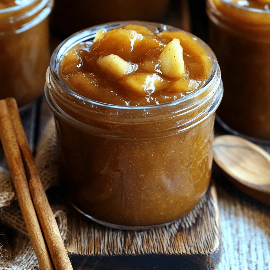 - 6 medium-sized apples (preferably Granny Smith or Honeycrisp), peeled, cored, and diced - 1 cup granulated sugar (adjust according to your sweetness preference) - 1/2 cup packed brown sugar - 1 tablespoon ground cinnamon - 1/2 teaspoon ground nutmeg - 1/4 teaspoon ground cloves - 1/4 teaspoon salt - 1 tablespoon fresh lemon juice - 1/2 cup unsweetened applesauce (optional, for an ultra-smooth texture) To make slow cooker apple butter, gather these simple ingredients. The apples are the star of the show. I love using Granny Smith or Honeycrisp apples. They balance sweetness and tartness well. Next, we need sugar. White sugar adds sweetness, while brown sugar gives a rich flavor. The spices make everything taste cozy. Cinnamon is key, but nutmeg and cloves add warmth. Lemon juice brightens the mix. It helps with flavor and keeps the apples fresh. If you want super smooth apple butter, add applesauce. Choosing good quality ingredients makes a big difference. Fresh apples and pure spices elevate the taste. Enjoy the process of gathering your ingredients! It sets the stage for a delightful cooking experience. For the full recipe, check out Heavenly Slow Cooker Apple Butter. - Peel, core, and dice the apples: Start with six medium-sized apples. I love using Granny Smith or Honeycrisp for their great taste. Once you peel and core them, cut them into small pieces. - Place diced apples in a slow cooker: After dicing, put all the apples in your slow cooker. This is where the magic happens! - Sprinkle sugars and spices over apples: Next, grab one cup of granulated sugar and half a cup of brown sugar. Sprinkle both over the apples. Then, add in one tablespoon of ground cinnamon, half a teaspoon of nutmeg, a quarter teaspoon of ground cloves, and a quarter teaspoon of salt. - Stir ingredients until well-coated: Use a large spoon to mix everything together. Make sure all the apples are coated with the sugars and spices. This step adds rich flavors! - Add lemon juice and optional applesauce: Pour in one tablespoon of fresh lemon juice. If you want your apple butter super smooth, add half a cup of unsweetened applesauce. Mix it all well. - Cover and set the slow cooker to low for 8 hours: Finally, cover your slow cooker with its lid. Set it to low and let it cook for eight hours. This long cooking time softens the apples and brings out their sweet flavor. For the full recipe, check out the details above. Enjoy making your own apple butter! To make your apple butter smooth, use an immersion blender. It blends right in the slow cooker. If you don’t have one, a countertop blender works too. Just be careful when transferring the hot mix. You can adjust sweetness by adding more sugar if needed. Taste it after blending. If it’s not sweet enough, add a bit more. For spice, add more cinnamon or nutmeg to match your taste. If your apple butter seems thin, you can cook it uncovered. Let it simmer for one extra hour. This helps it thicken nicely. To check the thickness, use a spoon. When it coats the back, you’re good to go. If it runs off quickly, give it more time. To keep your apple butter fresh, you must sterilize your jars. Start by washing them in hot soapy water. Then, place them in boiling water for ten minutes. Fill the jars while the apple butter is warm. This keeps air from getting in. Seal the jars tightly once they cool to help preserve the flavor. {{image_4}} To make your apple butter even better, try adding a splash of vanilla extract. This small tweak gives a rich, warm note. You can also mix in other spices like ginger or allspice. Each choice adds depth to the flavor. Different apple varieties create different tastes. Granny Smith apples offer tartness, while Honeycrisp brings sweetness. Mixing apples can give a balanced flavor that excites your taste buds. If you're looking to cut calories, reduce the sugar. Start with half a cup of granulated sugar and taste as you go. This way, you can control the sweetness. Another option is to use honey or maple syrup instead of sugar. These natural sweeteners add a unique flavor and can make your recipe healthier. Apple butter pairs perfectly with baked goods. Try it on warm muffins or scones for a tasty treat. You can also spread it on toast for a delightful breakfast. For a fun twist, use apple butter in savory dishes. It works well as a glaze on pork or chicken. It adds sweetness and depth, making your meal shine. You can keep your apple butter in the fridge for up to two weeks. This tasty treat stays fresh if you store it in a clean, airtight container. Make sure to seal the lid tightly. This helps prevent air from getting in and spoiling your apple butter. For long-term storage, you can use two methods: water bath canning and freezing. - Water bath canning: This method can help you store apple butter for up to a year. Make sure to use sterilized jars. Fill them with hot apple butter, leaving some space at the top. Seal the jars and process them in boiling water for about 10 minutes. This step is key to kill any bacteria. - Freezing: If you choose to freeze the apple butter, pour it into freezer-safe containers. Leave some space at the top, as the apple butter will expand when it freezes. You can store it for up to six months in the freezer. It’s important to check for signs that your apple butter has gone bad. - Signs of spoilage: Look for mold on the surface or an off smell. If the apple butter has changed color or texture, it may not be safe to eat. - Tips for maintaining freshness: Always use clean utensils when scooping out apple butter. This keeps bacteria from getting into the jar. Store it in the coldest part of the fridge to keep it fresh longer. Making Slow Cooker Apple Butter takes about 8 hours and 15 minutes. - Prep time: 15 minutes - Cook time: 8 hours on low In just a short time, you can enjoy the warm, sweet smell of apples cooking. The long cooking time helps the apples break down and mix with the spices. This creates a rich and smooth butter that brightens your kitchen. Yes, you can use other types of apples! Granny Smith and Honeycrisp are my favorites. They balance tartness and sweetness well. Other good choices include Fuji, Gala, and Jonathan apples. Each type gives a unique flavor. Mixing different apples can make your butter even better. You can use leftover apple butter in many tasty ways! - Spread it on toast or pancakes. - Stir it into yogurt or oatmeal. - Use it as a filling for pies or pastries. - Mix it into muffins or bread for extra flavor. Apple butter is so versatile. You can even enjoy it as a glaze on meats. The options are endless! For more ideas, check the Full Recipe for inspiration. In this article, we covered making delicious slow cooker apple butter. You learned about essential ingredients, step-by-step instructions, and how to achieve great consistency. I shared tips on flavor variations and smart storage methods to keep it fresh. Creating apple butter is simple and rewarding. With your unique twists, you can make it truly special. Enjoy your homemade treat on toast or in recipes. Happy cooking!
