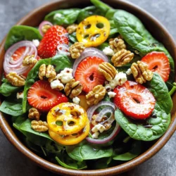 - 4 cups fresh spinach - 1 cup strawberries - 1/4 red onion - 1/2 cup walnuts - 1/4 cup feta cheese - 1/4 cup balsamic vinegar - 2 tablespoons extra virgin olive oil - 1 tablespoon honey - Salt and freshly ground black pepper You need fresh ingredients for this salad. Start with 4 cups of fresh spinach. It gives a nice base. Then, add 1 cup of strawberries. Slice them into thin rounds for easy eating. The sweet strawberries pair well with greens. Next, you will need 1/4 of a red onion. Slice it thinly to add a slight bite. For crunch, include 1/2 cup of walnuts. Toast them lightly to bring out the flavor. Finally, you will want 1/4 cup of feta cheese. Crumble it into small pieces. This cheese adds creaminess. Now, let’s make the dressing. You will need 1/4 cup of balsamic vinegar. Choose a high-quality one for better taste. Next, add 2 tablespoons of extra virgin olive oil. This oil adds richness. Then, mix in 1 tablespoon of honey. Honey gives the dressing a sweet touch. Don’t forget to add salt and freshly ground black pepper to taste. Combine all these ingredients for a fresh and tasty meal. Check the full recipe for more details. To start, grab a small mixing bowl. In it, whisk together the balsamic vinegar, extra virgin olive oil, honey, a pinch of salt, and some freshly ground black pepper. Whisk until the mix is well-blended. This dressing will add great flavor to the salad. Next, take a large mixing bowl. Add 4 cups of fresh spinach leaves. Then, layer on 1 cup of sliced strawberries, 1/2 cup of lightly toasted walnuts, 1/4 cup of crumbled feta cheese, and 1/4 of a finely sliced red onion. Make sure to distribute everything evenly. This will make your salad look colorful and inviting. Now, drizzle the dressing over the salad. Use salad tongs or two large spoons to gently toss everything together. Make sure each piece of salad is coated with dressing. After that, taste the salad. Adjust the seasoning if needed by adding more salt or black pepper. Serve the salad right away to enjoy it fresh. You can find the full recipe [here](#). Toasting walnuts boosts their taste. Heat a skillet over medium heat. Add the walnuts and stir them often. You want them to turn a light brown. This step takes about five minutes. The warm, nutty flavor will make your salad shine. Make your salad visually appealing. Layer the spinach, strawberries, walnuts, feta, and onion in clear bowls. This way, you can see all the bright colors. You can also garnish with whole strawberries and a sprinkle of feta. It makes every plate look fancy! Feel free to change the recipe to fit your taste. If you love strawberries, add more! Want less feta? Just use a little. You can also swap walnuts for pecans or almonds. This salad can be your canvas for flavors! {{image_4}} You can change this salad based on what is fresh. Try adding blueberries or apples. Both fruits add a sweet burst. Blueberries give a nice pop of color, while apples add a crisp texture. You can use any apple you like, but a tart one works best. These additions keep the salad exciting all year round. Different dressings can change the flavor of your salad. Honey mustard dressing is a great choice. It has a sweet and tangy taste that pairs well with the spinach. You could also try a yogurt-based dressing. This option adds creaminess without too many calories. Experiment with different dressings to find your favorite. You can make this salad fit your diet. If you want a vegan option, skip the feta cheese. Instead, use avocado for creaminess. For a nut-free version, leave out the walnuts. You can add seeds like pumpkin or sunflower instead. These swaps help you enjoy the salad while meeting your dietary needs. To keep your spinach strawberry walnut salad fresh, store it properly. Place leftover salad in an airtight container. This helps keep the salad crisp and bright. Avoid adding dressing until you're ready to eat. Dressing can make salad soggy over time. Each part of your salad has its own shelf life: - Spinach: Best if used within 1-2 days. - Strawberries: Enjoy within 1-2 days for optimal taste. - Walnuts: They last up to 2 weeks if stored in a cool, dry place. - Feta cheese: Use within 5-7 days after opening. - Red onion: It stays good for about a week in the fridge. To refresh leftovers, add a splash of dressing. This brightens flavors and brings life back to the salad. You can also toss in fresh spinach or more strawberries to make it feel new. Serve it in a pretty bowl for a lovely look. Enjoy it as a quick snack or light meal! For the full recipe, check out the Spinach Strawberry Walnut Salad with Feta and Balsamic Honey Dressing. Yes, you can prepare the salad ahead. To keep it fresh, store the dressing separately. Mix the spinach, strawberries, walnuts, feta, and onion in a bowl. Cover it tightly and place it in the fridge. Add the dressing just before serving. This way, the salad will stay crisp and tasty. You can swap walnuts for other nuts. Pecans add a sweet, buttery flavor. Almonds give a nice crunch and a mild taste. If you want a different texture, try cashews. Just make sure to toast them lightly for better flavor. Yes, this salad is gluten-free. All the ingredients are safe for a gluten-free diet. Just ensure the balsamic vinegar does not have added gluten. Most brands are safe, but always check the label. Enjoy this fresh salad without worry! This salad recipe highlights fresh produce, nuts, and a tasty dressing. You learned to combine spinach, strawberries, and walnuts with feta cheese, creating a delightful mix. Remember to adjust flavors and try seasonal fruits or different dressings to suit your taste. Store leftovers properly for the best enjoyment later. With easy steps and helpful tips, you can make this salad a regular in your meals. Enjoy every bite and make it your own!