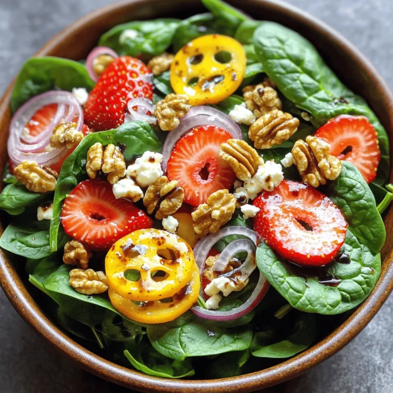 - 4 cups fresh spinach - 1 cup strawberries - 1/4 red onion - 1/2 cup walnuts - 1/4 cup feta cheese - 1/4 cup balsamic vinegar - 2 tablespoons extra virgin olive oil - 1 tablespoon honey - Salt and freshly ground black pepper You need fresh ingredients for this salad. Start with 4 cups of fresh spinach. It gives a nice base. Then, add 1 cup of strawberries. Slice them into thin rounds for easy eating. The sweet strawberries pair well with greens. Next, you will need 1/4 of a red onion. Slice it thinly to add a slight bite. For crunch, include 1/2 cup of walnuts. Toast them lightly to bring out the flavor. Finally, you will want 1/4 cup of feta cheese. Crumble it into small pieces. This cheese adds creaminess. Now, let’s make the dressing. You will need 1/4 cup of balsamic vinegar. Choose a high-quality one for better taste. Next, add 2 tablespoons of extra virgin olive oil. This oil adds richness. Then, mix in 1 tablespoon of honey. Honey gives the dressing a sweet touch. Don’t forget to add salt and freshly ground black pepper to taste. Combine all these ingredients for a fresh and tasty meal. Check the full recipe for more details. To start, grab a small mixing bowl. In it, whisk together the balsamic vinegar, extra virgin olive oil, honey, a pinch of salt, and some freshly ground black pepper. Whisk until the mix is well-blended. This dressing will add great flavor to the salad. Next, take a large mixing bowl. Add 4 cups of fresh spinach leaves. Then, layer on 1 cup of sliced strawberries, 1/2 cup of lightly toasted walnuts, 1/4 cup of crumbled feta cheese, and 1/4 of a finely sliced red onion. Make sure to distribute everything evenly. This will make your salad look colorful and inviting. Now, drizzle the dressing over the salad. Use salad tongs or two large spoons to gently toss everything together. Make sure each piece of salad is coated with dressing. After that, taste the salad. Adjust the seasoning if needed by adding more salt or black pepper. Serve the salad right away to enjoy it fresh. You can find the full recipe [here](#). Toasting walnuts boosts their taste. Heat a skillet over medium heat. Add the walnuts and stir them often. You want them to turn a light brown. This step takes about five minutes. The warm, nutty flavor will make your salad shine. Make your salad visually appealing. Layer the spinach, strawberries, walnuts, feta, and onion in clear bowls. This way, you can see all the bright colors. You can also garnish with whole strawberries and a sprinkle of feta. It makes every plate look fancy! Feel free to change the recipe to fit your taste. If you love strawberries, add more! Want less feta? Just use a little. You can also swap walnuts for pecans or almonds. This salad can be your canvas for flavors! {{image_4}} You can change this salad based on what is fresh. Try adding blueberries or apples. Both fruits add a sweet burst. Blueberries give a nice pop of color, while apples add a crisp texture. You can use any apple you like, but a tart one works best. These additions keep the salad exciting all year round. Different dressings can change the flavor of your salad. Honey mustard dressing is a great choice. It has a sweet and tangy taste that pairs well with the spinach. You could also try a yogurt-based dressing. This option adds creaminess without too many calories. Experiment with different dressings to find your favorite. You can make this salad fit your diet. If you want a vegan option, skip the feta cheese. Instead, use avocado for creaminess. For a nut-free version, leave out the walnuts. You can add seeds like pumpkin or sunflower instead. These swaps help you enjoy the salad while meeting your dietary needs. To keep your spinach strawberry walnut salad fresh, store it properly. Place leftover salad in an airtight container. This helps keep the salad crisp and bright. Avoid adding dressing until you're ready to eat. Dressing can make salad soggy over time. Each part of your salad has its own shelf life: - Spinach: Best if used within 1-2 days. - Strawberries: Enjoy within 1-2 days for optimal taste. - Walnuts: They last up to 2 weeks if stored in a cool, dry place. - Feta cheese: Use within 5-7 days after opening. - Red onion: It stays good for about a week in the fridge. To refresh leftovers, add a splash of dressing. This brightens flavors and brings life back to the salad. You can also toss in fresh spinach or more strawberries to make it feel new. Serve it in a pretty bowl for a lovely look. Enjoy it as a quick snack or light meal! For the full recipe, check out the Spinach Strawberry Walnut Salad with Feta and Balsamic Honey Dressing. Yes, you can prepare the salad ahead. To keep it fresh, store the dressing separately. Mix the spinach, strawberries, walnuts, feta, and onion in a bowl. Cover it tightly and place it in the fridge. Add the dressing just before serving. This way, the salad will stay crisp and tasty. You can swap walnuts for other nuts. Pecans add a sweet, buttery flavor. Almonds give a nice crunch and a mild taste. If you want a different texture, try cashews. Just make sure to toast them lightly for better flavor. Yes, this salad is gluten-free. All the ingredients are safe for a gluten-free diet. Just ensure the balsamic vinegar does not have added gluten. Most brands are safe, but always check the label. Enjoy this fresh salad without worry! This salad recipe highlights fresh produce, nuts, and a tasty dressing. You learned to combine spinach, strawberries, and walnuts with feta cheese, creating a delightful mix. Remember to adjust flavors and try seasonal fruits or different dressings to suit your taste. Store leftovers properly for the best enjoyment later. With easy steps and helpful tips, you can make this salad a regular in your meals. Enjoy every bite and make it your own!