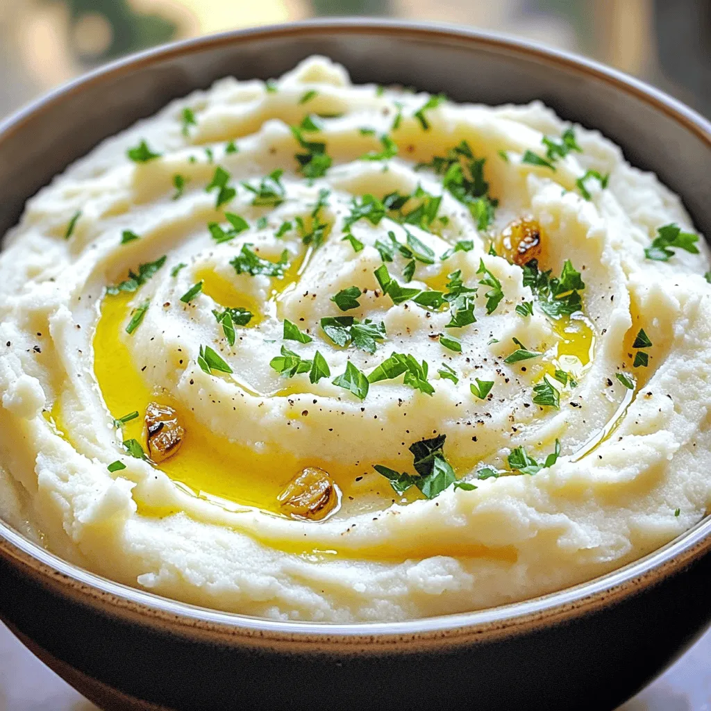 - 1 medium head of cauliflower, broken into florets - 1 bulb of garlic - 2 tablespoons olive oil - 1/4 cup unsweetened almond milk (or any preferred milk) - 2 tablespoons unsalted butter (or plant-based butter) - Salt and black pepper, to taste - 1/4 teaspoon ground nutmeg (optional) - Fresh parsley, finely chopped (for garnish) To make the perfect roasted garlic mashed cauliflower, gather these simple ingredients. Cauliflower is the star here. It gives a creamy texture when mashed. The garlic adds a rich, sweet flavor. Olive oil and butter bring depth and moisture. You can use any milk you prefer. Seasonings like salt, pepper, and nutmeg give it a unique taste. Optional fresh parsley adds a nice touch for garnish. This recipe is easy and fun! You can find the full recipe in the article. Let’s start cooking! Roasting the Garlic Bulb Roasting garlic brings out its sweet and rich flavor. Take a whole bulb of garlic and slice off the top. Drizzle one tablespoon of olive oil over it. Wrap the bulb in aluminum foil. This keeps it moist while baking. Place it in the preheated oven at 400°F (200°C). Timing for Roasting Roast the garlic for about 30 to 35 minutes. Check if it is soft and caramelized. You’ll know it’s done when it smells amazing and is golden brown. Boiling Method While the garlic roasts, prepare your cauliflower. Fill a large pot with salted water and bring it to a boil. Break a medium head of cauliflower into florets. Carefully add the florets to the boiling water. Checking for Tenderness Cook the cauliflower for 10 to 12 minutes. It should be fork-tender when done. Test it by poking a piece with a fork. If it goes in easily, it’s ready to drain. Mashing Techniques Once drained, return the cauliflower to the pot. Squeeze the roasted garlic cloves out of their skins directly into the pot. Add the remaining tablespoon of olive oil, almond milk, butter, salt, and pepper. Achieving Desired Consistency Use an immersion blender or a potato masher to blend the mixture. Mash until it is smooth and creamy. You can add more almond milk if you want it creamier. Taste the mixture and adjust the seasoning as needed. For the full recipe, please refer to the note above. For the best texture, you can choose between an immersion blender or a potato masher. An immersion blender gives a super smooth finish. It blends the cauliflower and garlic into a creamy delight. If you prefer a chunkier feel, use a potato masher. Both tools work well, so pick what you like best. To adjust the creaminess, almond milk is key. Start with a little and add more if needed. This milk helps create a light and airy dish. You can also use regular milk if you prefer. To boost flavor, try adding seasonings. Garlic powder, onion powder, or smoked paprika can make a big difference. A touch of lemon juice brightens the taste. You can also experiment with fresh herbs. Chopped thyme or rosemary adds a lovely twist. For optional add-ins, consider mixing in roasted red peppers or sautéed mushrooms. These ingredients bring extra taste and texture. Feel free to get creative and make this dish your own. For the complete recipe, check out the [Full Recipe]. {{image_4}} You can switch up the ingredients in roasted garlic mashed cauliflower to fit your taste. For dairy-free options, use plant-based milk and butter. Almond milk works great, but any nut or oat milk is fine too. If you want a richer taste, add in some cheese. Cream cheese or Parmesan adds a lovely flavor. Fresh herbs can also boost the dish. Try adding parsley, chives, or thyme for a fresh twist. You can make this dish faster with an Instant Pot. Just place the cauliflower and garlic in the pot with some water. Cook on high for about 8 minutes. Quick and easy! If you don’t want to roast the garlic, you can sauté it. Just chop the garlic and cook it in olive oil over medium heat. This adds a nice, strong flavor to the mashed cauliflower. You can find the full recipe here: [Full Recipe]. After making your roasted garlic mashed cauliflower, let it cool down. Cooling helps keep the taste fresh. Once cool, you can store it in an airtight container. Place it in the fridge if you plan to eat it within a few days. Refrigeration Guidelines - Store in the fridge for up to 5 days. - Make sure the lid fits tightly to lock in moisture. Freezing Instructions and Duration If you want to keep it longer, freezing is a great option. - Place the mashed cauliflower in a freezer-safe container. - Leave some space at the top since it may expand. - Label the container with the date. - It will stay fresh for about 2 months in the freezer. When you're ready to enjoy your creamy comfort dish again, reheating is key. Microwave vs. Stovetop - Microwave: Place the desired amount in a bowl. Cover it with a microwave-safe lid or wrap. Heat for 1-2 minutes, stirring halfway through. - Stovetop: Warm it in a pan over low heat. Stir often to prevent sticking. You can add a splash of almond milk for creaminess. Following these steps ensures your roasted garlic mashed cauliflower stays tasty and satisfying! Can I use frozen cauliflower? Yes, you can use frozen cauliflower. Just cook it as per package directions. It may have more water, so drain it well. This helps keep your mash creamy. Is this recipe vegan-friendly? Yes, it can be vegan! Use plant-based butter and almond milk. This keeps the dish tasty and dairy-free. How to adjust the recipe for larger servings? To serve more people, double or triple the ingredients. Cook in batches if needed. Just remember to adjust cooking times for the cauliflower. Breakdown of Calories and Macronutrients One serving has about 120 calories. It contains 8g of carbs, 2g of protein, and 9g of fat. These numbers can change based on added ingredients. Health Benefits of Cauliflower Cauliflower is low in calories and high in fiber. It is rich in vitamins C and K. Eating it may help with digestion and weight loss. It also has antioxidants that can support your health. For the full recipe, check out the link. This article showed you how to make roasted garlic mashed cauliflower. We covered ingredients, cooking steps, and tips for perfecting texture and flavor. You learned how to customize the dish with different methods and variations. Storing the leftovers properly ensures you can enjoy this meal again. Remember, cooking is about experimenting. Don’t be afraid to try new flavors and techniques. Enjoy your cooking journey and embrace the taste of this healthy dish!