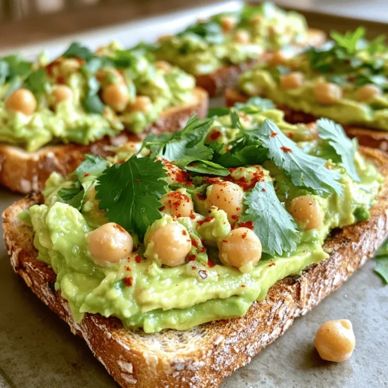 To make spicy avocado chickpea toast, you need simple ingredients. This dish is creamy, spicy, and filling. It’s perfect for breakfast or a snack. - 1 ripe avocado - 1 cup canned chickpeas, thoroughly drained and rinsed - 1 tablespoon tahini - 1 teaspoon ground cumin - 1 teaspoon garlic powder - 1-2 tablespoons lime juice - 1-2 teaspoons sriracha or hot sauce - Sea salt and black pepper - 4 slices of whole grain bread - Fresh cilantro or parsley, chopped - Red pepper flakes (optional) These ingredients work together to create a tasty blend. The avocado brings creaminess. The chickpeas add protein. The spices give it a kick. You can play with flavors by adding garnishes. Fresh herbs like cilantro or parsley brighten the dish. For a spicy boost, sprinkle red pepper flakes on top. You can also add sliced radishes or a drizzle of olive oil. Each option adds a unique twist to this already delicious toast. Start by gathering all your ingredients. You will need a ripe avocado, canned chickpeas, tahini, cumin, garlic powder, lime juice, sriracha, sea salt, black pepper, and bread. I like to use whole grain bread for a healthy option. You can also choose your favorite type. 1. Take the avocado and cut it in half. Remove the pit and scoop the flesh into a medium bowl. 2. Use a fork to mash the avocado until it is creamy but still a bit chunky. This adds nice texture. 3. Open the can of chickpeas. Drain and rinse them well. Add them to the bowl with the avocado. 4. Lightly mash the chickpeas with the fork. You want a mix of creamy and chunky textures. Now it’s time to toast the bread. You want it crispy to hold the toppings well. 1. Heat your toaster or skillet to medium heat. 2. Place the slices of bread in the toaster until golden brown. If using a skillet, toast each slice for about 2-3 minutes on each side. 3. Keep an eye on the bread to avoid burning. You want that perfect crunch! It’s the fun part! Putting everything together makes the flavors pop. 1. Once the bread is toasted, take a generous spoonful of the avocado-chickpea mix. 2. Spread it evenly over each slice of toast. Make sure to cover the edges for full flavor. 3. For a fresh touch, sprinkle chopped cilantro or parsley on top. 4. If you love heat, add red pepper flakes for an extra kick. 5. Serve the toast warm and enjoy the tasty flavors! For more details, check out the Full Recipe. To make the best avocado mash, choose a ripe avocado. It should feel soft but not mushy. I love using a fork for mashing. This method gives a creamy texture while keeping some chunks. You want it to be smooth but not too smooth. A few small pieces add great texture. Spice is key in this recipe. I recommend starting with one teaspoon of sriracha. Mix it in and taste. If you want more heat, add more sriracha a little at a time. Remember, you can always add more but can’t take it away. Lime juice also helps balance the spice. The choice of bread can change your toast game. Whole grain bread is my go-to because it adds a nutty flavor. You can also try sourdough for a tangy taste. A hearty bread will hold up to the creamy topping. Toast it until it’s golden brown for the best crunch. {{image_4}} You can easily make this dish vegan. Use vegan bread to keep it plant-based. Swap tahini with nut butter for a unique twist. Try almond or sunflower seed butter. They add a new flavor while keeping it creamy. Want to boost the taste? Add a few ingredients. Chopped tomatoes bring freshness. You can also mix in diced red onion for a crunch. For a zestier vibe, try adding some lemon zest. Each add-in creates a new layer of flavor. Take your toast on a world tour! Add spices like smoked paprika for a Spanish flair. Try curry powder for an Indian touch. Or mix in some feta cheese for a Greek twist. Each variation gives you a new taste experience. You can find these ideas in the Full Recipe. To keep your Spicy Avocado Chickpea Toast fresh, store any leftovers in an airtight container. Place the mixture in the fridge. Make sure to cover it well to prevent browning. The mix stays good for about two days. However, the bread should stay separate. Toast it fresh for the best taste. For reheating, avoid the microwave. Instead, use a toaster or oven. This keeps the bread crispy. Spread the avocado chickpea mix on the warm toast. Enjoy it right away for the best flavor. You can get creative with leftovers. Spread the mix on a salad for added protein. Use it as a filling in a wrap or sandwich. You can also enjoy it as a dip with fresh veggies or crackers. The options are endless, so have fun experimenting! For the full recipe, check out the Spicy Avocado Chickpea Toast recipe above. Yes, you can prepare the chickpea mixture ahead. Store it in a sealed container in the fridge. It will stay fresh for up to two days. I recommend toasting the bread just before serving. This keeps it crispy and delicious. Chickpeas pack a punch of nutrition. They are high in protein and fiber, making them filling. They help to keep you full longer. Chickpeas also support heart health by lowering cholesterol levels. Plus, they provide essential vitamins and minerals like iron and magnesium. To make this toast gluten-free, simply use gluten-free bread. Many stores offer great options. Check the ingredients to ensure they fit your diet. The rest of the recipe stays the same, so you can enjoy all the flavors without gluten. Just follow the Full Recipe to guide you through! This blog post covered everything about making Spicy Avocado Chickpea Toast. We reviewed key ingredients, preparation steps, and options for garnishes. I shared tips on perfecting the avocado mash and adjusting spice levels. You also learned about different variations and how to store leftovers. In my view, this toast is not just tasty; it’s good for you. It offers great flavors and health benefits. Try this recipe and share it. Enjoy your cooking!