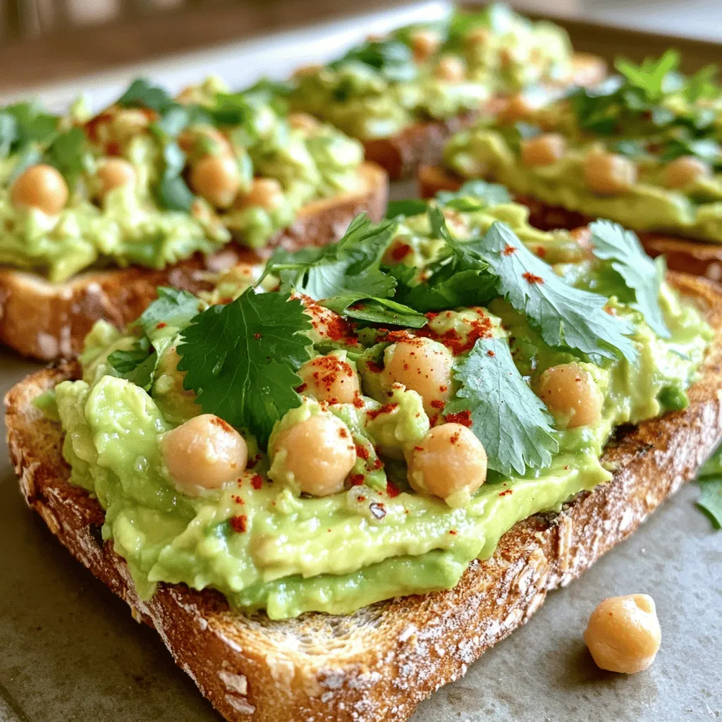 To make spicy avocado chickpea toast, you need simple ingredients. This dish is creamy, spicy, and filling. It’s perfect for breakfast or a snack. - 1 ripe avocado - 1 cup canned chickpeas, thoroughly drained and rinsed - 1 tablespoon tahini - 1 teaspoon ground cumin - 1 teaspoon garlic powder - 1-2 tablespoons lime juice - 1-2 teaspoons sriracha or hot sauce - Sea salt and black pepper - 4 slices of whole grain bread - Fresh cilantro or parsley, chopped - Red pepper flakes (optional) These ingredients work together to create a tasty blend. The avocado brings creaminess. The chickpeas add protein. The spices give it a kick. You can play with flavors by adding garnishes. Fresh herbs like cilantro or parsley brighten the dish. For a spicy boost, sprinkle red pepper flakes on top. You can also add sliced radishes or a drizzle of olive oil. Each option adds a unique twist to this already delicious toast. Start by gathering all your ingredients. You will need a ripe avocado, canned chickpeas, tahini, cumin, garlic powder, lime juice, sriracha, sea salt, black pepper, and bread. I like to use whole grain bread for a healthy option. You can also choose your favorite type. 1. Take the avocado and cut it in half. Remove the pit and scoop the flesh into a medium bowl. 2. Use a fork to mash the avocado until it is creamy but still a bit chunky. This adds nice texture. 3. Open the can of chickpeas. Drain and rinse them well. Add them to the bowl with the avocado. 4. Lightly mash the chickpeas with the fork. You want a mix of creamy and chunky textures. Now it’s time to toast the bread. You want it crispy to hold the toppings well. 1. Heat your toaster or skillet to medium heat. 2. Place the slices of bread in the toaster until golden brown. If using a skillet, toast each slice for about 2-3 minutes on each side. 3. Keep an eye on the bread to avoid burning. You want that perfect crunch! It’s the fun part! Putting everything together makes the flavors pop. 1. Once the bread is toasted, take a generous spoonful of the avocado-chickpea mix. 2. Spread it evenly over each slice of toast. Make sure to cover the edges for full flavor. 3. For a fresh touch, sprinkle chopped cilantro or parsley on top. 4. If you love heat, add red pepper flakes for an extra kick. 5. Serve the toast warm and enjoy the tasty flavors! For more details, check out the Full Recipe. To make the best avocado mash, choose a ripe avocado. It should feel soft but not mushy. I love using a fork for mashing. This method gives a creamy texture while keeping some chunks. You want it to be smooth but not too smooth. A few small pieces add great texture. Spice is key in this recipe. I recommend starting with one teaspoon of sriracha. Mix it in and taste. If you want more heat, add more sriracha a little at a time. Remember, you can always add more but can’t take it away. Lime juice also helps balance the spice. The choice of bread can change your toast game. Whole grain bread is my go-to because it adds a nutty flavor. You can also try sourdough for a tangy taste. A hearty bread will hold up to the creamy topping. Toast it until it’s golden brown for the best crunch. {{image_4}} You can easily make this dish vegan. Use vegan bread to keep it plant-based. Swap tahini with nut butter for a unique twist. Try almond or sunflower seed butter. They add a new flavor while keeping it creamy. Want to boost the taste? Add a few ingredients. Chopped tomatoes bring freshness. You can also mix in diced red onion for a crunch. For a zestier vibe, try adding some lemon zest. Each add-in creates a new layer of flavor. Take your toast on a world tour! Add spices like smoked paprika for a Spanish flair. Try curry powder for an Indian touch. Or mix in some feta cheese for a Greek twist. Each variation gives you a new taste experience. You can find these ideas in the Full Recipe. To keep your Spicy Avocado Chickpea Toast fresh, store any leftovers in an airtight container. Place the mixture in the fridge. Make sure to cover it well to prevent browning. The mix stays good for about two days. However, the bread should stay separate. Toast it fresh for the best taste. For reheating, avoid the microwave. Instead, use a toaster or oven. This keeps the bread crispy. Spread the avocado chickpea mix on the warm toast. Enjoy it right away for the best flavor. You can get creative with leftovers. Spread the mix on a salad for added protein. Use it as a filling in a wrap or sandwich. You can also enjoy it as a dip with fresh veggies or crackers. The options are endless, so have fun experimenting! For the full recipe, check out the Spicy Avocado Chickpea Toast recipe above. Yes, you can prepare the chickpea mixture ahead. Store it in a sealed container in the fridge. It will stay fresh for up to two days. I recommend toasting the bread just before serving. This keeps it crispy and delicious. Chickpeas pack a punch of nutrition. They are high in protein and fiber, making them filling. They help to keep you full longer. Chickpeas also support heart health by lowering cholesterol levels. Plus, they provide essential vitamins and minerals like iron and magnesium. To make this toast gluten-free, simply use gluten-free bread. Many stores offer great options. Check the ingredients to ensure they fit your diet. The rest of the recipe stays the same, so you can enjoy all the flavors without gluten. Just follow the Full Recipe to guide you through! This blog post covered everything about making Spicy Avocado Chickpea Toast. We reviewed key ingredients, preparation steps, and options for garnishes. I shared tips on perfecting the avocado mash and adjusting spice levels. You also learned about different variations and how to store leftovers. In my view, this toast is not just tasty; it’s good for you. It offers great flavors and health benefits. Try this recipe and share it. Enjoy your cooking!