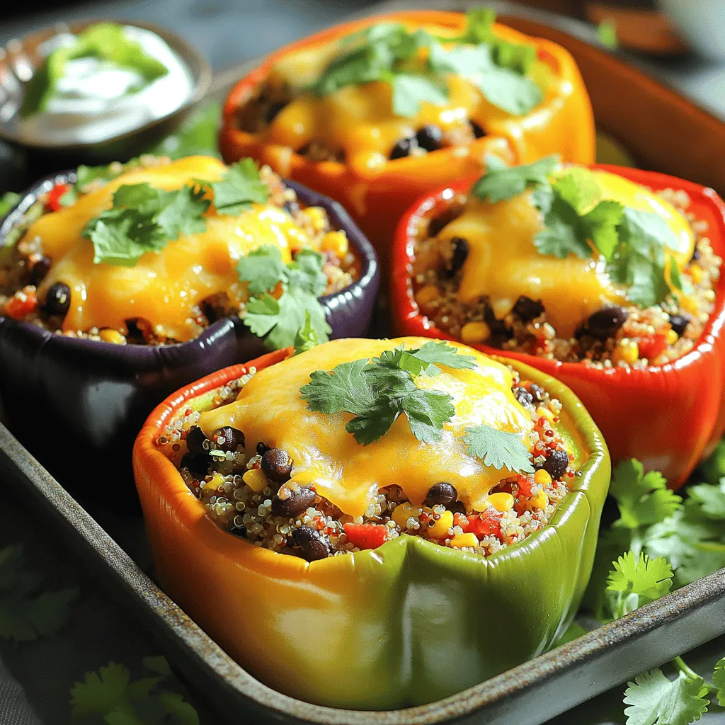 - 4 large bell peppers (any color) - 1 lb ground turkey or ground beef - 1 cup cooked quinoa or rice - 1 can (15 oz) black beans - 1 cup corn (fresh, frozen, or canned) - 1 packet taco seasoning - 1 cup diced tomatoes - 1 cup shredded cheese (cheddar or Monterey Jack) - ¼ cup fresh cilantro (optional) - Salt and pepper to taste - Optional toppings: sour cream and avocado When I make taco stuffed bell peppers, I love using fresh ingredients. The bell peppers are the star. Pick any color you like. I often use red, green, or yellow ones. They add sweetness and color to the dish. I choose ground turkey for a healthier option, but ground beef works just as well. Both give great flavor. The quinoa or rice adds texture and keeps the filling hearty. Black beans and corn bring fiber and sweetness. Taco seasoning is key. It packs a punch of flavor. I prefer using diced tomatoes for moisture. And cheese? It melts beautifully, making the dish comforting and rich. Fresh cilantro is optional, but I find it brightens the flavors. Don't forget salt and pepper to taste. For serving, sour cream and avocado add creaminess, making each bite a delight. This recipe is simple but loaded with goodness. You can find the full recipe [here](#). - Preheat the oven to 375°F (190°C). - Rinse the bell peppers under cold water. Slice off the tops and remove seeds. - Place the prepared bell peppers upright in a baking dish. - Heat a large skillet over medium heat. Add the ground turkey or beef. - Cook the meat until it is brown, breaking it into small pieces. - Stir in taco seasoning, black beans, corn, and diced tomatoes. - Simmer the mixture for 5 minutes. This helps combine all the flavors. - In a bowl, mix the cooked quinoa or rice with the meat filling. - Spoon the filling into each bell pepper, packing it tightly. - Top each pepper with shredded cheese before baking. - Cover the baking dish with foil. Bake for 25 minutes. - After 25 minutes, remove the foil. Bake for an additional 10 minutes until the cheese is bubbly. For the full recipe, check out the complete instructions above! - Use a meat thermometer for perfectly cooked meat. The meat should reach 165°F. - Experiment with different types of cheese for varied flavor. Try pepper jack or mozzarella. - Serve with fresh cilantro, sour cream, and avocado. They add great taste and freshness. - Accompany with a side salad or tortilla chips for a complete meal. This adds crunch and color. - Substitute turkey or beef for lentils or tofu for a vegetarian option. This keeps it tasty and healthy. - Add extra veggies like onions or zucchini to the filling. They boost nutrition and flavor. For the full recipe, you can refer back to the ingredients list and instructions above. Each tip and trick helps you make the best taco stuffed bell peppers! {{image_4}} You can easily change the taste of taco stuffed bell peppers. For a spicy version, add jalapeños or a splash of hot sauce to the filling. This will kick up the heat and give your meal a bold flavor. If you want a Mediterranean twist, use feta cheese and olives instead of taco seasoning. This unique mix adds a nice salty bite and pairs well with the sweet peppers. Feel free to get creative with the filling. You can add different beans like pinto or kidney beans for more protein and fiber. This makes the dish heartier. Another idea is to incorporate wild rice or cauliflower rice. This option is great for those looking for a lower-carb meal. It still gives you a nice texture and flavor. Let’s explore some fun cultural twists on this dish. For a Southwestern-style, include green chiles in your filling. Top your peppers with salsa for an extra burst of flavor. If you're in the mood for something Italian, use Italian seasoning and marinara sauce instead of taco seasoning. This creates a rich and comforting dish that still feels familiar. Store leftover stuffed peppers in an airtight container. This helps keep them fresh. You can keep them in the refrigerator for up to 3-4 days. Make sure to let them cool first. I love to enjoy them later for a quick meal. To freeze, allow the peppers to cool completely. Then, place them in individual portions. This way, you can grab just what you need. They can last in the freezer for up to 3 months. Just make sure to label the containers, so you know what’s inside. To reheat, you can use the oven. Set it to 350°F (175°C) and heat until warmed through. This method keeps the peppers nice and tender. If you’re in a hurry, use the microwave. Adjust the time based on how many you are warming up. Enjoy your meal quickly! Bake at 375°F for a total of 35-40 minutes as noted in the recipe. The peppers should be tender and the cheese melted. You can check by poking a fork in the pepper. If it goes in easily, they are done! Yes, prepare them and store in the fridge or freezer. When you're ready, just bake them. This saves time on busy nights. You can pull them out and have a tasty meal in no time! You can swap quinoa with rice, couscous, or even riced cauliflower for a low-carb option. Each choice adds a different flavor and texture. Try what you like best! Yes, as long as the taco seasoning is gluten-free, the entire dish is gluten-free. Always check the labels to be safe. This makes them a great option for those with gluten sensitivities! You can make tasty taco stuffed bell peppers using simple ingredients and steps. I covered how to prepare, cook, and serve this dish with helpful tips along the way. You also learned about fun variations and storage methods. Now, you can enjoy a meal that's filling and full of flavor. Dive in and try it! These peppers suit many tastes and are easy to customize, making them a great choice for any night. Happy cooking!