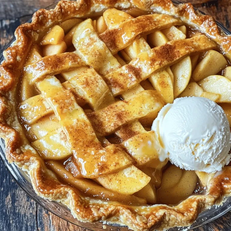When I make classic apple pie, I always gather the freshest ingredients. Here’s what you need: - 2 ½ pounds Granny Smith apples, peeled, cored, and sliced - 1 ½ cups granulated sugar - 2 tablespoons freshly squeezed lemon juice - 2 teaspoons ground cinnamon - ½ teaspoon ground nutmeg - 1 tablespoon all-purpose flour - 1 tablespoon unsalted butter, cut into small cubes - 1 large egg - 1 tablespoon milk - 1 package of refrigerated pie crusts Using Granny Smith apples gives the pie a perfect tartness. The sugar balances this with sweetness. Fresh lemon juice brightens the flavor and keeps the apples from browning. Cinnamon and nutmeg add warmth and spice. The flour helps thicken the filling as it bakes. The butter adds richness that makes each bite delightful. For the crust, you can use a store-bought option or make your own. This recipe will yield a beautiful, golden pie that melts in your mouth. For the full recipe, check out the steps in the next section. Enjoy every moment of making this classic dessert! First, preheat your oven to 425°F (220°C). This step is key for a crispy crust. Next, grab a large mixing bowl. Add the sliced Granny Smith apples, granulated sugar, lemon juice, ground cinnamon, ground nutmeg, and flour. Toss gently until the apples are well coated. Let this sit for about 15 minutes. This process allows the apples to release their juices and enhances the flavor. Roll out one pie crust on a floured surface. Fit it into a 9-inch pie pan. Make sure the edges hang over the rim slightly; this will help when sealing the pie. Pour the apple filling into the pie crust. Spread it evenly. Place small cubes of butter on top of the apples. This adds richness to the pie. Carefully lay the second pie crust over the filling. Crimp the edges of both crusts together tightly. Use a sharp knife to cut slits in the top crust. This helps steam escape while baking. In a small bowl, beat the egg and milk together. Brush this mixture generously over the top crust. This gives the pie a nice golden color. Place the pie in the preheated oven. Bake for 15 minutes at 425°F (220°C). Then, reduce the temperature to 350°F (175°C). Continue baking for 35-45 more minutes. The apples should be tender, and the crust should be golden brown. Once the pie is baked, take it out of the oven. Let it cool on a wire rack for at least 30 minutes. This helps the filling set and allows for cleaner slices. Use Granny Smith apples for the best flavor. They are tart and hold their shape well. You can mix in other apples too. For a sweeter taste, add Honeycrisps or Fujis. Aim for about 2 ½ pounds total apples for a full pie. A good crust makes a pie shine. Chill your pie crust before rolling it out for the best texture. Use cold butter for flakiness. Don't overwork the dough; handle it gently. This keeps your crust light and crisp. For a golden crust, use an egg wash. Beat one egg with a tablespoon of milk. Brush this mix on the top crust before baking. This gives it a nice shine and color. Also, make slits in the top crust to let steam escape. To keep your bottom crust crisp, pre-bake it for a few minutes. This helps seal in moisture. Another trick is to sprinkle flour or cornstarch on the bottom before adding the filling. This absorbs excess juice and keeps your crust from getting soggy. For more details, check out the Full Recipe. {{image_4}} A lattice crust adds a beautiful touch to your apple pie. To make it, roll out your pie crust and cut it into thin strips. Lay half of the strips across the pie in one direction. Then, weave the other half of the strips over them. This design lets the filling peek through, making it look fancy! If you love a crunchy topping, try a streusel. Mix together flour, brown sugar, oats, and butter. Sprinkle this mixture over the apple filling instead of a second crust. The streusel gives a sweet crunch to each bite. It's a great twist on the classic pie! For a sweet surprise, add caramel to your apple filling. Melt some caramel candies and mix them in with the apples. This will make your pie extra rich and gooey. You can also drizzle more caramel on top before serving. It’s a treat that’s hard to resist! If you need a gluten-free option, there are many ready-made crusts available. You can also make your own with almond flour or coconut flour. Just replace the all-purpose flour with your choice of gluten-free flour. This way, everyone can enjoy your classic apple pie. For more details and a complete list of ingredients, see the Full Recipe. To store leftover pie, first let it cool completely. Place it in a pie dish or an airtight container. Cover it tightly with plastic wrap or aluminum foil. Store the pie in the fridge for up to four days. The cool air helps keep the flavors fresh. If you want to save your pie for later, freezing works great. Wrap the cooled pie tightly in plastic wrap. Then, place it in a freezer bag or container. It can stay frozen for up to three months. When you're ready to eat, let it thaw in the fridge overnight. To reheat your pie, preheat your oven to 350°F (175°C). Remove the pie from the fridge or freezer. If it’s frozen, let it thaw first. Place it in the oven for about 15-20 minutes. This warms it through and keeps the crust nice and crisp. Serve it warm for the best taste! Classic apple pie lasts about 3 to 4 days when stored in the fridge. It can stay fresh if you cover it well. If you want it to last longer, you can freeze it. Frozen apple pie can last up to 6 months. Just make sure to wrap it tightly. Yes, you can use other apples! While Granny Smith apples are tart and hold their shape, you can try Honeycrisp, Fuji, or Braeburn. Each type brings a unique taste. Mix different apples for a more complex flavor, which can make your pie even better. Classic apple pie tastes great with ice cream or whipped cream. A scoop of vanilla ice cream on warm pie is a favorite. You can also serve it with caramel sauce or a sprinkle of cinnamon. These extras add sweetness and make it a real treat. Yes, you can make the pie ahead of time. You can prepare the filling and crust the day before. Just cover them and store in the fridge. If you want to bake it later, you can freeze the unbaked pie. When ready, bake it straight from the freezer. You can tell the pie is done when the crust is golden brown and the filling bubbles. Check the apples by poking through the slits in the crust. If they are soft, your pie is ready. A good rule is to bake it for 35-45 minutes at 350°F after the initial high heat. You learned how to make a classic apple pie using simple ingredients. We covered each step, from prepping the apples to baking the perfect crust. Remember to choose the right apples and avoid a soggy bottom. You can also try fun variations to keep things fresh. Store leftovers properly to enjoy later. Making this pie can bring joy to any gathering. Follow these steps, and your pie will be a hit! Enjoy the baking process and the delicious bites.
