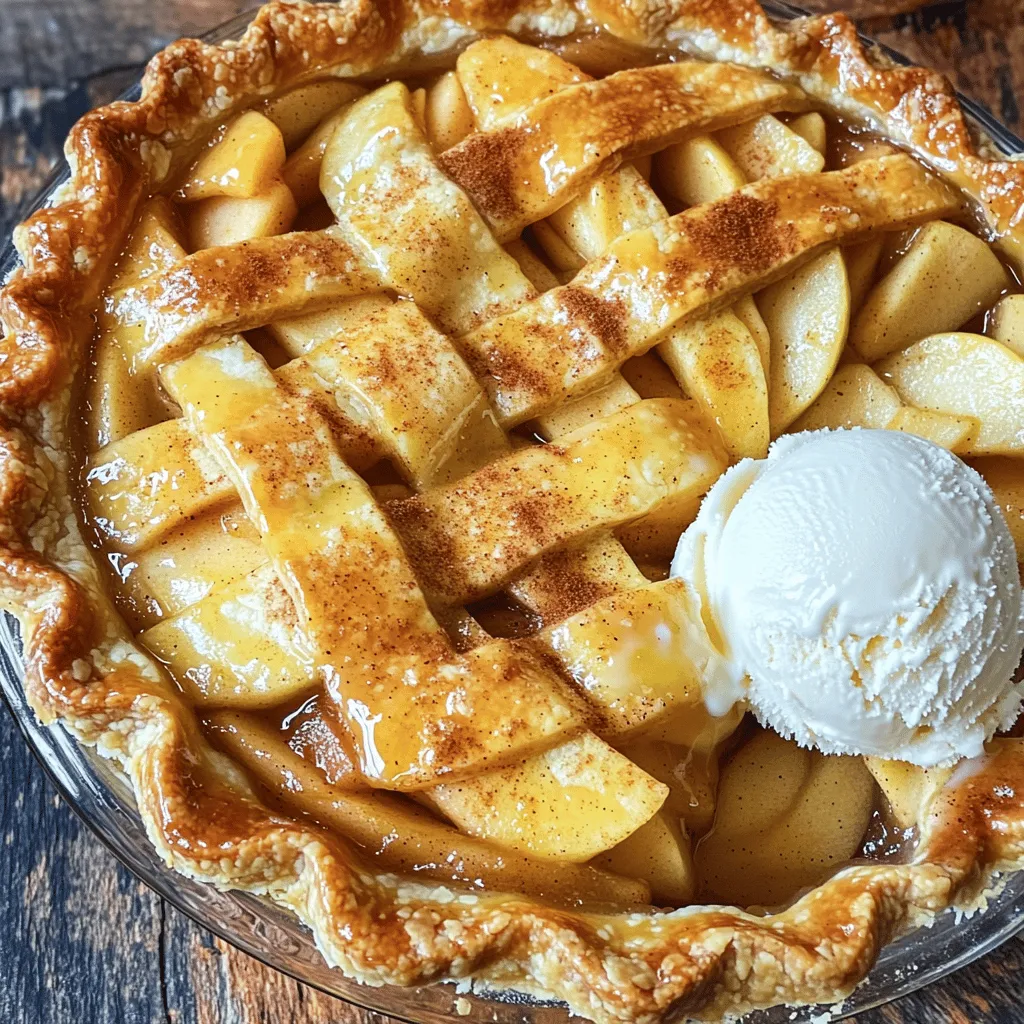 When I make classic apple pie, I always gather the freshest ingredients. Here’s what you need: - 2 ½ pounds Granny Smith apples, peeled, cored, and sliced - 1 ½ cups granulated sugar - 2 tablespoons freshly squeezed lemon juice - 2 teaspoons ground cinnamon - ½ teaspoon ground nutmeg - 1 tablespoon all-purpose flour - 1 tablespoon unsalted butter, cut into small cubes - 1 large egg - 1 tablespoon milk - 1 package of refrigerated pie crusts Using Granny Smith apples gives the pie a perfect tartness. The sugar balances this with sweetness. Fresh lemon juice brightens the flavor and keeps the apples from browning. Cinnamon and nutmeg add warmth and spice. The flour helps thicken the filling as it bakes. The butter adds richness that makes each bite delightful. For the crust, you can use a store-bought option or make your own. This recipe will yield a beautiful, golden pie that melts in your mouth. For the full recipe, check out the steps in the next section. Enjoy every moment of making this classic dessert! First, preheat your oven to 425°F (220°C). This step is key for a crispy crust. Next, grab a large mixing bowl. Add the sliced Granny Smith apples, granulated sugar, lemon juice, ground cinnamon, ground nutmeg, and flour. Toss gently until the apples are well coated. Let this sit for about 15 minutes. This process allows the apples to release their juices and enhances the flavor. Roll out one pie crust on a floured surface. Fit it into a 9-inch pie pan. Make sure the edges hang over the rim slightly; this will help when sealing the pie. Pour the apple filling into the pie crust. Spread it evenly. Place small cubes of butter on top of the apples. This adds richness to the pie. Carefully lay the second pie crust over the filling. Crimp the edges of both crusts together tightly. Use a sharp knife to cut slits in the top crust. This helps steam escape while baking. In a small bowl, beat the egg and milk together. Brush this mixture generously over the top crust. This gives the pie a nice golden color. Place the pie in the preheated oven. Bake for 15 minutes at 425°F (220°C). Then, reduce the temperature to 350°F (175°C). Continue baking for 35-45 more minutes. The apples should be tender, and the crust should be golden brown. Once the pie is baked, take it out of the oven. Let it cool on a wire rack for at least 30 minutes. This helps the filling set and allows for cleaner slices. Use Granny Smith apples for the best flavor. They are tart and hold their shape well. You can mix in other apples too. For a sweeter taste, add Honeycrisps or Fujis. Aim for about 2 ½ pounds total apples for a full pie. A good crust makes a pie shine. Chill your pie crust before rolling it out for the best texture. Use cold butter for flakiness. Don't overwork the dough; handle it gently. This keeps your crust light and crisp. For a golden crust, use an egg wash. Beat one egg with a tablespoon of milk. Brush this mix on the top crust before baking. This gives it a nice shine and color. Also, make slits in the top crust to let steam escape. To keep your bottom crust crisp, pre-bake it for a few minutes. This helps seal in moisture. Another trick is to sprinkle flour or cornstarch on the bottom before adding the filling. This absorbs excess juice and keeps your crust from getting soggy. For more details, check out the Full Recipe. {{image_4}} A lattice crust adds a beautiful touch to your apple pie. To make it, roll out your pie crust and cut it into thin strips. Lay half of the strips across the pie in one direction. Then, weave the other half of the strips over them. This design lets the filling peek through, making it look fancy! If you love a crunchy topping, try a streusel. Mix together flour, brown sugar, oats, and butter. Sprinkle this mixture over the apple filling instead of a second crust. The streusel gives a sweet crunch to each bite. It's a great twist on the classic pie! For a sweet surprise, add caramel to your apple filling. Melt some caramel candies and mix them in with the apples. This will make your pie extra rich and gooey. You can also drizzle more caramel on top before serving. It’s a treat that’s hard to resist! If you need a gluten-free option, there are many ready-made crusts available. You can also make your own with almond flour or coconut flour. Just replace the all-purpose flour with your choice of gluten-free flour. This way, everyone can enjoy your classic apple pie. For more details and a complete list of ingredients, see the Full Recipe. To store leftover pie, first let it cool completely. Place it in a pie dish or an airtight container. Cover it tightly with plastic wrap or aluminum foil. Store the pie in the fridge for up to four days. The cool air helps keep the flavors fresh. If you want to save your pie for later, freezing works great. Wrap the cooled pie tightly in plastic wrap. Then, place it in a freezer bag or container. It can stay frozen for up to three months. When you're ready to eat, let it thaw in the fridge overnight. To reheat your pie, preheat your oven to 350°F (175°C). Remove the pie from the fridge or freezer. If it’s frozen, let it thaw first. Place it in the oven for about 15-20 minutes. This warms it through and keeps the crust nice and crisp. Serve it warm for the best taste! Classic apple pie lasts about 3 to 4 days when stored in the fridge. It can stay fresh if you cover it well. If you want it to last longer, you can freeze it. Frozen apple pie can last up to 6 months. Just make sure to wrap it tightly. Yes, you can use other apples! While Granny Smith apples are tart and hold their shape, you can try Honeycrisp, Fuji, or Braeburn. Each type brings a unique taste. Mix different apples for a more complex flavor, which can make your pie even better. Classic apple pie tastes great with ice cream or whipped cream. A scoop of vanilla ice cream on warm pie is a favorite. You can also serve it with caramel sauce or a sprinkle of cinnamon. These extras add sweetness and make it a real treat. Yes, you can make the pie ahead of time. You can prepare the filling and crust the day before. Just cover them and store in the fridge. If you want to bake it later, you can freeze the unbaked pie. When ready, bake it straight from the freezer. You can tell the pie is done when the crust is golden brown and the filling bubbles. Check the apples by poking through the slits in the crust. If they are soft, your pie is ready. A good rule is to bake it for 35-45 minutes at 350°F after the initial high heat. You learned how to make a classic apple pie using simple ingredients. We covered each step, from prepping the apples to baking the perfect crust. Remember to choose the right apples and avoid a soggy bottom. You can also try fun variations to keep things fresh. Store leftovers properly to enjoy later. Making this pie can bring joy to any gathering. Follow these steps, and your pie will be a hit! Enjoy the baking process and the delicious bites.