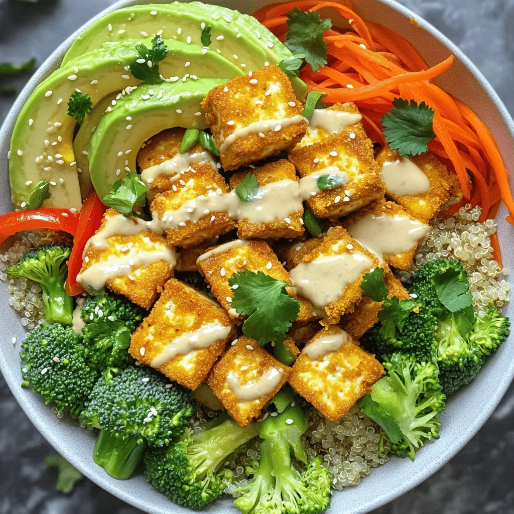 - 1 block firm tofu, well-pressed and cubed - 2 tablespoons cornstarch - 2 tablespoons soy sauce - 1 tablespoon sesame oil - 1 cup cooked quinoa - 1 cup broccoli florets - 1 large carrot, sliced into thin ribbons - 1 red bell pepper, sliced into strips - 1 ripe avocado, sliced You need these main ingredients to create a tasty Buddha bowl. Firm tofu gives protein and texture. Cornstarch helps make the tofu crispy. Soy sauce adds flavor, and sesame oil brings a rich taste. Quinoa serves as a healthy base, while veggies like broccoli, carrot, and red bell pepper add color and crunch. The creamy avocado finishes it off perfectly. - 2 tablespoons tahini - 2 tablespoons fresh lemon juice - Salt and pepper, to taste - Fresh cilantro, for garnish - Toasted sesame seeds, for garnish The dressing is key to elevating your Buddha bowl. Tahini gives a nutty flavor while lemon juice adds brightness. Season with salt and pepper to balance the taste. Garnishing with fresh cilantro and toasted sesame seeds gives a lovely touch. They add flavor and make your bowl look inviting. For the full recipe, you can check out the Full Recipe section. Enjoy crafting your Crispy Tofu Buddha Bowl! 1. Preheat the oven and prepare the baking sheet. Start by setting your oven to 425°F (220°C). Line a baking sheet with parchment paper. This step helps prevent the tofu from sticking. 2. Seasoning the tofu with soy sauce and sesame oil. Take your block of firm tofu and cut it into cubes. In a mixing bowl, add the tofu. Pour in the soy sauce and sesame oil. Gently toss until all the tofu pieces are coated. 3. Coating the tofu in cornstarch for crispiness. Sprinkle the cornstarch over the seasoned tofu. Toss again to ensure each piece is evenly coated. This coating gives the tofu its desired crispy texture when baked. 1. Arranging tofu on the baking sheet. Place the coated tofu cubes in a single layer on the prepared baking sheet. Make sure they are not touching each other. This allows for even cooking and crisping. 2. Baking time and flipping instructions. Bake the tofu in your preheated oven for 25-30 minutes. Halfway through, flip the tofu cubes. This helps them brown evenly on both sides, creating a delicious crispy exterior. 1. Steaming the broccoli. While your tofu bakes, steam the broccoli florets. You can use a steamer basket or microwave. Steam until they turn bright green and tender, about 4-5 minutes. 2. Making the tahini dressing. In a small bowl, whisk together tahini and fresh lemon juice. Add a pinch of salt and pepper. If needed, add a splash of water to get a smooth, pourable sauce. 3. Assembling the Buddha bowl. Start with a base of cooked quinoa in each serving bowl. Layer on the steamed broccoli, carrot ribbons, red bell pepper strips, crispy tofu, and avocado slices. Drizzle the tahini dressing over the top. Finally, sprinkle fresh cilantro and toasted sesame seeds for extra flavor and flair. For the complete recipe, refer to the [Full Recipe]. To make crispy tofu, start by pressing it. Pressing removes extra water. This step is key to getting that perfect crunch. Wrap the tofu in a clean towel and place something heavy on top. Leave it for about 15-30 minutes. After pressing, cut the tofu into even cubes. For baking, I recommend a temperature of 425°F (220°C). This high heat helps the tofu crisp up nicely. Make sure to toss the cubes in cornstarch after seasoning. This will give them a crunchy outer layer. You can add more flavor by using spices. Try garlic powder, paprika, or even chili flakes. These spices will give your tofu a tasty kick. You can also drizzle some soy sauce or sriracha on top for more flavor. For the tahini dressing, adjust the consistency to your liking. If it’s too thick, add a splash of water. Whisk it until it’s smooth. A thinner sauce will drizzle better over your bowl. When it comes to presentation, arrange your ingredients by color. This makes the bowl more appealing. Place the quinoa at the base and layer the veggies and tofu on top. For serving, consider using large bowls or plates. You can also add variety by including other toppings. Fresh herbs, nuts, or seeds can enhance the look and taste. Enjoy your colorful creation! {{image_4}} If you want to switch up the protein, consider using tempeh or chickpeas. Tempeh has a nutty taste and firm bite. Just slice it like tofu and marinate it the same way. Bake or pan-fry it as you would the tofu. Chickpeas are another great option. Use canned or cooked ones. Simply roast them in the oven for extra crunch. If you prefer meat, grilled chicken or shrimp can work well too. Just season them with the same soy sauce and sesame oil mix. Feel free to add seasonal veggies to your bowl. Try using sweet potatoes or zucchini instead of broccoli. They add great color and flavor to the dish. You can also mix in bell peppers, snap peas, or even roasted beets. For greens, kale or spinach can replace broccoli. These options provide different nutrients and textures. While quinoa is a classic choice, there are many grains to try. Brown rice offers a chewy texture and nutty flavor. Farro adds a hearty bite, while millet is gluten-free and light. If you need gluten-free options, rice or quinoa are perfect. Each grain brings a unique taste and health benefits to your Buddha bowl. For the full recipe, check out the Crispy Tofu Buddha Bowl. To keep your Buddha bowl fresh, store it properly. Place any leftover crispy tofu and veggies in airtight containers. This method helps maintain their texture and flavor. You can store them in the fridge for up to three days. If you want to keep them longer, freeze the tofu separately. However, freezing may change the texture, so keep that in mind. To reheat tofu, use the oven or air fryer. Preheat your oven to 375°F (190°C) and bake the tofu for about 10 minutes. This method keeps it crispy. If you want a quicker option, use the microwave. Just be aware that this may make the tofu softer. For quinoa and veggies, you can reheat them in the microwave as well. Heat them for one to two minutes, stirring halfway through to ensure even warmth. To make crispy tofu, start with a firm block of tofu. Press it well to remove water. This step is key for crispiness. Cut the tofu into even cubes. Toss the cubes in soy sauce and sesame oil for flavor. Next, coat the tofu in cornstarch. This helps it crisp up when baked. Spread the cubes on a baking sheet in a single layer. Bake at 425°F (220°C) for 25-30 minutes. Flip the tofu halfway through. This ensures even browning. Yes, you can prepare the Buddha bowl ahead of time. Cook the quinoa and bake the tofu in advance. Store the quinoa and tofu in airtight containers in the fridge. Chop the veggies and store them separately. You can also make the dressing ahead. Just mix tahini, lemon juice, salt, and pepper. When ready to eat, assemble the bowl. This method saves time and keeps your meal fresh. A Buddha bowl is packed with nutrients. The quinoa provides protein and fiber. Tofu adds more protein and healthy fats. Broccoli is rich in vitamins C and K. Carrots give you beta-carotene, great for your eyes. Red bell peppers are high in vitamin A. Avocado offers healthy fats. This dish supports a balanced diet, helping with energy and weight control. Eating a variety of colors also boosts health benefits. If you don't have tahini, there are great substitutes. You can use peanut butter or almond butter. These add a nutty flavor. Greek yogurt is another option for a creamy texture. You can also try sunflower seed butter for a nut-free alternative. Adjust the flavor by adding lemon juice or garlic. Each option brings a unique taste to your dressing. In this post, we explored how to create a delicious Buddha bowl. We covered key ingredients like crispy tofu, cooked quinoa, and fresh veggies. I shared step-by-step instructions for preparing and baking tofu, plus tips for perfect texture and flavor. You can swap ingredients to fit your taste and adjust for meal prep. Ultimately, this dish is flexible, tasty, and healthy. With some practice, you’ll master it in no time! Enjoy your cooking adventure!