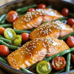 - 2 salmon fillets (approximately 6 oz each) - 1/4 cup honey - 3 tablespoons low-sodium soy sauce - 2 cloves garlic, minced - 1 tablespoon fresh ginger, finely grated - 1 tablespoon olive oil - Salt and freshly cracked black pepper to taste - 1 cup green beans, trimmed and washed - 1 cup cherry tomatoes, halved To make the One Pan Honey Garlic Salmon, you'll need some key ingredients. Salmon is our star protein. I love using fresh fillets, but frozen works too. Honey gives the dish a sweet touch, while soy sauce adds depth. Garlic and ginger give it a bold flavor. Olive oil helps everything cook well. For veggies, I choose green beans and cherry tomatoes, which add color and crunch. - 1 tablespoon sesame seeds (for garnish) - Fresh parsley, finely chopped (for garnish) Garnishes add a nice finish. Sesame seeds give a nutty flavor. Fresh parsley brightens up the dish and adds a pop of color. - Oven-safe skillet - Mixing bowl - Whisk You don't need much equipment for this recipe. An oven-safe skillet is key. You’ll also need a mixing bowl and a whisk. These tools make it easy to mix the sauce and cook everything in one pan. For the full recipe, check out the link. - Preheat your oven to 400°F (200°C). This helps the salmon cook evenly. - In a small bowl, mix together honey, soy sauce, minced garlic, and ginger. Whisk until smooth. This is your marinade. - Heat 1 tablespoon of olive oil in a large oven-safe skillet over medium-high heat. - Season both sides of the salmon fillets with salt and pepper. - Place the salmon skin-side down in the hot skillet. Sear for about 2-3 minutes until the skin is crispy. - Carefully pour the honey garlic sauce over the salmon. Make sure to cover each fillet. - Add the green beans and cherry tomatoes to the skillet. Toss them in the sauce lightly. - Transfer the skillet to the preheated oven. Bake for 12-15 minutes. The salmon should flake easily with a fork. - Once done, take the skillet out of the oven. - Sprinkle sesame seeds and chopped parsley on top for added flavor and color. - Serve the dish right from the skillet or transfer it to a serving plate. Drizzle any leftover sauce for extra taste. Enjoy your meal! You can find the Full Recipe for more details. To know when salmon is done, look for the color. It should be a light pink and opaque. If it flakes easily with a fork, it’s ready. Use a food thermometer if you want to be precise. The ideal internal temperature is 145°F (63°C). For crispy skin, start with a dry salmon fillet. Pat it with a paper towel to remove moisture. Heat your skillet until it’s hot before adding the salmon. Sear skin-side down for 2-3 minutes. This helps form a crispy layer that you will love. When serving One Pan Honey Garlic Salmon, think about sides. Steamed rice or quinoa pairs well, soaking up that yummy sauce. A fresh salad can add crunch and color. Try mixing greens with a light vinaigrette. For presentation, arrange the salmon, green beans, and cherry tomatoes nicely on a plate. Drizzle some extra honey garlic sauce on top for flair. Don’t forget a sprinkle of parsley for that touch of freshness. If you want to switch up the flavor, try adding citrus. A squeeze of lemon or lime can brighten the dish. You can also use maple syrup instead of honey for a different sweetness. For substitutions, if you lack soy sauce, try tamari or coconut aminos for a gluten-free option. Fresh herbs like basil or cilantro can also give the marinade a tasty twist. Experiment with these ideas for a unique meal each time. {{image_4}} You can swap salmon for chicken or tofu. Each protein brings its own flavor. If you choose chicken, cook it for 20-25 minutes at 400°F. For tofu, bake it for about 15-20 minutes. Adjust the cooking time based on the thickness of the protein. Feel free to add more vegetables to your dish. Broccoli, bell peppers, or zucchini work great. Seasonal veggies can make your meal even better. In spring, use asparagus or snap peas. In fall, try sweet potatoes or Brussels sprouts. To balance flavors in the sauce, taste as you go. If you want it sweeter, add more honey. For more spice, increase the garlic or add red pepper flakes. Always remember to adjust slowly for the best taste. To keep your One Pan Honey Garlic Salmon fresh, place leftovers in an airtight container. This helps prevent air from drying out the salmon. You can store it in the fridge for up to three days. For meal prep, consider freezing portions. Place salmon in a freezer-safe bag. Remove as much air as possible before sealing. It can last in the freezer for up to three months. When you’re ready to eat, just thaw it in the fridge overnight. To reheat salmon without drying it out, use a low heat method. I suggest placing it in a skillet over medium-low heat. Add a splash of water or broth to keep it moist. Cover the skillet with a lid to trap steam. You can also reheat salmon in the microwave. Use a microwave-safe dish and cover it loosely with a damp paper towel. Heat in short bursts of 30 seconds until warm. This helps maintain the flavor and texture. In the fridge, One Pan Honey Garlic Salmon lasts about three days. Keep an eye out for signs of spoilage. If the salmon smells sour or looks dull, it's best to toss it. The vegetables should also look fresh. If they become slimy or discolored, discard them. Enjoy your meal while it’s still at its best! To add some heat to your dish, consider these options: - Red pepper flakes: Sprinkle a pinch on the salmon before cooking. - Sriracha sauce: Mix a teaspoon into the honey garlic sauce. - Chili garlic sauce: Swap some of the soy sauce for this spicy option. - Fresh jalapeños: Slice them thin and toss them with the vegetables. These options let you adjust the spice to your taste. Yes, you can use frozen salmon! Here are some tips: - Thaw first: For best results, thaw the salmon overnight in the fridge. - Cook from frozen: If you’re in a rush, you can cook it straight from frozen. Just add a few extra minutes to the cooking time. - Check for doneness: Make sure the salmon reaches an internal temperature of 145°F. Using frozen salmon is a great way to save time and reduce waste. This dish pairs well with many sides. Consider these options: - Rice: White or brown rice absorbs the sauce well. - Quinoa: A protein-packed grain that adds texture. - Roasted vegetables: Carrots, broccoli, or asparagus work nicely. - Salad: A fresh green salad balances the rich flavors of the salmon. These sides complement the meal and make it more filling. Yes, One Pan Honey Garlic Salmon is great for meal prep! Here’s why: - Easy to store: The salmon and veggies keep well in airtight containers. - Quick reheating: Simply warm it in the microwave or oven. - Healthy option: Packed with protein and veggies, it’s a nutritious choice. Plan to make a larger batch to enjoy throughout the week. For the full recipe, check out the detailed instructions above. This blog post covered making One Pan Honey Garlic Salmon. We looked at ingredients, cooking steps, and tips for success. Remember to use a mix of honey, soy sauce, and garlic for the best flavor. You can also try different proteins or veggies to customize the dish. Proper storage helps keep leftovers fresh. Now you can enjoy a tasty meal with ease. Don't hesitate to experiment and make this dish your own!