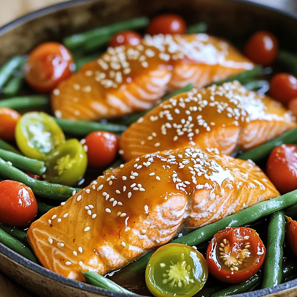 - 2 salmon fillets (approximately 6 oz each) - 1/4 cup honey - 3 tablespoons low-sodium soy sauce - 2 cloves garlic, minced - 1 tablespoon fresh ginger, finely grated - 1 tablespoon olive oil - Salt and freshly cracked black pepper to taste - 1 cup green beans, trimmed and washed - 1 cup cherry tomatoes, halved To make the One Pan Honey Garlic Salmon, you'll need some key ingredients. Salmon is our star protein. I love using fresh fillets, but frozen works too. Honey gives the dish a sweet touch, while soy sauce adds depth. Garlic and ginger give it a bold flavor. Olive oil helps everything cook well. For veggies, I choose green beans and cherry tomatoes, which add color and crunch. - 1 tablespoon sesame seeds (for garnish) - Fresh parsley, finely chopped (for garnish) Garnishes add a nice finish. Sesame seeds give a nutty flavor. Fresh parsley brightens up the dish and adds a pop of color. - Oven-safe skillet - Mixing bowl - Whisk You don't need much equipment for this recipe. An oven-safe skillet is key. You’ll also need a mixing bowl and a whisk. These tools make it easy to mix the sauce and cook everything in one pan. For the full recipe, check out the link. - Preheat your oven to 400°F (200°C). This helps the salmon cook evenly. - In a small bowl, mix together honey, soy sauce, minced garlic, and ginger. Whisk until smooth. This is your marinade. - Heat 1 tablespoon of olive oil in a large oven-safe skillet over medium-high heat. - Season both sides of the salmon fillets with salt and pepper. - Place the salmon skin-side down in the hot skillet. Sear for about 2-3 minutes until the skin is crispy. - Carefully pour the honey garlic sauce over the salmon. Make sure to cover each fillet. - Add the green beans and cherry tomatoes to the skillet. Toss them in the sauce lightly. - Transfer the skillet to the preheated oven. Bake for 12-15 minutes. The salmon should flake easily with a fork. - Once done, take the skillet out of the oven. - Sprinkle sesame seeds and chopped parsley on top for added flavor and color. - Serve the dish right from the skillet or transfer it to a serving plate. Drizzle any leftover sauce for extra taste. Enjoy your meal! You can find the Full Recipe for more details. To know when salmon is done, look for the color. It should be a light pink and opaque. If it flakes easily with a fork, it’s ready. Use a food thermometer if you want to be precise. The ideal internal temperature is 145°F (63°C). For crispy skin, start with a dry salmon fillet. Pat it with a paper towel to remove moisture. Heat your skillet until it’s hot before adding the salmon. Sear skin-side down for 2-3 minutes. This helps form a crispy layer that you will love. When serving One Pan Honey Garlic Salmon, think about sides. Steamed rice or quinoa pairs well, soaking up that yummy sauce. A fresh salad can add crunch and color. Try mixing greens with a light vinaigrette. For presentation, arrange the salmon, green beans, and cherry tomatoes nicely on a plate. Drizzle some extra honey garlic sauce on top for flair. Don’t forget a sprinkle of parsley for that touch of freshness. If you want to switch up the flavor, try adding citrus. A squeeze of lemon or lime can brighten the dish. You can also use maple syrup instead of honey for a different sweetness. For substitutions, if you lack soy sauce, try tamari or coconut aminos for a gluten-free option. Fresh herbs like basil or cilantro can also give the marinade a tasty twist. Experiment with these ideas for a unique meal each time. {{image_4}} You can swap salmon for chicken or tofu. Each protein brings its own flavor. If you choose chicken, cook it for 20-25 minutes at 400°F. For tofu, bake it for about 15-20 minutes. Adjust the cooking time based on the thickness of the protein. Feel free to add more vegetables to your dish. Broccoli, bell peppers, or zucchini work great. Seasonal veggies can make your meal even better. In spring, use asparagus or snap peas. In fall, try sweet potatoes or Brussels sprouts. To balance flavors in the sauce, taste as you go. If you want it sweeter, add more honey. For more spice, increase the garlic or add red pepper flakes. Always remember to adjust slowly for the best taste. To keep your One Pan Honey Garlic Salmon fresh, place leftovers in an airtight container. This helps prevent air from drying out the salmon. You can store it in the fridge for up to three days. For meal prep, consider freezing portions. Place salmon in a freezer-safe bag. Remove as much air as possible before sealing. It can last in the freezer for up to three months. When you’re ready to eat, just thaw it in the fridge overnight. To reheat salmon without drying it out, use a low heat method. I suggest placing it in a skillet over medium-low heat. Add a splash of water or broth to keep it moist. Cover the skillet with a lid to trap steam. You can also reheat salmon in the microwave. Use a microwave-safe dish and cover it loosely with a damp paper towel. Heat in short bursts of 30 seconds until warm. This helps maintain the flavor and texture. In the fridge, One Pan Honey Garlic Salmon lasts about three days. Keep an eye out for signs of spoilage. If the salmon smells sour or looks dull, it's best to toss it. The vegetables should also look fresh. If they become slimy or discolored, discard them. Enjoy your meal while it’s still at its best! To add some heat to your dish, consider these options: - Red pepper flakes: Sprinkle a pinch on the salmon before cooking. - Sriracha sauce: Mix a teaspoon into the honey garlic sauce. - Chili garlic sauce: Swap some of the soy sauce for this spicy option. - Fresh jalapeños: Slice them thin and toss them with the vegetables. These options let you adjust the spice to your taste. Yes, you can use frozen salmon! Here are some tips: - Thaw first: For best results, thaw the salmon overnight in the fridge. - Cook from frozen: If you’re in a rush, you can cook it straight from frozen. Just add a few extra minutes to the cooking time. - Check for doneness: Make sure the salmon reaches an internal temperature of 145°F. Using frozen salmon is a great way to save time and reduce waste. This dish pairs well with many sides. Consider these options: - Rice: White or brown rice absorbs the sauce well. - Quinoa: A protein-packed grain that adds texture. - Roasted vegetables: Carrots, broccoli, or asparagus work nicely. - Salad: A fresh green salad balances the rich flavors of the salmon. These sides complement the meal and make it more filling. Yes, One Pan Honey Garlic Salmon is great for meal prep! Here’s why: - Easy to store: The salmon and veggies keep well in airtight containers. - Quick reheating: Simply warm it in the microwave or oven. - Healthy option: Packed with protein and veggies, it’s a nutritious choice. Plan to make a larger batch to enjoy throughout the week. For the full recipe, check out the detailed instructions above. This blog post covered making One Pan Honey Garlic Salmon. We looked at ingredients, cooking steps, and tips for success. Remember to use a mix of honey, soy sauce, and garlic for the best flavor. You can also try different proteins or veggies to customize the dish. Proper storage helps keep leftovers fresh. Now you can enjoy a tasty meal with ease. Don't hesitate to experiment and make this dish your own!