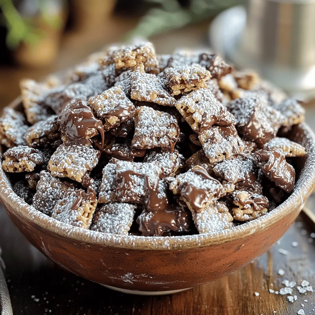 To make this tasty treat, you need a few key ingredients. Each one plays a big role in the final flavor and texture. Here’s what you’ll need: - 6 cups Rice Chex cereal - 1 cup semi-sweet chocolate chips - 1/2 cup creamy peanut butter - 1/4 cup unsalted butter - 1 teaspoon vanilla extract - 1 1/2 cups powdered sugar - A pinch of salt These ingredients come together to create a sweet and crunchy snack. Rice Chex gives it that perfect crunch. The semi-sweet chocolate chips and creamy peanut butter mix to form a rich sauce. Butter adds a smoothness that makes it all melt-in-your-mouth good. Vanilla and a pinch of salt enhance the flavors, making every bite delightful. Gathering these ingredients is simple. You can find them at any grocery store. Make sure to measure them out before you start cooking. This helps things go smoothly. Having everything ready helps you focus on mixing and enjoying the process. For the full recipe, check out the details above! To start, set up your workspace. Gather all your ingredients first. You will need: - 6 cups Rice Chex cereal - 1 cup semi-sweet chocolate chips - 1/2 cup creamy peanut butter - 1/4 cup unsalted butter - 1 teaspoon vanilla extract - 1 1/2 cups powdered sugar - A pinch of salt Next, grab your tools. Have a large mixing bowl and wax paper ready. You want everything close at hand. Now, let’s melt our mixture. In a medium saucepan, combine the chocolate chips, creamy peanut butter, and unsalted butter. Use low heat for this step. Stir it all together with a rubber spatula. Keep stirring until it melts and becomes smooth. This should take about 3 to 5 minutes. Remove it from the heat when it’s ready. In your large bowl, add the Rice Chex cereal. Carefully drizzle the warm chocolate-peanut butter mixture over the cereal. Use a gentle folding motion to mix. Make sure every piece is coated but be careful not to break the cereal. Next, it's time to shake with sugar. Transfer the coated cereal into a large resealable plastic bag. Add the powdered sugar, seal the bag, and shake gently. You want an even coating of sugar for the best taste. Now, spread the sugary mix onto wax paper or a baking sheet. Let it cool for about 30 minutes. This helps it get that perfect crunch. For the full recipe, refer to the main article. Enjoy your delightful Chocolate Peanut Butter Puppy Chow! To make your puppy chow great, focus on coating. Drizzle the warm mix over the Rice Chex slowly. Use a gentle hand when mixing. This way, each piece gets a nice coat without breaking. If you break the cereal, it won't look as nice. Want to boost flavor? A pinch of salt helps bring out the chocolate and peanut butter taste. You can also try adding a bit of espresso powder. It gives a rich depth that is hard to resist. For a twist, add some cinnamon or cayenne for a kick. When it comes time to serve, get creative! You can fill clear gift bags with your puppy chow. Tie them with colorful ribbons for a fun touch. This makes a great party snack too! You can also use a big bowl for sharing. Add fun toppings like sprinkles or nuts to make it even more festive. {{image_4}} You can switch peanut butter for almond or cashew butter. Both add unique flavors. Almond butter gives a nutty taste. Cashew butter is creamy and rich. Each nut butter brings a new twist to your puppy chow. Feel free to experiment with your favorite nut butter! Mix-ins can make your puppy chow even more fun. You can add chopped nuts for crunch. Pretzels offer a salty bite that contrasts well with sweetness. M&Ms add color and a burst of chocolate. You can customize your treat to match your taste. The options are endless! If you want a lighter version, you can make easy swaps. Use dark chocolate chips for less sugar. For gluten-free, check your cereal label. Some brands offer gluten-free Rice Chex. You could also use honey or maple syrup instead of sugar. These changes keep the flavor while making it healthier. To keep your puppy chow fresh, store it in an airtight container. This keeps out air and moisture, which can make it soggy. I like to use glass jars or plastic bins with tight lids. These options work well because they seal tightly. Avoid leaving it in open bags or bowls. This will help keep the sweet crunch intact. Your puppy chow will stay fresh for up to a week. After that, it may lose some of its crispness. I recommend checking it daily. If it starts to taste stale, it’s time to toss it. Keeping it in an airtight container can help it last longer. You can freeze puppy chow if you want to save some for later. To freeze, place it in a freezer-safe bag. Squeeze out the air before sealing. When you’re ready to eat, take it out and let it thaw at room temperature. This process usually takes a few hours. Avoid microwaving it, as this can make it soft. Enjoy your puppy chow whenever you want! Yes, you can use other cereals! Chex is great, but you can try: - Corn Chex - Crispix - Cheerios - Golden Grahams These options can change the taste and texture. Experiment to find your favorite! Puppy Chow started in the 1980s in the Midwest. It was created to be a sweet snack for kids. The name comes from its dog food look, but it is not for dogs. It quickly became popular at parties and school events. Now, many people enjoy it for its fun and tasty flavor. To make Puppy Chow less sweet, try these tips: - Use less powdered sugar. - Add a bit more salt. - Mix in unsweetened cocoa powder. These changes can help balance the sweetness and make it more enjoyable for everyone. Puppy Chow is not safe for dogs. The name can be misleading. It contains chocolate and sugar, both harmful to dogs. Always keep this treat away from your pets. Enjoy it yourself without worry! We covered the essential ingredients and steps to make delicious chocolate peanut butter puppy chow. You learned tips to enhance flavor and how to store it well. Remember, you can get creative with nut butters or fun mix-ins. Puppy chow is a tasty treat, perfect for sharing. Experiment with variations to find your favorite version. Enjoy your snack, knowing it’s fresh and fun!