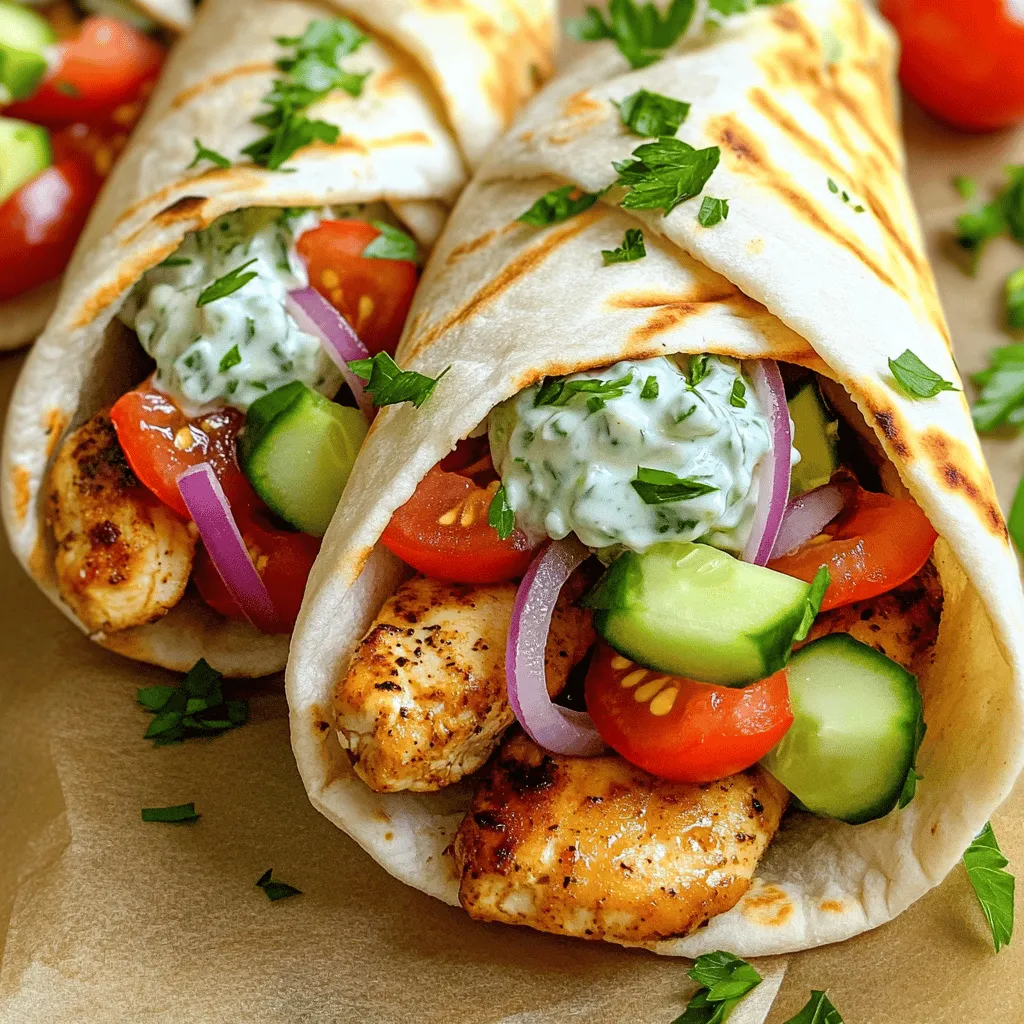 To make easy chicken gyros, you will need the following ingredients: - 2 large chicken breasts, thinly sliced into strips - 3 tablespoons extra virgin olive oil - 1 tablespoon freshly squeezed lemon juice - 2 cloves garlic, finely minced - 1 tablespoon dried oregano - 1 teaspoon sweet paprika - Salt and freshly ground black pepper to taste - 4 soft pita breads - 1 cup creamy Greek yogurt - 1 small cucumber, finely diced - 1 ripe tomato, diced - 1/4 red onion, thinly sliced - Fresh parsley or dill, chopped for garnish When cooking, using the right measurements matters. Here’s a quick guide: - Chicken breasts: Use large pieces for juicy gyros. - Olive oil: Three tablespoons help create a rich marinade. - Lemon juice: One tablespoon adds a fresh zing. - Garlic: Two cloves give a strong garlic flavor. - Oregano: One tablespoon brings that classic Greek taste. - Paprika: A teaspoon adds a hint of sweetness. - Salt and pepper: Adjust to your taste. You can swap some ingredients based on what you have: - Chicken: Turkey or pork can work well too. - Olive oil: Canola or sunflower oil are good substitutes. - Greek yogurt: Any plain yogurt will do if Greek is not available. - Cucumber: Try zucchini for a different crunch. - Herbs: Use mint instead of parsley or dill for a unique twist. Explore the Full Recipe to create these delightful chicken gyros! Start by making the marinade. In a medium bowl, mix the olive oil, lemon juice, minced garlic, oregano, paprika, salt, and pepper. Whisk until everything blends well. Next, add the chicken strips. Make sure they are fully coated in the marinade. Cover the bowl with plastic wrap. Place it in the fridge for at least 30 minutes. If you have more time, let it sit for up to 2 hours. This helps the chicken soak up all the flavors. Heat a large skillet or grill pan over medium-high heat. Once hot, add the marinated chicken strips in a single layer. Cook for about 5-7 minutes. Stir occasionally to ensure even cooking. The chicken should turn golden brown and reach an internal temperature of 165°F (75°C). This step is key for juicy and tender chicken. While the chicken cooks, prepare the tzatziki sauce. In a separate bowl, mix the Greek yogurt with the diced cucumber. Add a pinch of salt and your choice of chopped parsley or dill. Stir until everything is well combined. Set this aside. This sauce adds a cool, creamy touch to your gyros. Warm the pita breads in a dry skillet for 1-2 minutes on each side. You can also microwave them for about 10-15 seconds. This makes them soft and easy to roll. To assemble, lay a portion of the cooked chicken in the center of each pita. Top with diced tomato, sliced red onion, and a generous dollop of tzatziki sauce. Carefully roll each pita to enclose the filling. Serve while warm for the best taste. For the full recipe, check out the details above. You can cook chicken gyros using a skillet or a grill. Both methods work well. A skillet gives you a nice sear and is easy to control. Heat the skillet to medium-high. Add oil and then the chicken. Stir often for even cooking. Grill offers a smoky flavor. Preheat your grill and cook the chicken strips directly on the grates. Both methods yield juicy chicken. Choose based on your taste and tools. To keep chicken moist, marinate it well. Use a mix of olive oil, lemon juice, garlic, and spices. Let the chicken sit in the marinade for at least 30 minutes. Longer is better for flavor. When cooking, avoid high heat for too long. Cook until the chicken reaches 165°F. Let it rest for a few minutes after cooking. This helps the juices stay inside the meat. Chicken gyros are best served warm. Pair them with fresh pita bread and tzatziki sauce. Add diced tomatoes, cucumber, and red onion for crunch. You can also serve rice or a salad on the side. A side of roasted vegetables works well too. Don’t forget to sprinkle some fresh herbs on top for color and flavor. For more details, check out the Full Recipe. {{image_4}} You can swap chicken for beef or lamb for gyros. Both meats bring rich flavors. For beef, use flank or skirt steak. For lamb, try boneless leg or shoulder. If you want a vegetarian option, use grilled veggies or marinated tofu. They make a tasty filling too. You can change the marinade for different tastes. Use yogurt for a creamier base. Add spices like cumin or coriander for a warm flavor. Fresh herbs like mint or cilantro can brighten the dish. You can even try adding a bit of honey for sweetness. Just mix and match to find your favorite blend. Toppings can really change your gyros. Instead of regular toppings, try feta cheese or olives for a salty kick. You can add bell peppers or spinach for extra crunch. For sauces, tzatziki is classic, but you can use hummus or a spicy harissa sauce too. Each topping and sauce brings something new to your meal. For the full recipe, check out the detailed steps above. To store your chicken gyros, let them cool first. Place them in an airtight container. You can keep them in the fridge for up to three days. If you have leftover tzatziki sauce, store it in a separate container. It will stay fresh for about four days. When you want to enjoy your leftovers, reheat the chicken gyros gently. You can use a skillet over medium heat for the best results. This method keeps the chicken moist. Heat for about 5 minutes, flipping the gyros halfway through. If you prefer the microwave, do so in 30-second intervals. Wrap them in a damp paper towel to keep them from drying out. If you want to save gyros for later, freezing is a great option. Wrap each gyro tightly in plastic wrap. Then, place them in a freezer bag. This way, they can last for up to three months. When you are ready to eat, thaw them overnight in the fridge. After thawing, reheat as described above. Enjoy your homemade meal again with ease! For the full recipe, check here. Chicken gyros are a popular Greek dish. They consist of marinated chicken, cooked until tender. You serve the chicken in soft pita bread. Toppings like tomatoes, onions, and tzatziki add flavor. Gyros are simple and delicious. They are perfect for lunch or dinner. Yes, you can make chicken gyros ahead of time. Marinate the chicken a few hours before cooking. You can also cook the chicken and store it in the fridge. Just reheat it when ready to serve. Prepare the tzatziki sauce ahead too. This saves time and makes your meal easier. To make gyros healthier, use lean chicken breast. You can also add more veggies, like lettuce and bell peppers. Choose whole wheat pita for extra fiber. Make tzatziki with low-fat yogurt for fewer calories. Enjoy your tasty meal while staying healthy! For the full recipe and more details, check out the [Full Recipe]. In this post, we covered the essential ingredients, step-by-step cooking methods, and handy tips for making Chicken Gyros. I shared recipe variations, storage info, and answers to common questions. You can easily customize your gyros to suit your taste. With the right techniques and ingredients, your meal will impress everyone. Enjoy delicious, homemade Chicken Gyros that everyone will love!
