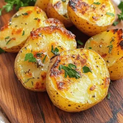 - 2 pounds baby potatoes, halved - 4 tablespoons extra virgin olive oil - 6 large cloves garlic, finely minced - 2 teaspoons dried rosemary - 2 teaspoons dried thyme - 1 teaspoon smoked paprika - Sea salt and freshly ground black pepper, to taste These main ingredients create a tasty base for garlic herb roasted potatoes. Baby potatoes give a creamy texture inside, while the olive oil adds rich flavor. Garlic brings a warm, savory taste that pairs well with herbs. Rosemary and thyme add earthy notes, while smoked paprika brings a hint of smokiness. Sea salt and black pepper make everything pop. - Fresh parsley, finely chopped Fresh parsley is not just a garnish. It adds brightness and color to the dish. I like to sprinkle it on after roasting. It makes the potatoes look inviting and fresh. Plus, it adds a bite of herbal flavor. - Mixing bowl - Baking sheet - Measuring spoons Using the right equipment makes cooking easier and faster. A mixing bowl helps combine the potatoes and seasonings well. A baking sheet lets the potatoes roast evenly. Measuring spoons ensure you use the right amount of each ingredient for the best taste. For the full recipe, check the section titled Full Recipe. 1. Preheat the oven: Start by setting your oven to 425°F (220°C). A hot oven helps the potatoes cook well. 2. Halve the baby potatoes: Take your 2 pounds of baby potatoes and cut each one in half. This helps them cook faster and get crispy. 3. Combine potatoes with oil and seasonings: In a big mixing bowl, add the halved potatoes. Pour in 4 tablespoons of extra virgin olive oil. Then, add 6 minced garlic cloves, 2 teaspoons of dried rosemary, 2 teaspoons of dried thyme, 1 teaspoon of smoked paprika, sea salt, and black pepper. Mix everything well so each potato piece is coated. 4. Spread on baking sheet: Take a large baking sheet and spread the seasoned potatoes out in a single layer. Place the cut sides down for nice browning. 5. Roast duration and temperature: Put the baking sheet in your preheated oven. Roast the potatoes for about 25-30 minutes. You want them golden brown and crispy outside but soft inside. 6. Tossing for even cooking: Halfway through roasting, give the potatoes a good toss. This helps them cook evenly and get that perfect crispiness. Discover the complete recipe details in the [Full Recipe]. To make the best garlic herb roasted potatoes, focus on crispiness and even cooking. - Maximize Crispiness: Use baby potatoes for their smooth skin. Always cut them in half to expose more surface area. This helps them brown better. Toss them well in olive oil and seasonings. A hot oven is key, so aim for 425°F. - Ensuring Even Cooking: Spread the potatoes in a single layer on the baking sheet. This allows hot air to circulate around them. Toss them halfway through roasting for a consistent cook. To get perfect roasted potatoes, avoid these common mistakes. - Overcrowding the Baking Sheet: If you pile too many potatoes on the sheet, they will steam instead of roast. Always leave space between them for best results. - Not Preheating the Oven: Skipping this step can lead to soggy potatoes. Always preheat your oven to 425°F before putting them in to roast. Presentation and pairing can elevate your dish. - Presentation Ideas: Serve your roasted potatoes in a shallow bowl or on a rustic wooden platter. Drizzle with olive oil and add a sprinkle of flaky sea salt for extra flair. - Recommended Pairings: Garlic herb roasted potatoes pair well with grilled meats or a fresh salad. They also make a great side for holiday dinners or barbecues. You can find the full recipe for garlic herb roasted potatoes to help you create this delicious side dish. {{image_4}} You can easily change the taste of garlic herb roasted potatoes. Try adding cheese for a creamy twist. Grated Parmesan or crumbled feta works well. Just sprinkle it on top during the last five minutes of roasting. This gives it a nice melt and boosts the flavor. Another fun way to mix it up is by using different herbs. Rosemary and thyme are classic, but you can try oregano or basil too. Fresh herbs can give a bright flavor. Just remember to add them near the end of cooking to keep their taste strong. If you need vegan options, this recipe is perfect. All the ingredients are plant-based. Use olive oil and fresh herbs as your main flavors. For a gluten-free version, you don't need to change much. The recipe is already gluten-free since it uses fresh potatoes and herbs. You can cook these potatoes in an air fryer for a quicker option. Set it to 400°F (200°C) and cook for about 20 minutes. Shake the basket halfway through to ensure even cooking. A grilled version is another tasty alternative. Toss the seasoned potatoes in a grill basket and cook over medium heat. This adds a smoky flavor and crispy texture. Grilling brings out a unique taste that you will love. For the full recipe, check the earlier section! You can store leftover garlic herb roasted potatoes in the fridge. Place the cooled potatoes in an airtight container. Make sure to seal it well to keep out air. Use them within three to four days for the best taste. To reheat, use the oven to keep the crispiness. Preheat your oven to 350°F (175°C). Spread the potatoes on a baking sheet in a single layer. Heat for about 10-15 minutes until warm. This will help retain that nice texture. You can freeze roasted potatoes too. First, let them cool completely. Then spread them on a baking sheet and freeze until firm. Once firm, transfer them to a freezer-safe bag. They can last up to three months in the freezer. To thaw, place them in the fridge overnight. Reheat them in the oven as mentioned before. This way, you can enjoy your garlic herb roasted potatoes later! For the full recipe, check back earlier in the article. The best potatoes for roasting are waxy types, like baby potatoes. Their smooth texture helps them stay firm and delicious. You can also use Yukon Gold potatoes. They have a buttery flavor and work well too. Avoid starchy potatoes like Russets; they can turn mushy when roasted. Yes, you can prep garlic herb roasted potatoes ahead of time. Cut the potatoes and mix them with oil and herbs. Store them in the fridge for a few hours or overnight. Just remember to bring them back to room temperature before roasting. This helps them cook evenly and saves you time. To get crispy roasted potatoes, follow a few key steps. First, preheat your oven to a high temperature, around 425°F (220°C). Spread the potatoes in a single layer on the baking sheet. This allows hot air to circulate. Toss the potatoes halfway through cooking to ensure they brown evenly. If needed, add a little more oil to aid crispiness. For the full recipe, check out the Garlic Herb Roasted Potatoes recipe. Roasting baby potatoes combines simple ingredients for delicious results. We covered essential steps from choosing the right potatoes to achieving perfect crispiness. Remember to avoid overcrowding your baking sheet and always preheat your oven. You can experiment with flavors and cooking methods, like using an air fryer. With proper storage and reheating tips, your leftovers can stay tasty. Enjoy every bite of these easy-to-make roasted potatoes!