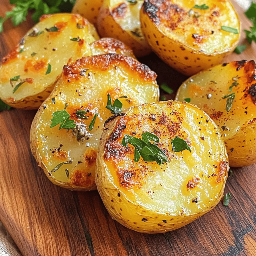 - 2 pounds baby potatoes, halved - 4 tablespoons extra virgin olive oil - 6 large cloves garlic, finely minced - 2 teaspoons dried rosemary - 2 teaspoons dried thyme - 1 teaspoon smoked paprika - Sea salt and freshly ground black pepper, to taste These main ingredients create a tasty base for garlic herb roasted potatoes. Baby potatoes give a creamy texture inside, while the olive oil adds rich flavor. Garlic brings a warm, savory taste that pairs well with herbs. Rosemary and thyme add earthy notes, while smoked paprika brings a hint of smokiness. Sea salt and black pepper make everything pop. - Fresh parsley, finely chopped Fresh parsley is not just a garnish. It adds brightness and color to the dish. I like to sprinkle it on after roasting. It makes the potatoes look inviting and fresh. Plus, it adds a bite of herbal flavor. - Mixing bowl - Baking sheet - Measuring spoons Using the right equipment makes cooking easier and faster. A mixing bowl helps combine the potatoes and seasonings well. A baking sheet lets the potatoes roast evenly. Measuring spoons ensure you use the right amount of each ingredient for the best taste. For the full recipe, check the section titled Full Recipe. 1. Preheat the oven: Start by setting your oven to 425°F (220°C). A hot oven helps the potatoes cook well. 2. Halve the baby potatoes: Take your 2 pounds of baby potatoes and cut each one in half. This helps them cook faster and get crispy. 3. Combine potatoes with oil and seasonings: In a big mixing bowl, add the halved potatoes. Pour in 4 tablespoons of extra virgin olive oil. Then, add 6 minced garlic cloves, 2 teaspoons of dried rosemary, 2 teaspoons of dried thyme, 1 teaspoon of smoked paprika, sea salt, and black pepper. Mix everything well so each potato piece is coated. 4. Spread on baking sheet: Take a large baking sheet and spread the seasoned potatoes out in a single layer. Place the cut sides down for nice browning. 5. Roast duration and temperature: Put the baking sheet in your preheated oven. Roast the potatoes for about 25-30 minutes. You want them golden brown and crispy outside but soft inside. 6. Tossing for even cooking: Halfway through roasting, give the potatoes a good toss. This helps them cook evenly and get that perfect crispiness. Discover the complete recipe details in the [Full Recipe]. To make the best garlic herb roasted potatoes, focus on crispiness and even cooking. - Maximize Crispiness: Use baby potatoes for their smooth skin. Always cut them in half to expose more surface area. This helps them brown better. Toss them well in olive oil and seasonings. A hot oven is key, so aim for 425°F. - Ensuring Even Cooking: Spread the potatoes in a single layer on the baking sheet. This allows hot air to circulate around them. Toss them halfway through roasting for a consistent cook. To get perfect roasted potatoes, avoid these common mistakes. - Overcrowding the Baking Sheet: If you pile too many potatoes on the sheet, they will steam instead of roast. Always leave space between them for best results. - Not Preheating the Oven: Skipping this step can lead to soggy potatoes. Always preheat your oven to 425°F before putting them in to roast. Presentation and pairing can elevate your dish. - Presentation Ideas: Serve your roasted potatoes in a shallow bowl or on a rustic wooden platter. Drizzle with olive oil and add a sprinkle of flaky sea salt for extra flair. - Recommended Pairings: Garlic herb roasted potatoes pair well with grilled meats or a fresh salad. They also make a great side for holiday dinners or barbecues. You can find the full recipe for garlic herb roasted potatoes to help you create this delicious side dish. {{image_4}} You can easily change the taste of garlic herb roasted potatoes. Try adding cheese for a creamy twist. Grated Parmesan or crumbled feta works well. Just sprinkle it on top during the last five minutes of roasting. This gives it a nice melt and boosts the flavor. Another fun way to mix it up is by using different herbs. Rosemary and thyme are classic, but you can try oregano or basil too. Fresh herbs can give a bright flavor. Just remember to add them near the end of cooking to keep their taste strong. If you need vegan options, this recipe is perfect. All the ingredients are plant-based. Use olive oil and fresh herbs as your main flavors. For a gluten-free version, you don't need to change much. The recipe is already gluten-free since it uses fresh potatoes and herbs. You can cook these potatoes in an air fryer for a quicker option. Set it to 400°F (200°C) and cook for about 20 minutes. Shake the basket halfway through to ensure even cooking. A grilled version is another tasty alternative. Toss the seasoned potatoes in a grill basket and cook over medium heat. This adds a smoky flavor and crispy texture. Grilling brings out a unique taste that you will love. For the full recipe, check the earlier section! You can store leftover garlic herb roasted potatoes in the fridge. Place the cooled potatoes in an airtight container. Make sure to seal it well to keep out air. Use them within three to four days for the best taste. To reheat, use the oven to keep the crispiness. Preheat your oven to 350°F (175°C). Spread the potatoes on a baking sheet in a single layer. Heat for about 10-15 minutes until warm. This will help retain that nice texture. You can freeze roasted potatoes too. First, let them cool completely. Then spread them on a baking sheet and freeze until firm. Once firm, transfer them to a freezer-safe bag. They can last up to three months in the freezer. To thaw, place them in the fridge overnight. Reheat them in the oven as mentioned before. This way, you can enjoy your garlic herb roasted potatoes later! For the full recipe, check back earlier in the article. The best potatoes for roasting are waxy types, like baby potatoes. Their smooth texture helps them stay firm and delicious. You can also use Yukon Gold potatoes. They have a buttery flavor and work well too. Avoid starchy potatoes like Russets; they can turn mushy when roasted. Yes, you can prep garlic herb roasted potatoes ahead of time. Cut the potatoes and mix them with oil and herbs. Store them in the fridge for a few hours or overnight. Just remember to bring them back to room temperature before roasting. This helps them cook evenly and saves you time. To get crispy roasted potatoes, follow a few key steps. First, preheat your oven to a high temperature, around 425°F (220°C). Spread the potatoes in a single layer on the baking sheet. This allows hot air to circulate. Toss the potatoes halfway through cooking to ensure they brown evenly. If needed, add a little more oil to aid crispiness. For the full recipe, check out the Garlic Herb Roasted Potatoes recipe. Roasting baby potatoes combines simple ingredients for delicious results. We covered essential steps from choosing the right potatoes to achieving perfect crispiness. Remember to avoid overcrowding your baking sheet and always preheat your oven. You can experiment with flavors and cooking methods, like using an air fryer. With proper storage and reheating tips, your leftovers can stay tasty. Enjoy every bite of these easy-to-make roasted potatoes!