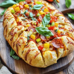To make cheesy pull-apart pizza bread, gather these key ingredients: - 1 round loaf of bread (sourdough or Italian recommended) - 1 cup shredded mozzarella cheese - 1 cup pizza sauce (store-bought or homemade) - ½ cup pepperoni slices - ½ cup diced bell peppers (mix of red and green for color) - 1 teaspoon dried oregano - 2 tablespoons olive oil - 1 clove garlic, minced - Fresh basil leaves, for garnish (optional) These ingredients work together to create a delicious, gooey snack that everyone will love. The bread serves as a sturdy base, and the cheese is the star of the show. When it comes to cheese, mozzarella is the best choice for this bread. It melts beautifully and creates that stretch we all crave. You can also mix in other cheeses for more flavor. Try: - Cheddar for a sharp taste - Provolone for a creamy texture - Parmesan for a nutty kick Mixing different cheeses adds depth to your dish. Experiment with what you have on hand for a unique twist. Want to take your cheesy pull-apart pizza bread to the next level? Consider adding these tasty ingredients: - Cooked sausage for a hearty bite - Fresh spinach for a pop of color and health - Olives for a briny flavor - Onions for sweetness These add-ins not only enhance the taste but also make the bread more exciting. Get creative and have fun with your choices! For the complete recipe, check the [Full Recipe]. To start, preheat your oven to 375°F (190°C). This is key for a great bake. Take your round loaf of bread and place it on a large cutting board. Using a serrated knife, carefully cut into the loaf. Make a crisscross pattern, creating about 1-inch squares. Be careful not to cut all the way through the bottom crust. This keeps the bread intact, making it easier to pull apart later. Now, grab a mixing bowl. Combine the shredded mozzarella cheese, pepperoni slices, and diced bell peppers. Mix them well, ensuring every piece is coated. Next, heat olive oil in a small skillet over medium heat. Add minced garlic and cook it for about 1-2 minutes. You want it fragrant and slightly golden. Drizzle this garlic oil over the top of your bread. Make sure it seeps into the cuts. Then, stuff the cheese and pepperoni mixture into each cut. Press down gently to pack it in. Pour pizza sauce over the stuffed bread, letting it soak in. Finally, sprinkle dried oregano on top for that extra kick. Loosely wrap your stuffed bread in aluminum foil. Place it on a baking sheet for support. Bake for 15-20 minutes. This helps the cheese melt and the flavors blend. After this time, remove the foil and bake for another 10 minutes. You want the cheese to bubble and turn golden. Once done, take the bread out and let it cool slightly. Serve it warm, and enjoy this cheesy delight with friends and family. For the complete process, check the Full Recipe. To keep your cheesy pull-apart pizza bread nice and crisp, avoid too much sauce. If the bread soaks up too much liquid, it can get soggy. Here are a few tips: - Use a thick pizza sauce. - Avoid pouring too much sauce at once. - Let the sauce sit on top instead of soaking in. Getting the stuffing right makes a big difference in flavor. Here’s how to layer your ingredients perfectly: - Start with cheese at the bottom of each cut. - Add pepperoni and bell peppers next. - Press the filling down gently to pack it in. - Finish by topping with more cheese for a gooey finish. Ovens can vary in heat, so keep an eye on your bread. If your oven runs hot, check it a few minutes early. Here’s what to consider: - Use an oven thermometer to check the temperature. - Bake for 15-20 minutes, but watch for bubbling cheese. - Adjust time if your oven is slow or fast. These tips will help you nail the perfect cheesy pull-apart pizza bread every time. For the full recipe, see above! {{image_4}} For a tasty vegetarian twist, you can switch up the cheese. Try using a mix of mozzarella and provolone for a richer flavor. You can also add feta or goat cheese for a tangy kick. If you love veggies, consider adding spinach, mushrooms, or artichokes. These options add texture and flavor without meat. If you crave more meat, go for a meat lovers’ version. Start with pepperoni, then add cooked sausage, ham, or bacon. You can layer in salami or even spicy chorizo. These meats will bring an extra punch to your cheesy pull-apart bread. Just make sure to balance the flavors so that the cheese still shines. Herbs can make your bread pop with flavor. Mix dried basil, thyme, or rosemary into your cheese blend. Fresh herbs like parsley or chives can also brighten the taste. For a zesty touch, sprinkle in some red pepper flakes. This will add warmth and a bit of heat to your savory snack. Each of these herb mixes brings a unique twist to the classic recipe. You can get creative and find your favorite combination. To keep your leftover cheesy pull-apart pizza bread fresh, wrap it tightly in plastic wrap or foil. Place it in an airtight container. This helps prevent the bread from drying out. Store it in the fridge for up to three days. If you want to keep it longer, consider freezing it. When you're ready to enjoy the leftovers, preheat your oven to 350°F (175°C). Unwrap the bread and place it on a baking sheet. Cover it with foil to prevent it from browning too much. Heat for about 10-15 minutes. This method keeps the cheese melty and the bread soft. To freeze cheesy pull-apart pizza bread, wrap it well in plastic wrap and foil. It can last up to three months in the freezer. When you’re ready to eat it, remove it from the freezer. Let it thaw in the fridge overnight. After thawing, reheat it in the oven for the best taste. Enjoy this delicious snack anytime! For the full recipe, check it out! Yes, you can use other types of bread. A French baguette or ciabatta also works well. Just ensure the bread can hold the toppings without falling apart. I love sourdough for its flavor and chewy texture. Italian bread also adds a nice touch. Feel free to experiment with what you have at home. Serve this bread warm for the best taste. Place it on a wooden board for a rustic look. I like to add a small bowl of pizza sauce on the side for dipping. Fresh basil leaves add a pop of color and flavor. You can also serve it as a fun appetizer at parties or family gatherings. Everyone loves to pull apart their own piece! To make a gluten-free version, use gluten-free bread. Look for a round gluten-free loaf at your local store. The rest of the recipe stays the same. Just check that the other ingredients are gluten-free too. This way, everyone can enjoy this cheesy treat without worry. Cheesy pull-apart pizza bread is a fun and tasty treat. We explored essential ingredients, including cheese and flavors. I shared easy steps to prepare, stuff, and bake your bread. Tips helped avoid sogginess and adjust for your oven. We also talked about tasty variations and how to store leftovers. Enjoy making this dish with your special touch. You’ll impress family and friends with your delicious results!