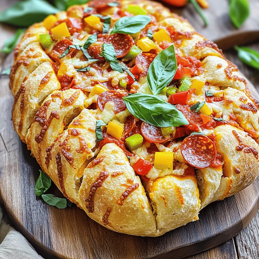 To make cheesy pull-apart pizza bread, gather these key ingredients: - 1 round loaf of bread (sourdough or Italian recommended) - 1 cup shredded mozzarella cheese - 1 cup pizza sauce (store-bought or homemade) - ½ cup pepperoni slices - ½ cup diced bell peppers (mix of red and green for color) - 1 teaspoon dried oregano - 2 tablespoons olive oil - 1 clove garlic, minced - Fresh basil leaves, for garnish (optional) These ingredients work together to create a delicious, gooey snack that everyone will love. The bread serves as a sturdy base, and the cheese is the star of the show. When it comes to cheese, mozzarella is the best choice for this bread. It melts beautifully and creates that stretch we all crave. You can also mix in other cheeses for more flavor. Try: - Cheddar for a sharp taste - Provolone for a creamy texture - Parmesan for a nutty kick Mixing different cheeses adds depth to your dish. Experiment with what you have on hand for a unique twist. Want to take your cheesy pull-apart pizza bread to the next level? Consider adding these tasty ingredients: - Cooked sausage for a hearty bite - Fresh spinach for a pop of color and health - Olives for a briny flavor - Onions for sweetness These add-ins not only enhance the taste but also make the bread more exciting. Get creative and have fun with your choices! For the complete recipe, check the [Full Recipe]. To start, preheat your oven to 375°F (190°C). This is key for a great bake. Take your round loaf of bread and place it on a large cutting board. Using a serrated knife, carefully cut into the loaf. Make a crisscross pattern, creating about 1-inch squares. Be careful not to cut all the way through the bottom crust. This keeps the bread intact, making it easier to pull apart later. Now, grab a mixing bowl. Combine the shredded mozzarella cheese, pepperoni slices, and diced bell peppers. Mix them well, ensuring every piece is coated. Next, heat olive oil in a small skillet over medium heat. Add minced garlic and cook it for about 1-2 minutes. You want it fragrant and slightly golden. Drizzle this garlic oil over the top of your bread. Make sure it seeps into the cuts. Then, stuff the cheese and pepperoni mixture into each cut. Press down gently to pack it in. Pour pizza sauce over the stuffed bread, letting it soak in. Finally, sprinkle dried oregano on top for that extra kick. Loosely wrap your stuffed bread in aluminum foil. Place it on a baking sheet for support. Bake for 15-20 minutes. This helps the cheese melt and the flavors blend. After this time, remove the foil and bake for another 10 minutes. You want the cheese to bubble and turn golden. Once done, take the bread out and let it cool slightly. Serve it warm, and enjoy this cheesy delight with friends and family. For the complete process, check the Full Recipe. To keep your cheesy pull-apart pizza bread nice and crisp, avoid too much sauce. If the bread soaks up too much liquid, it can get soggy. Here are a few tips: - Use a thick pizza sauce. - Avoid pouring too much sauce at once. - Let the sauce sit on top instead of soaking in. Getting the stuffing right makes a big difference in flavor. Here’s how to layer your ingredients perfectly: - Start with cheese at the bottom of each cut. - Add pepperoni and bell peppers next. - Press the filling down gently to pack it in. - Finish by topping with more cheese for a gooey finish. Ovens can vary in heat, so keep an eye on your bread. If your oven runs hot, check it a few minutes early. Here’s what to consider: - Use an oven thermometer to check the temperature. - Bake for 15-20 minutes, but watch for bubbling cheese. - Adjust time if your oven is slow or fast. These tips will help you nail the perfect cheesy pull-apart pizza bread every time. For the full recipe, see above! {{image_4}} For a tasty vegetarian twist, you can switch up the cheese. Try using a mix of mozzarella and provolone for a richer flavor. You can also add feta or goat cheese for a tangy kick. If you love veggies, consider adding spinach, mushrooms, or artichokes. These options add texture and flavor without meat. If you crave more meat, go for a meat lovers’ version. Start with pepperoni, then add cooked sausage, ham, or bacon. You can layer in salami or even spicy chorizo. These meats will bring an extra punch to your cheesy pull-apart bread. Just make sure to balance the flavors so that the cheese still shines. Herbs can make your bread pop with flavor. Mix dried basil, thyme, or rosemary into your cheese blend. Fresh herbs like parsley or chives can also brighten the taste. For a zesty touch, sprinkle in some red pepper flakes. This will add warmth and a bit of heat to your savory snack. Each of these herb mixes brings a unique twist to the classic recipe. You can get creative and find your favorite combination. To keep your leftover cheesy pull-apart pizza bread fresh, wrap it tightly in plastic wrap or foil. Place it in an airtight container. This helps prevent the bread from drying out. Store it in the fridge for up to three days. If you want to keep it longer, consider freezing it. When you're ready to enjoy the leftovers, preheat your oven to 350°F (175°C). Unwrap the bread and place it on a baking sheet. Cover it with foil to prevent it from browning too much. Heat for about 10-15 minutes. This method keeps the cheese melty and the bread soft. To freeze cheesy pull-apart pizza bread, wrap it well in plastic wrap and foil. It can last up to three months in the freezer. When you’re ready to eat it, remove it from the freezer. Let it thaw in the fridge overnight. After thawing, reheat it in the oven for the best taste. Enjoy this delicious snack anytime! For the full recipe, check it out! Yes, you can use other types of bread. A French baguette or ciabatta also works well. Just ensure the bread can hold the toppings without falling apart. I love sourdough for its flavor and chewy texture. Italian bread also adds a nice touch. Feel free to experiment with what you have at home. Serve this bread warm for the best taste. Place it on a wooden board for a rustic look. I like to add a small bowl of pizza sauce on the side for dipping. Fresh basil leaves add a pop of color and flavor. You can also serve it as a fun appetizer at parties or family gatherings. Everyone loves to pull apart their own piece! To make a gluten-free version, use gluten-free bread. Look for a round gluten-free loaf at your local store. The rest of the recipe stays the same. Just check that the other ingredients are gluten-free too. This way, everyone can enjoy this cheesy treat without worry. Cheesy pull-apart pizza bread is a fun and tasty treat. We explored essential ingredients, including cheese and flavors. I shared easy steps to prepare, stuff, and bake your bread. Tips helped avoid sogginess and adjust for your oven. We also talked about tasty variations and how to store leftovers. Enjoy making this dish with your special touch. You’ll impress family and friends with your delicious results!