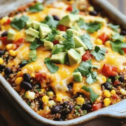 - 1 cup quinoa, thoroughly rinsed - 2 cups vegetable broth - 1 can (15 oz) black beans, well-drained and rinsed - 1 can (15 oz) sweet corn, drained - 1 can (14 oz) diced tomatoes with green chilies - 1 medium bell pepper, diced - 1 small red onion, finely diced - 2 cloves garlic, minced - Shredded sharp cheddar cheese, avocado, and cilantro for garnish The main ingredients in this casserole blend perfectly. Quinoa is the star, offering protein and fiber. The vegetable broth adds depth and richness. Black beans give a hearty texture and extra protein. The additional ingredients bring sweetness and freshness. Sweet corn and diced tomatoes introduce bright flavors. The bell pepper adds a crunchy bite that contrasts nicely with the soft quinoa. For seasoning, I use red onion and garlic to build a solid base. The cheese on top melts beautifully and creates a golden layer. I love adding avocado and cilantro as toppings for a fresh finish. You can find the full recipe to guide you through the cooking process, ensuring you achieve that perfect Southwest flavor. 1. Preheat your oven to 375°F (190°C). This step warms your oven for baking. 2. Rinse 1 cup of quinoa under cold water. This removes any bitterness. 3. In a medium pot, combine the rinsed quinoa with 2 cups of vegetable broth. Bring it to a boil. 4. Once it boils, reduce the heat to low and cover the pot. Let it simmer for about 15 minutes. The quinoa will absorb all the broth and become fluffy. 5. After cooking, remove the pot from heat and leave it covered to keep warm. 6. In a large bowl, mix the fluffy quinoa with 1 can of drained black beans, 1 can of drained corn, 1 can of diced tomatoes, 1 diced bell pepper, 1 finely diced red onion, and 2 minced garlic cloves. 7. Add 1 teaspoon each of ground cumin, chili powder, and smoked paprika. Mix well until everything is combined. 1. Grease a 9x13 inch casserole dish. Carefully transfer the quinoa mixture into the dish, spreading it evenly. 2. Sprinkle 1 cup of shredded sharp cheddar cheese on top. Make sure it covers the mixture. 3. Cover the dish tightly with aluminum foil. This keeps the moisture in while baking. 1. Place the casserole in your preheated oven and bake for 25 minutes. 2. After 25 minutes, remove the foil. Bake for another 10 to 15 minutes. Watch for the cheese to melt and turn golden. 3. Once done, take it out of the oven. Let it cool for a few minutes before serving. This helps the flavors mix well. 4. Before serving, add diced avocado and chopped cilantro on top for extra flavor. You can find the Full Recipe for this dish above. Rinse your quinoa well. This step keeps the quinoa from tasting bitter. Use vegetable broth instead of water. It adds a lot of flavor to the dish. You can serve the casserole directly from the dish. This gives a cozy, homely feel. For a fancier look, scoop it into bowls. Pair it with a side salad for a fresh touch. Feel free to add spices to make it your own. Try extra cumin or a pinch of cayenne for heat. You can also change up the garnishes. Diced tomatoes or green onions can add a pop of color. For the full recipe, check out the details above. {{image_4}} If you want to switch things up, you can replace quinoa with rice or millet. Both options work well and will give a nice texture. Cook rice or millet according to package instructions, then mix it in just like quinoa. For cheese, you have great dairy-free options. Try using nutritional yeast or cashew cheese. They add a creamy texture and a cheesy flavor without any dairy. Spice lovers can adjust the heat level by adding more chili powder or diced jalapeños. If you prefer less heat, reduce the spices. Always taste as you go to find your perfect balance. You can also add different veggies for variety. Consider adding zucchini, spinach, or even mushrooms. These additions bring new flavors and colors to your casserole. Serving style can change the whole vibe of your dish. You can serve it family-style in the casserole dish for a cozy feel. Or, for a fancier look, portion it into individual bowls. Garnishes can enhance visual appeal. Try topping with fresh diced avocado or a sprinkle of lime zest. Fresh cilantro adds a pop of color. These small touches make your casserole look even more inviting. For the full recipe, check out the recipe section above. After you make your delicious casserole, let it cool for about 30 minutes. This helps keep it fresh. Store it in an airtight container. Glass containers work well, but plastic ones are also fine. Make sure to keep it in the fridge. It stays good for up to four days. If you want to keep it longer, consider freezing. For the best taste, reheat your leftovers in the oven. Preheat it to 350°F (175°C). Place the casserole in an oven-safe dish. Cover it with foil to hold in moisture. Heat it for about 20 minutes. You can also use the microwave. Just cover it with a microwave-safe lid. Heat it for 2-3 minutes, stirring halfway through. This keeps the flavors strong. You can freeze the casserole for up to three months. Cut it into single portions for easy meals later. Wrap each portion tightly in plastic wrap, then foil. This keeps air out. When you're ready to eat, thaw it in the fridge overnight. Reheat as mentioned above for the best results. Enjoy your tasty meal even after some time! Southwest Quinoa Casserole lasts about 3 to 5 days in the fridge. To keep it fresh, store it in an airtight container. This way, the flavors stay rich, and the dish remains safe to eat. If you notice any off smells or changes in color, it's best to toss it. To enjoy your leftovers, reheat them gently in the oven or microwave. Yes, you can make this dish ahead of time. Prepare it fully, then let it cool before placing it in the fridge. You can also assemble it and bake it the next day. If you want to save time, you can cook the quinoa and chop the veggies in advance. Just keep them separate until you're ready to mix and bake. This makes meal prep easy and fun! Pairing sides with Southwest Quinoa Casserole adds balance to your meal. A fresh green salad works well. You can also serve it with avocado slices for creaminess. Cornbread or tortilla chips give a nice crunch. Consider adding a dollop of sour cream or a drizzle of hot sauce for extra flavor. These sides make your meal even more delightful. This blog post covered how to make a tasty Southwest quinoa casserole. We explored the key ingredients, step-by-step instructions, and tips for perfecting your dish. I shared variations to customize your casserole and detailed how to store leftovers properly. In conclusion, this dish is easy to prepare and flexible. You can make it your own by changing ingredients or toppings. Enjoy making this satisfying meal that your family will love.