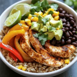 To make Easy Chicken Fajita Bowls, you need simple and fresh ingredients. Here’s a list: - 2 boneless, skinless chicken breasts, sliced into thin strips - 1 tablespoon olive oil - 1 teaspoon chili powder - 1 teaspoon ground cumin - 1 teaspoon garlic powder - 1 teaspoon onion powder - 1 bell pepper (any color), sliced into strips - 1 medium onion, sliced into rings - 1 cup cooked brown rice or quinoa (your choice) - 1 cup canned black beans, rinsed and drained - 1 ripe avocado, diced - ½ cup corn (either canned or frozen) - Fresh cilantro, chopped (for garnish) - Lime wedges (for serving) - Salt and pepper, to taste These fresh ingredients will create a colorful and tasty meal. You can add more to your bowls for extra flavor. Here are some ideas: - Sour cream or Greek yogurt - Salsa or pico de gallo - Shredded cheese (like cheddar or Monterey Jack) - Jalapeños for heat - Additional cilantro or green onions Feel free to mix and match these toppings to suit your taste. Pairing side dishes with your fajita bowls can enhance the meal. Consider these options: - Chips and salsa for a crunchy side - A fresh garden salad with lime dressing - Grilled corn on the cob for a sweet treat - Guacamole for a creamy addition These sides will round out your meal and add even more flavor. For the full recipe, you can refer to the section above. First, gather your ingredients. You will need sliced chicken breasts, olive oil, and spices. In a large mixing bowl, add the chicken. Pour in the olive oil, chili powder, cumin, garlic powder, onion powder, and salt. Mix well until the chicken is coated in the spices. This step adds flavor to your dish. Next, heat a large skillet over medium-high heat. Once it’s hot, add the marinated chicken. Cook for about 5-7 minutes. Stir occasionally to ensure even cooking. The chicken should turn golden brown. After the chicken is cooked, add the sliced bell pepper and onion. Stir them in and cook for another 5 minutes. The veggies should become tender and slightly caramelized. Now, it’s time to assemble your bowls. Start with a base of cooked brown rice or quinoa. Spoon the sizzling chicken and veggies over the rice. Next, add black beans, corn, and diced avocado. For a fresh touch, sprinkle chopped cilantro on top. Serve with lime wedges for a zesty kick. Enjoy this quick and flavorful meal! For the full recipe, check the details above. To adjust the spice level, start with less chili powder. You can always add more later. For extra heat, mix in cayenne pepper. If you prefer mild flavors, use sweet paprika instead. Always taste as you go. This way, you control the heat in your fajita bowls. To keep chicken tender, slice it thinly against the grain. Marinate the chicken for at least 15 minutes. This helps the flavors soak in and keeps it juicy. Cook the chicken in a hot skillet, but don’t overcrowd the pan. Give it space to sear. Flip the chicken only once to avoid drying it out. For an eye-catching bowl, arrange the ingredients neatly. Start with the rice or quinoa at the bottom. Place the chicken and veggies in sections. Add black beans, corn, and avocado on top. Finish with fresh cilantro and lime wedges on the side. This makes the dish colorful and inviting. For a special touch, use bright bowls to enhance the visual appeal. You can find the full recipe [here](#). {{image_4}} You can switch out the chicken for many other proteins. Try beef for a richer taste. Just slice it thin and marinate like the chicken. Shrimp cooks quickly, so add it last. For a plant-based option, use tofu. Firm tofu works best. Press it to remove water, then cube and cook until golden. To make these bowls vegan, skip the chicken and use extra veggies or tofu. Black beans and corn offer great protein. Use a mix of bell peppers, zucchini, and mushrooms for flavor. You can also add avocado for creaminess. This keeps your meal filling and tasty. If you want a lower-carb option, serve the fajita mix in lettuce wraps. Romaine or butter lettuce works well. Cauliflower rice is another great base. It adds texture and lowers carbs. Simply pulse cauliflower in a food processor until it resembles rice. Sauté it lightly with spices for added flavor. For the full recipe, you can refer to the earlier section. To store your leftover chicken fajita bowls, place them in airtight containers. Make sure the bowls cool down first. Keep them in the fridge for up to three days. If you mix the toppings, they might get soggy. It's best to keep the rice and toppings separate until you're ready to eat. When you're ready to enjoy your leftovers, reheat them in the microwave or on the stove. If using a microwave, heat for one to two minutes, stirring halfway. On the stove, warm over low heat until hot. Add a splash of water if the rice feels dry. This keeps the dish moist and tasty. You can freeze the chicken and veggie mix for later use. Store them in freezer-safe containers. They will stay fresh for about three months. When you're ready to eat, thaw in the fridge overnight. Reheat as mentioned above. This method makes meal prep quick and easy, ensuring you have a delicious meal ready. For the full recipe, visit the provided link. It takes about 30 minutes to make Easy Chicken Fajita Bowls. This includes 15 minutes for prep and 15 minutes for cooking. You can easily fit this meal into a busy day. Yes, you can use frozen chicken or veggies. If using frozen chicken, thaw it first. Cook it as you would fresh chicken. Frozen veggies can go straight into the skillet. Just cook them a bit longer until heated through. The best seasonings for chicken fajitas include: - Chili powder - Ground cumin - Garlic powder - Onion powder These spices add a warm, flavorful kick to the chicken and veggies. To make this recipe gluten-free, use certified gluten-free grains. Choose brown rice or quinoa, as they are gluten-free. Check that any canned goods, like beans and corn, are also gluten-free. Enjoy your meal without worry! For the full recipe, check out Sizzling Chicken Fajita Bowls. Easy Chicken Fajita Bowls are simple, tasty, and fun to make. You learned about key ingredients, step-by-step cooking, and tips for the best results. We discussed various proteins and how to store leftovers. You can switch things up with optional toppings and spice levels. Remember, these bowls are flexible for your tastes. Enjoy making them your way! Happy cooking!
