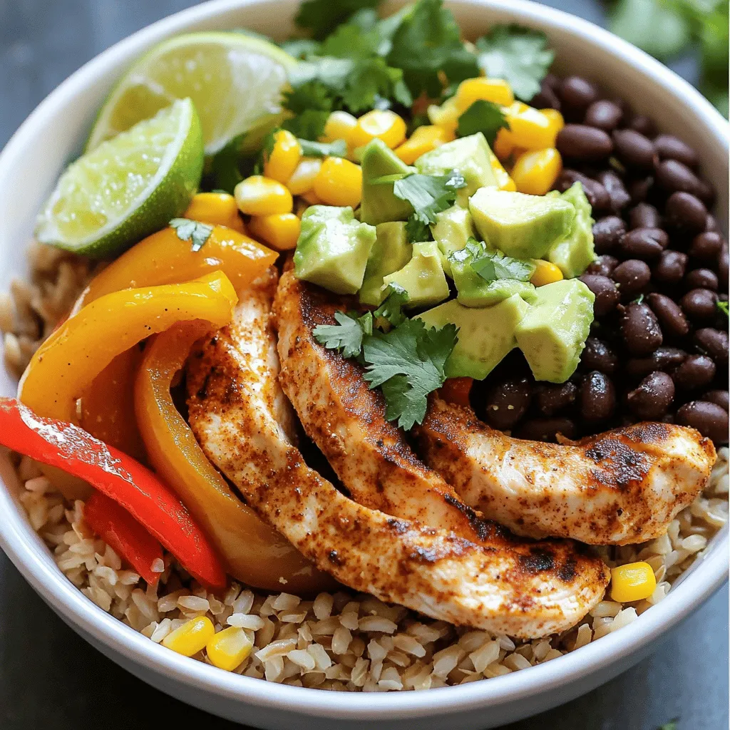 To make Easy Chicken Fajita Bowls, you need simple and fresh ingredients. Here’s a list: - 2 boneless, skinless chicken breasts, sliced into thin strips - 1 tablespoon olive oil - 1 teaspoon chili powder - 1 teaspoon ground cumin - 1 teaspoon garlic powder - 1 teaspoon onion powder - 1 bell pepper (any color), sliced into strips - 1 medium onion, sliced into rings - 1 cup cooked brown rice or quinoa (your choice) - 1 cup canned black beans, rinsed and drained - 1 ripe avocado, diced - ½ cup corn (either canned or frozen) - Fresh cilantro, chopped (for garnish) - Lime wedges (for serving) - Salt and pepper, to taste These fresh ingredients will create a colorful and tasty meal. You can add more to your bowls for extra flavor. Here are some ideas: - Sour cream or Greek yogurt - Salsa or pico de gallo - Shredded cheese (like cheddar or Monterey Jack) - Jalapeños for heat - Additional cilantro or green onions Feel free to mix and match these toppings to suit your taste. Pairing side dishes with your fajita bowls can enhance the meal. Consider these options: - Chips and salsa for a crunchy side - A fresh garden salad with lime dressing - Grilled corn on the cob for a sweet treat - Guacamole for a creamy addition These sides will round out your meal and add even more flavor. For the full recipe, you can refer to the section above. First, gather your ingredients. You will need sliced chicken breasts, olive oil, and spices. In a large mixing bowl, add the chicken. Pour in the olive oil, chili powder, cumin, garlic powder, onion powder, and salt. Mix well until the chicken is coated in the spices. This step adds flavor to your dish. Next, heat a large skillet over medium-high heat. Once it’s hot, add the marinated chicken. Cook for about 5-7 minutes. Stir occasionally to ensure even cooking. The chicken should turn golden brown. After the chicken is cooked, add the sliced bell pepper and onion. Stir them in and cook for another 5 minutes. The veggies should become tender and slightly caramelized. Now, it’s time to assemble your bowls. Start with a base of cooked brown rice or quinoa. Spoon the sizzling chicken and veggies over the rice. Next, add black beans, corn, and diced avocado. For a fresh touch, sprinkle chopped cilantro on top. Serve with lime wedges for a zesty kick. Enjoy this quick and flavorful meal! For the full recipe, check the details above. To adjust the spice level, start with less chili powder. You can always add more later. For extra heat, mix in cayenne pepper. If you prefer mild flavors, use sweet paprika instead. Always taste as you go. This way, you control the heat in your fajita bowls. To keep chicken tender, slice it thinly against the grain. Marinate the chicken for at least 15 minutes. This helps the flavors soak in and keeps it juicy. Cook the chicken in a hot skillet, but don’t overcrowd the pan. Give it space to sear. Flip the chicken only once to avoid drying it out. For an eye-catching bowl, arrange the ingredients neatly. Start with the rice or quinoa at the bottom. Place the chicken and veggies in sections. Add black beans, corn, and avocado on top. Finish with fresh cilantro and lime wedges on the side. This makes the dish colorful and inviting. For a special touch, use bright bowls to enhance the visual appeal. You can find the full recipe [here](#). {{image_4}} You can switch out the chicken for many other proteins. Try beef for a richer taste. Just slice it thin and marinate like the chicken. Shrimp cooks quickly, so add it last. For a plant-based option, use tofu. Firm tofu works best. Press it to remove water, then cube and cook until golden. To make these bowls vegan, skip the chicken and use extra veggies or tofu. Black beans and corn offer great protein. Use a mix of bell peppers, zucchini, and mushrooms for flavor. You can also add avocado for creaminess. This keeps your meal filling and tasty. If you want a lower-carb option, serve the fajita mix in lettuce wraps. Romaine or butter lettuce works well. Cauliflower rice is another great base. It adds texture and lowers carbs. Simply pulse cauliflower in a food processor until it resembles rice. Sauté it lightly with spices for added flavor. For the full recipe, you can refer to the earlier section. To store your leftover chicken fajita bowls, place them in airtight containers. Make sure the bowls cool down first. Keep them in the fridge for up to three days. If you mix the toppings, they might get soggy. It's best to keep the rice and toppings separate until you're ready to eat. When you're ready to enjoy your leftovers, reheat them in the microwave or on the stove. If using a microwave, heat for one to two minutes, stirring halfway. On the stove, warm over low heat until hot. Add a splash of water if the rice feels dry. This keeps the dish moist and tasty. You can freeze the chicken and veggie mix for later use. Store them in freezer-safe containers. They will stay fresh for about three months. When you're ready to eat, thaw in the fridge overnight. Reheat as mentioned above. This method makes meal prep quick and easy, ensuring you have a delicious meal ready. For the full recipe, visit the provided link. It takes about 30 minutes to make Easy Chicken Fajita Bowls. This includes 15 minutes for prep and 15 minutes for cooking. You can easily fit this meal into a busy day. Yes, you can use frozen chicken or veggies. If using frozen chicken, thaw it first. Cook it as you would fresh chicken. Frozen veggies can go straight into the skillet. Just cook them a bit longer until heated through. The best seasonings for chicken fajitas include: - Chili powder - Ground cumin - Garlic powder - Onion powder These spices add a warm, flavorful kick to the chicken and veggies. To make this recipe gluten-free, use certified gluten-free grains. Choose brown rice or quinoa, as they are gluten-free. Check that any canned goods, like beans and corn, are also gluten-free. Enjoy your meal without worry! For the full recipe, check out Sizzling Chicken Fajita Bowls. Easy Chicken Fajita Bowls are simple, tasty, and fun to make. You learned about key ingredients, step-by-step cooking, and tips for the best results. We discussed various proteins and how to store leftovers. You can switch things up with optional toppings and spice levels. Remember, these bowls are flexible for your tastes. Enjoy making them your way! Happy cooking!