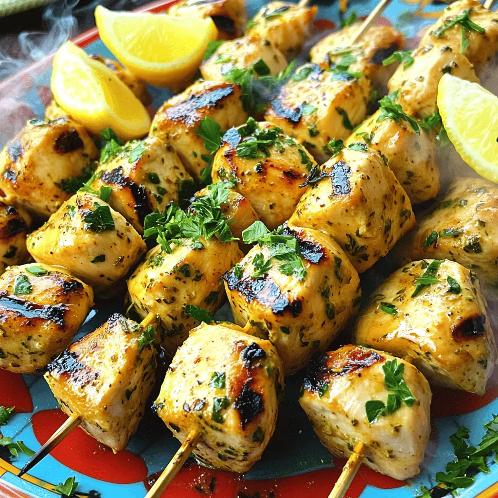 Grilled Lemon Herb Chicken Skewers are bright, fresh, and full of flavor. This dish highlights juicy chicken, zesty lemon, and fragrant herbs. You will find that this recipe is quick and easy. It’s perfect for a summer cookout or a weeknight dinner. Here is what you need to make these tasty skewers: - 1 lb chicken breast, cut into 1-inch cubes - 2 tablespoons extra virgin olive oil - Zest and juice of 2 fresh lemons - 3 cloves garlic, finely minced - 1 teaspoon dried oregano - 1 teaspoon dried thyme - 1 teaspoon smoked paprika - Salt and freshly cracked pepper to taste - Skewers (use wooden soaked in water or metal) - Fresh parsley, chopped (for garnish) These ingredients come together to create a delightful marinade. The lemon juice brightens the chicken, while the herbs add depth. You don’t need much to prepare this dish. Here are some handy tools: - Mixing bowl for the marinade - Whisk for blending the marinade - Skewers for grilling - Grill, either gas or charcoal - Tongs for flipping the skewers - Serving platter to present your dish With these tools, you set yourself up for success. The process is simple, and the results are stunning. Remember to check the Full Recipe for detailed steps. Start by making the marinade. In a large bowl, mix together 2 tablespoons of extra virgin olive oil, the juice and zest of 2 fresh lemons, 3 minced garlic cloves, 1 teaspoon of dried oregano, 1 teaspoon of dried thyme, and 1 teaspoon of smoked paprika. Add salt and pepper to taste. Whisk everything until it blends well. Next, add 1 pound of chicken breast, cut into 1-inch cubes. Make sure each piece is coated in the marinade. Cover the bowl with plastic wrap. Place it in the fridge for at least 30 minutes. For best flavor, let it marinate for up to 2 hours. If you use wooden skewers, soak them in water for 30 minutes before grilling. This helps prevent burning. While they soak, preheat your grill to medium-high heat. This ensures even cooking and great grill marks on the chicken. Once the skewers are ready, it's time to assemble them. Carefully thread the marinated chicken cubes onto the skewers. Leave a small gap between each piece for even cooking. This step is key for a juicy end result. Now it’s time to grill! Place the skewers on the hot grill. Cook for about 10 to 12 minutes. Turn them occasionally to brown all sides. You want the chicken to be fully cooked and have nice grill marks. Once cooked, take the skewers off the grill. Let them rest for 1 minute. This rest time helps the juices settle. Just before serving, sprinkle chopped fresh parsley over the skewers for color and freshness. Enjoy this tasty dish with your favorite sides! For the complete recipe, check out the Full Recipe. Marination is key to flavor. It helps the chicken soak up all the tasty spices. I recommend marinating for at least 30 minutes. This time allows the lemon and herbs to work their magic. If you can wait, two hours is even better. You’ll get more zest and depth of flavor. So, plan ahead if you want the best taste! Grill temperature matters a lot. For these skewers, aim for medium-high heat. This temperature helps the chicken cook evenly. It also gives a nice char without drying it out. If the grill is too hot, the outside may burn before the inside cooks. Use a grill thermometer to check the heat. It should be around 375°F to 450°F. Grilling can be tricky, but I have some tips. First, don’t overcrowd the grill. Leave space between the skewers. This lets the heat circulate, giving you even cooking. Second, avoid flipping too often. Let each side sear for a few minutes. This creates a nice crust. Lastly, don’t skip the resting step. Let the skewers sit for a minute after grilling. This helps the juices redistribute, keeping the chicken juicy. For the full recipe and more details, check out the [Full Recipe]. {{image_4}} You can change the herbs to fit your taste. Try using fresh basil or cilantro instead of oregano and thyme. These herbs bring a different flavor to the chicken. If you like a bolder taste, add rosemary or dill. Fresh herbs give a brighter taste than dried ones. Just remember to use a bit more of fresh herbs since they are milder. Besides the main marinade, you can mix in other flavors. Try adding honey for a sweet touch. A splash of soy sauce can add a savory kick. You can also use yogurt for a creamy texture. If you want heat, add some red pepper flakes or a dash of hot sauce. Each of these options can make your skewers unique and fun. Pair these skewers with a fresh salad or grilled veggies. A light lemon vinaigrette can enhance the dish. Serve them with rice or quinoa for a hearty meal. You can also add pita bread and a yogurt sauce for dipping. For a fun twist, serve with tzatziki or hummus. Each option adds a new flavor and makes your meal more exciting. For the full recipe, check out the detailed preparation steps. After enjoying your grilled lemon herb chicken skewers, store any leftovers in an airtight container. Let the skewers cool completely before sealing them. This helps keep the chicken juicy and fresh. Place the container in the fridge. Use the leftovers within three days for the best taste. When you’re ready to enjoy your leftovers, reheating is easy. You can use a microwave or an oven. For the microwave, place the chicken on a microwave-safe plate. Heat in short bursts of 30 seconds, checking between each burst. If using an oven, preheat it to 350°F (175°C). Place the skewers on a baking sheet and heat for about 10-15 minutes. This method keeps the chicken tender and flavorful. If you want to save some skewers for later, freezing is a great option. Wrap each skewer tightly in plastic wrap. Then, place them in a freezer-safe bag or container. Mark the date on the bag. You can freeze them for up to three months. When ready to eat, defrost in the fridge overnight. Reheat as mentioned earlier for a quick meal. For the full recipe, check the earlier section. For the best flavor, marinate the chicken for at least 30 minutes. However, if you can, let it soak for up to 2 hours. This gives the chicken time to absorb the lemon juice and herbs. The longer you marinate, the more flavorful your chicken will be. Just don't go over 24 hours, or the chicken can become mushy. Yes, you can add vegetables! Bell peppers, onions, and zucchini work great. Cut them into similar sizes as the chicken. This way, everything cooks evenly. Just remember to adjust cooking times. Vegetables usually cook faster than chicken, so you may want to add them halfway through grilling. Many sides complement these skewers. Consider a fresh salad with mixed greens and a light vinaigrette. Grilled corn on the cob also pairs nicely. You could serve it with rice or couscous, especially with lemon zest for extra flavor. For a fun twist, try a yogurt sauce on the side for dipping. For the full recipe, check the earlier section. You learned how to make Grilled Lemon Herb Chicken Skewers step-by-step. First, you prepare the chicken with a tasty marinade. Next, you learned the best grilling tips and tricks. Variations offer new flavors, and storage info helps keep leftovers fresh. Try these tips to impress your friends and family. Enjoy grilling, and share your delicious chicken skewers!
