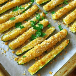 - 2 medium zucchini, sliced into fry-shaped sticks - 1 cup panko breadcrumbs - 1/2 cup freshly grated Parmesan cheese - 1 teaspoon garlic powder - 1 teaspoon smoked paprika - 1/2 teaspoon sea salt - 1/4 teaspoon freshly ground black pepper - 1 large egg, beaten - 1 tablespoon extra-virgin olive oil - Fresh parsley, finely chopped When I make baked zucchini fries, I focus on using fresh ingredients. Zucchini gives a nice crunch and a mild flavor. Panko breadcrumbs make the fries super crispy. I love the taste of freshly grated Parmesan cheese. It adds a rich, nutty flavor that enhances every bite. For seasonings, I use garlic powder and smoked paprika. Garlic powder gives a nice savory touch. Smoked paprika adds a warm, smoky flavor that is hard to resist. I also sprinkle in sea salt and black pepper. These help to balance the flavors and make the zucchini fries pop. To coat the fries, I beat a large egg with extra-virgin olive oil. This mixture helps the breadcrumbs stick well. Finally, I garnish the fries with fresh parsley. It adds a splash of color and freshness. If you want the full recipe, check out the detailed instructions. You will love making these crispy and flavorful snacks! First, set your oven to 425°F (220°C). This high heat helps the fries get crispy. Line a large baking sheet with parchment paper. This step makes cleanup easy and keeps the fries from sticking. In a shallow bowl, mix the panko breadcrumbs and seasonings. Add 1 cup of panko breadcrumbs, 1/2 cup of freshly grated Parmesan cheese, 1 teaspoon of garlic powder, 1 teaspoon of smoked paprika, 1/2 teaspoon of sea salt, and 1/4 teaspoon of freshly ground black pepper. Stir well to blend all the flavors. In another bowl, beat 1 large egg. Then, whisk in 1 tablespoon of extra-virgin olive oil. This egg wash helps the breadcrumbs stick to the zucchini. Make sure it is mixed well to avoid clumps. Take one zucchini fry at a time and dip it in the egg wash. Let any extra egg drip back into the bowl. Next, transfer the fry to the breadcrumb mixture. Roll it to coat evenly on all sides. Place the coated fries on the baking sheet in a single layer. Avoid crowding them to help them crisp up. Put the baking sheet in the preheated oven. Bake the zucchini fries for about 20-25 minutes. Halfway through, flip each fry to get an even golden color. Keep an eye on them to ensure they turn crispy and brown. Once they are cooked, take the baking sheet out of the oven. Let the fries cool for a few minutes. Before serving, sprinkle finely chopped fresh parsley on top for a bright, fresh look. For the full recipe, check out the instructions above. To make your zucchini fries crispy, focus on moisture. Start by salting your zucchini slices. This draws out water, making them crispier. After salting, let them rest for about 10 minutes. Pat them dry with a paper towel. Use panko breadcrumbs for better crunch. They create a light and airy coating. Make sure to coat them evenly in the egg wash. This helps the breadcrumbs stick well. Bake at a high temperature of 425°F (220°C). This gives the fries a nice golden color. Dipping sauces add fun to your zucchini fries. Try marinara sauce for a classic touch. Ranch dressing offers a creamy contrast. You can also use tzatziki for a fresh taste. A spicy aioli can add some heat. Feel free to mix and match to find your favorite pairings. Each sauce brings out unique flavors in the fries. Baked zucchini fries are a healthier choice than fried ones. They have fewer calories and less fat. Zucchini is rich in vitamins and fiber, making it a smart snack. Baking helps keep the nutrients intact, while frying can reduce them. You get all the flavor with less guilt. Enjoy this tasty treat knowing it fits your healthy eating goals. For the full recipe, check out the detailed steps above. {{image_4}} You can change up the flavor by using different spices. Try adding Italian seasoning for a herbal twist. Cajun spice brings a nice kick if you like heat. You can also use lemon zest for a fresh, bright taste. Experiment with your favorite spice blends to find what you love best. The options are endless! Besides Parmesan, other cheeses can enhance your zucchini fries. Consider using mozzarella for a gooey texture. Feta cheese adds a tangy punch that pairs well with the zucchini. Cheddar gives a sharp flavor that melts nicely. Mixing cheeses can create a complex taste that will excite your palate. You can mix in other veggies to make a colorful fry platter. Sweet potatoes work great and add sweetness. Carrots bring a nice crunch and a pop of color. Try slicing bell peppers into fry shapes for added flavor. Mixing veggies makes this dish not only tasty but visually appealing too. To store leftover baked zucchini fries, let them cool first. Place them in an airtight container. They can last for up to three days in the fridge. Keep them separate from any sauces to avoid sogginess. When you want to eat them again, just take out the portion you need. The best way to reheat your fries is in the oven. Preheat your oven to 400°F (200°C). Spread the fries in a single layer on a baking sheet. Bake them for about 10 minutes. This keeps them crispy and warm. Avoid using the microwave, as it can make them soft. Yes, you can freeze baked zucchini fries! Let them cool completely, then spread them on a baking sheet in a single layer. Freeze them for 1-2 hours until firm. After that, transfer them to a freezer bag. They can stay fresh for 2-3 months. When you're ready to enjoy them, bake directly from frozen, adding a few extra minutes to the cooking time. Yes, you can use regular breadcrumbs. However, panko offers more crunch. Regular breadcrumbs are finer and may not give the same texture. The fries might not be as crispy, but they will still taste great. To make baked zucchini fries gluten-free, use gluten-free breadcrumbs. You can also use ground almonds or crushed oats. For flour, substitute with almond flour or coconut flour. These options keep the fries tasty while avoiding gluten. Baked zucchini fries are great with many sauces. I recommend marinara, ranch, or garlic aioli. You could also try a spicy sriracha mayo for a kick. Each dip adds a fun twist to the flavor. Explore and find your favorite! Baked zucchini fries are a healthier twist on a classic snack. We covered simple ingredients, step-by-step instructions, and tips for extra crispiness. Explore variations for fun flavor changes or consider storage and reheating methods to extend freshness. Enjoy these fries with your favorite dips for a tasty treat. Baked zucchini fries offer nutrition and satisfaction without the guilt. Try them out; your taste buds will thank you!