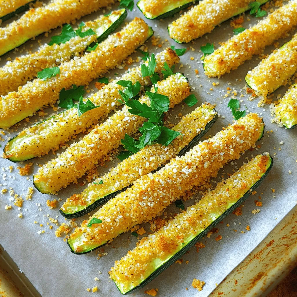 - 2 medium zucchini, sliced into fry-shaped sticks - 1 cup panko breadcrumbs - 1/2 cup freshly grated Parmesan cheese - 1 teaspoon garlic powder - 1 teaspoon smoked paprika - 1/2 teaspoon sea salt - 1/4 teaspoon freshly ground black pepper - 1 large egg, beaten - 1 tablespoon extra-virgin olive oil - Fresh parsley, finely chopped When I make baked zucchini fries, I focus on using fresh ingredients. Zucchini gives a nice crunch and a mild flavor. Panko breadcrumbs make the fries super crispy. I love the taste of freshly grated Parmesan cheese. It adds a rich, nutty flavor that enhances every bite. For seasonings, I use garlic powder and smoked paprika. Garlic powder gives a nice savory touch. Smoked paprika adds a warm, smoky flavor that is hard to resist. I also sprinkle in sea salt and black pepper. These help to balance the flavors and make the zucchini fries pop. To coat the fries, I beat a large egg with extra-virgin olive oil. This mixture helps the breadcrumbs stick well. Finally, I garnish the fries with fresh parsley. It adds a splash of color and freshness. If you want the full recipe, check out the detailed instructions. You will love making these crispy and flavorful snacks! First, set your oven to 425°F (220°C). This high heat helps the fries get crispy. Line a large baking sheet with parchment paper. This step makes cleanup easy and keeps the fries from sticking. In a shallow bowl, mix the panko breadcrumbs and seasonings. Add 1 cup of panko breadcrumbs, 1/2 cup of freshly grated Parmesan cheese, 1 teaspoon of garlic powder, 1 teaspoon of smoked paprika, 1/2 teaspoon of sea salt, and 1/4 teaspoon of freshly ground black pepper. Stir well to blend all the flavors. In another bowl, beat 1 large egg. Then, whisk in 1 tablespoon of extra-virgin olive oil. This egg wash helps the breadcrumbs stick to the zucchini. Make sure it is mixed well to avoid clumps. Take one zucchini fry at a time and dip it in the egg wash. Let any extra egg drip back into the bowl. Next, transfer the fry to the breadcrumb mixture. Roll it to coat evenly on all sides. Place the coated fries on the baking sheet in a single layer. Avoid crowding them to help them crisp up. Put the baking sheet in the preheated oven. Bake the zucchini fries for about 20-25 minutes. Halfway through, flip each fry to get an even golden color. Keep an eye on them to ensure they turn crispy and brown. Once they are cooked, take the baking sheet out of the oven. Let the fries cool for a few minutes. Before serving, sprinkle finely chopped fresh parsley on top for a bright, fresh look. For the full recipe, check out the instructions above. To make your zucchini fries crispy, focus on moisture. Start by salting your zucchini slices. This draws out water, making them crispier. After salting, let them rest for about 10 minutes. Pat them dry with a paper towel. Use panko breadcrumbs for better crunch. They create a light and airy coating. Make sure to coat them evenly in the egg wash. This helps the breadcrumbs stick well. Bake at a high temperature of 425°F (220°C). This gives the fries a nice golden color. Dipping sauces add fun to your zucchini fries. Try marinara sauce for a classic touch. Ranch dressing offers a creamy contrast. You can also use tzatziki for a fresh taste. A spicy aioli can add some heat. Feel free to mix and match to find your favorite pairings. Each sauce brings out unique flavors in the fries. Baked zucchini fries are a healthier choice than fried ones. They have fewer calories and less fat. Zucchini is rich in vitamins and fiber, making it a smart snack. Baking helps keep the nutrients intact, while frying can reduce them. You get all the flavor with less guilt. Enjoy this tasty treat knowing it fits your healthy eating goals. For the full recipe, check out the detailed steps above. {{image_4}} You can change up the flavor by using different spices. Try adding Italian seasoning for a herbal twist. Cajun spice brings a nice kick if you like heat. You can also use lemon zest for a fresh, bright taste. Experiment with your favorite spice blends to find what you love best. The options are endless! Besides Parmesan, other cheeses can enhance your zucchini fries. Consider using mozzarella for a gooey texture. Feta cheese adds a tangy punch that pairs well with the zucchini. Cheddar gives a sharp flavor that melts nicely. Mixing cheeses can create a complex taste that will excite your palate. You can mix in other veggies to make a colorful fry platter. Sweet potatoes work great and add sweetness. Carrots bring a nice crunch and a pop of color. Try slicing bell peppers into fry shapes for added flavor. Mixing veggies makes this dish not only tasty but visually appealing too. To store leftover baked zucchini fries, let them cool first. Place them in an airtight container. They can last for up to three days in the fridge. Keep them separate from any sauces to avoid sogginess. When you want to eat them again, just take out the portion you need. The best way to reheat your fries is in the oven. Preheat your oven to 400°F (200°C). Spread the fries in a single layer on a baking sheet. Bake them for about 10 minutes. This keeps them crispy and warm. Avoid using the microwave, as it can make them soft. Yes, you can freeze baked zucchini fries! Let them cool completely, then spread them on a baking sheet in a single layer. Freeze them for 1-2 hours until firm. After that, transfer them to a freezer bag. They can stay fresh for 2-3 months. When you're ready to enjoy them, bake directly from frozen, adding a few extra minutes to the cooking time. Yes, you can use regular breadcrumbs. However, panko offers more crunch. Regular breadcrumbs are finer and may not give the same texture. The fries might not be as crispy, but they will still taste great. To make baked zucchini fries gluten-free, use gluten-free breadcrumbs. You can also use ground almonds or crushed oats. For flour, substitute with almond flour or coconut flour. These options keep the fries tasty while avoiding gluten. Baked zucchini fries are great with many sauces. I recommend marinara, ranch, or garlic aioli. You could also try a spicy sriracha mayo for a kick. Each dip adds a fun twist to the flavor. Explore and find your favorite! Baked zucchini fries are a healthier twist on a classic snack. We covered simple ingredients, step-by-step instructions, and tips for extra crispiness. Explore variations for fun flavor changes or consider storage and reheating methods to extend freshness. Enjoy these fries with your favorite dips for a tasty treat. Baked zucchini fries offer nutrition and satisfaction without the guilt. Try them out; your taste buds will thank you!