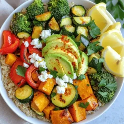 To make a delicious Roasted Veggie Power Bowl, you need the following key ingredients: - 1 cup quinoa, thoroughly rinsed - 2 cups vegetable broth or water - 2 medium sweet potatoes, peeled and cut into 1-inch cubes - 1 red bell pepper, sliced into thin strips - 1 medium zucchini, sliced into half-moons - 1 cup broccoli florets, bite-sized - 2 tablespoons extra virgin olive oil - 1 teaspoon smoked paprika - 1 teaspoon garlic powder - Sea salt and freshly cracked black pepper, to taste - 1 ripe avocado, sliced - 1/4 cup feta cheese, crumbled (optional) - Fresh parsley or cilantro leaves, for garnish - Lemon wedges, for a refreshing squeeze You can customize your power bowl with extra ingredients. Here are a few ideas: - Chickpeas for added protein - Spinach or kale for greens - Cherry tomatoes for a pop of color - Nuts or seeds for crunch - Your favorite dressing for extra flavor Each ingredient in this bowl brings health benefits: - Quinoa: A complete protein with fiber and iron. - Sweet potatoes: Rich in vitamins A and C, plus fiber. - Bell peppers: High in antioxidants and vitamin C. - Zucchini: Low in calories and hydrating. - Broccoli: Packed with vitamins K and C, and fiber. - Olive oil: Healthy fats that support heart health. - Avocado: Full of healthy fats, fiber, and potassium. - Feta cheese: Adds calcium and flavor, though optional. These ingredients not only taste great together but also offer a range of nutrients. You can find the full recipe and enjoy this healthy choice today! To start, rinse 1 cup of quinoa under cold water. This helps remove bitterness. Next, bring 2 cups of vegetable broth or water to a boil in a medium saucepan. Once it boils, add the rinsed quinoa. Stir it briefly, then reduce the heat to low. Cover the pot and let it simmer for about 15 minutes. When all the liquid is gone, take it off the heat. Fluff the quinoa with a fork. This makes it light and airy. While the quinoa cooks, let’s prepare the veggies. In a large bowl, mix 2 cubed sweet potatoes, 1 sliced red bell pepper, 1 sliced zucchini, and 1 cup of broccoli florets. Drizzle 2 tablespoons of extra virgin olive oil over the veggies. Add 1 teaspoon of smoked paprika, 1 teaspoon of garlic powder, and a sprinkle of sea salt and black pepper. Toss everything with your hands or a spoon. Make sure all the veggies get coated well. Now, line a baking sheet with parchment paper. Spread the seasoned veggies out in a single layer. Roast them in the oven at 425°F (220°C) for 20-25 minutes. Stir them halfway through for even cooking. They should be tender and slightly crispy when done. Once the veggies are ready, it’s time to build your power bowl. Start with a base of fluffy quinoa. Pile the roasted veggies on top. Add sliced avocado for creaminess. If you like, sprinkle crumbled feta cheese on top for a salty kick. For a final touch, garnish with fresh parsley or cilantro. Serve it with lemon wedges to squeeze on top. A squeeze of lemon before eating brightens the whole dish. Enjoy your Roasted Veggie Power Bowl! You can find the complete recipe in the Full Recipe section. To get the best roasted veggies, start with fresh produce. Use a mix of colors for visual appeal. Cut your vegetables into uniform sizes. This helps them cook evenly. Spread them out on the baking sheet. Crowding can lead to steaming, not roasting. Use high heat, around 425°F (220°C). This helps vegetables caramelize and develop flavor. Toss them halfway through cooking for even browning. Keep an eye on them; they can go from perfect to burnt quickly. To add extra flavor, mix spices into the olive oil. Smoked paprika and garlic powder are great choices. You can also try cumin or chili powder for a kick. Fresh herbs like parsley or cilantro add brightness. A squeeze of lemon juice right before eating brightens the dish. You can top it with crumbled feta cheese for creaminess. If you want a spicy kick, add sliced jalapeños or a drizzle of hot sauce. Meal prep makes this dish easy to enjoy throughout the week. Cook a large batch of quinoa and roasted veggies. Store them in separate airtight containers. This keeps everything fresh and ready to go. Use glass containers for easy reheating. The roasted veggies stay good in the fridge for up to four days. Reheat them in the oven to keep them crispy. For a quick meal, just add avocado and any toppings you like. For the full recipe, check the section above. {{image_4}} You can swap quinoa for other grains in your power bowl. Brown rice or barley works great. Both add a nutty flavor and chewy texture. If you're feeling adventurous, try farro or bulgur. These grains also pack a protein punch and keep you full longer. Adding protein boosts your power bowl's nutrition. Chickpeas are an easy choice; they add creaminess and fiber. You can also mix in black beans for a hearty touch. If you eat meat, grilled chicken or shrimp can enhance the dish. Tofu or tempeh are excellent plant-based options too. You can easily make this dish vegan or vegetarian. Skip the feta cheese or use a vegan alternative. For a creamier texture, try tahini or cashew cream. Both add a rich flavor without dairy. Don’t forget to load up on fresh herbs for extra taste. They brighten up the bowl and add healthy benefits. For the full recipe, check the earlier section! To keep your Roasted Veggie Power Bowl fresh, store it in an airtight container. Avoid letting moisture in by sealing it well. Place the bowl in the fridge if you plan to eat it within a few days. If you want to store it for a longer time, consider freezing it. To reheat your bowl, use the microwave for about 1-2 minutes. Stir it halfway through to ensure even heating. You can also use an oven at 350°F (175°C) for about 10-15 minutes. This helps keep the veggies crunchy and tasty. In the fridge, your Roasted Veggie Power Bowl will last for 3-5 days. If you freeze it, aim to eat it within 2-3 months for the best taste. Just remember to label your containers with dates so you know when to enjoy them! Yes, you can use frozen vegetables. They work well in this dish. Just remember to thaw them first. This helps them roast better and not become soggy. Frozen vegetables can save time and still taste great. You can use brown rice or farro instead of quinoa. Both offer a nice base for your power bowl. Each grain has a unique texture and flavor. Choose what you like best or what you have on hand. To make this bowl gluten-free, stick with quinoa or rice. Both grains are naturally gluten-free. Check any extra ingredients, like dressings or toppings, to ensure they fit your needs. A lemon-tahini dressing works great with this dish. It adds creaminess and a zesty flavor. Alternatively, you can try a balsamic vinaigrette for a sweet and tangy touch. Feel free to experiment and find your favorite. For the full recipe, check out the details above. This blog post covered how to make a Roasted Veggie Power Bowl. We explored key ingredients, like quinoa and roasted veggies, along with optional customizations to suit your taste. I shared tips for perfect roasting and meal prep. You can easily play with grain and protein types as well. By following these steps and tips, you will create a healthy, tasty meal. Enjoy your cooking and feel great about your power bowl!