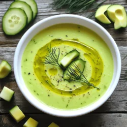 - 2 large cucumbers, peeled and diced - 1 ripe avocado, pitted and diced - 1 cup plain Greek yogurt - 1 cup chilled vegetable broth - 1 tablespoon fresh lime juice - 1 garlic clove, finely minced - 1 tablespoon olive oil (optional for drizzling) - Fresh herbs (dill or mint) - Salt and pepper Chilled cucumber avocado soup has many health benefits. It is low in calories and packed with nutrients. Cucumbers have high water content, keeping you hydrated. Avocados provide healthy fats and fiber. Greek yogurt adds protein and creaminess. This soup supports heart health and digestion, making it a great choice for anyone. Check the full recipe for more details on calories and serving size. To start, you need to peel and dice the cucumbers. Take two large cucumbers, wash them well, and peel off the skin. Cut them in half lengthwise and scoop out the seeds. Then, chop them into small pieces. This helps the soup blend smoothly. Next, prepare the avocado. Select a ripe avocado that gives slightly when pressed. Cut it in half and remove the pit. Use a spoon to scoop the green flesh out into a bowl. Cut it into small cubes. This will add a creamy texture to your soup. Now it's time to blend the soup. Place the diced cucumbers, avocado, Greek yogurt, chilled vegetable broth, lime juice, and minced garlic into a blender. Blend on high speed until it's silky smooth. If you want a lighter soup, add a bit more chilled vegetable broth. Blend again to mix. After blending, add the chopped dill or mint. Sprinkle in some salt and pepper to taste. Pulse the blender a few times to mix the herbs without breaking them down too much. This keeps the soup fresh. Chilling is key for great flavor. Carefully pour the soup into a large bowl. Cover it and put it in the fridge for at least 30 minutes. This helps the flavors marry and gives the soup a refreshing taste. When you’re ready to serve, take it out and give it a gentle stir. Taste the soup again. You may want to add more salt, pepper, or lime juice. To serve, ladle the chilled soup into bowls. Drizzle a little olive oil on top and garnish with some chopped dill or mint. This makes it look even more appetizing. For the full recipe, check out the detailed instructions above. To boost the taste of your chilled cucumber avocado soup, consider these simple tips: - Seasoning adjustments: Start with a pinch of salt and pepper. Taste and add more as needed. You can also squeeze in extra lime juice for a zesty kick. - Pairing with herbs: Fresh dill or mint work well, but you can also try basil or cilantro for a twist. Getting the right thickness for your soup is easy: - Modifying thickness with broth: If it’s too thick, add more chilled vegetable broth. Blend again until smooth. - Using yogurt variations: Swap Greek yogurt for a dairy-free yogurt if you prefer. This keeps it creamy without dairy. How you serve the soup makes a big difference: - Serving in chilled bowls: Use bowls you’ve chilled in the freezer. This keeps the soup cool longer. - Garnishing techniques: Top with a drizzle of olive oil. Add cucumber slices or diced avocado for a fresh look. A sprinkle of herbs adds a nice touch too. For the full recipe, check out the earlier sections. Enjoy crafting your delicious chilled cucumber avocado soup! {{image_4}} You can easily change a few items in this recipe. If you want a dairy-free soup, use vegan yogurt instead of Greek yogurt. This swap keeps the creaminess but makes it suitable for vegans. You can also add more veggies to the mix. Bell peppers and celery can add crunch and flavor. Just chop them small and blend them in. Want to give your soup a kick? Add spices like cumin or cayenne. These spices add warmth and depth to the flavor. You can also play with fresh herbs. Basil or cilantro can change the taste and make it unique. Try different combinations until you find your favorite. This soup works great as an appetizer. Pair it with crusty bread or a light salad. You can also make it a main dish. Add in cooked shrimp or chicken for protein. This twist makes the soup heartier and more filling. Enjoy your meal! For the full recipe, check out the recipe section above. To store leftovers of Chilled Cucumber Avocado Soup, place it in a container. Use a glass container for the best results. Glass keeps the soup fresh and avoids any weird tastes from plastic. Make sure to cover it tightly. If you use plastic, choose BPA-free types. This soup can last in the fridge for about three days. Make sure to check for any changes in smell or color before eating. I do not recommend freezing this soup. Freezing can change the texture. It may become watery when thawed. You usually serve this soup cold, so there's no need to reheat. If you must warm it, do it gently on low heat. Avoid boiling it, as that can ruin the texture. Always serve it cold for the best taste and feel. You can enjoy it as a refreshing snack or starter at any time! To find a ripe avocado, check a few things. First, look for a dark green or almost black skin. A ripe avocado feels slightly soft when you gently squeeze it. If it feels hard, it is not ready. You can also check the stem. If it comes off easily and is green underneath, the avocado is ripe. If it’s brown, it may be overripe. Always pick a few to find the best one. Yes, you can make this soup a day ahead. This is great for parties or gatherings. Just prepare the soup as directed in the Full Recipe, then chill it in the fridge. The flavors blend better when it sits. Just remember to stir it well before serving. You can adjust the seasoning if needed. Absolutely! This soup works well for meal prep. You can divide it into individual containers. Store them in the fridge for up to a week. Just keep the soup cold until you’re ready to eat. This makes for a quick and healthy lunch or snack. This soup pairs well with light side dishes. Try serving it with crusty bread or a fresh salad. You can also enjoy it with a glass of iced tea or sparkling water. These options enhance the meal while keeping it light and refreshing. This blog post shared how to make a refreshing Chilled Cucumber Avocado Soup. We explored key ingredients like cucumbers and Greek yogurt, and how they provide great health benefits. You learned the steps for preparation, blending, and chilling your soup to perfection. In closing, this soup is versatile; you can personalize it to your taste. Try different ingredients and presentations to make it your own. Enjoy this dish as a light meal or a delightful appetizer. It's simple, healthy, and perfect for warm days.