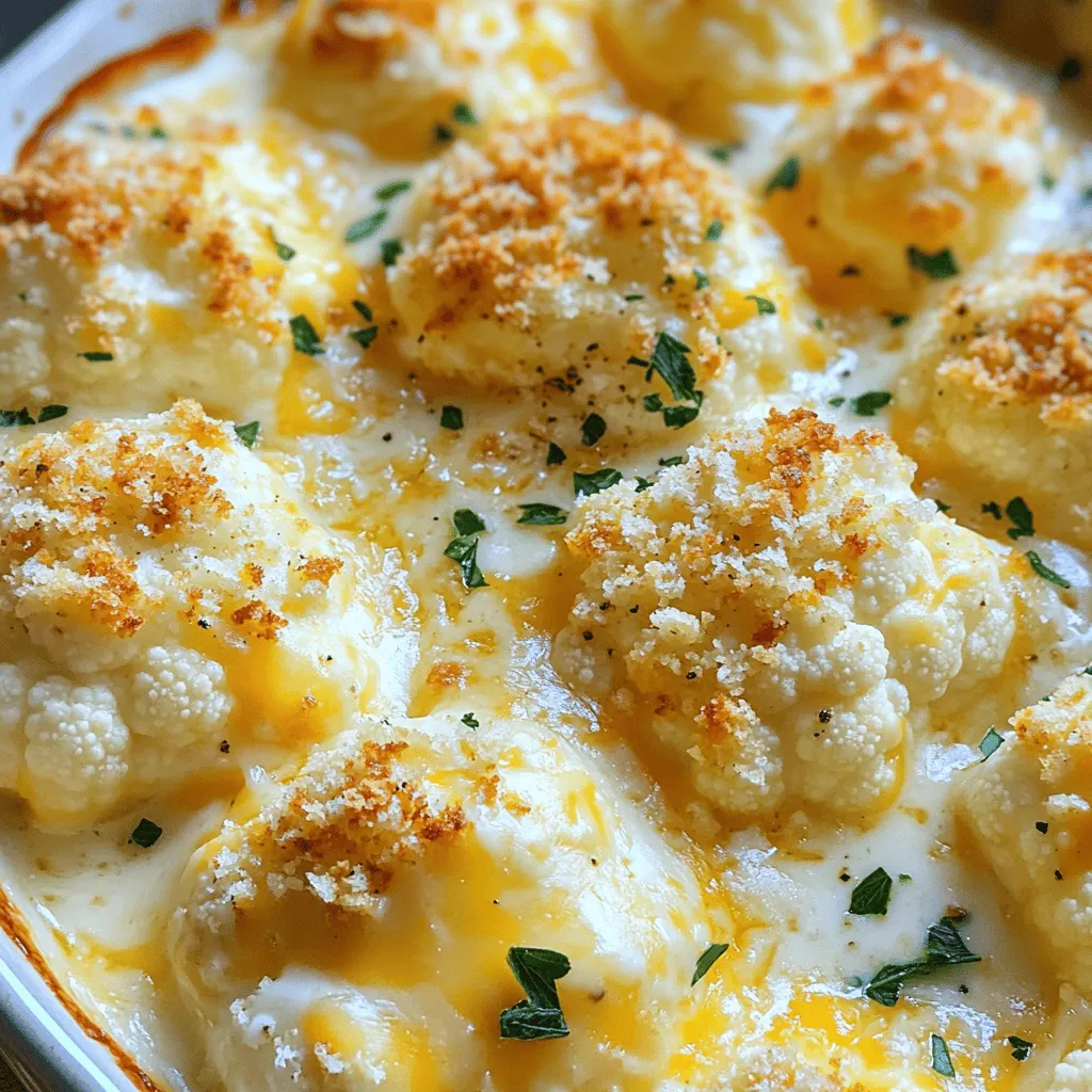 To make a cheesy cauliflower bake, gather these fresh ingredients: - 1 large head of cauliflower, cut into florets - 1 cup shredded cheddar cheese - 1/2 cup grated parmesan cheese - 1 cup heavy cream - 1/2 teaspoon garlic powder - 1/2 teaspoon onion powder - 1 teaspoon dried thyme - Salt and pepper to taste - 1/2 cup breadcrumbs - 2 tablespoons olive oil - Fresh parsley, chopped (for garnish) When picking cauliflower, look for heads that are firm and white. Avoid any brown spots, as they can mean the cauliflower is past its prime. The leaves should be green and fresh. If you can, choose organic cauliflower. It often tastes better and is grown without harmful chemicals. Fresh cauliflower has a nice crunch and will hold up well in your bake. While cheddar and parmesan are classic choices, feel free to mix it up! You can try mozzarella for a gooey texture or gouda for a smoky flavor. For a spicy kick, consider pepper jack cheese. Each cheese brings its own taste. Experiment with your favorites to create a unique cheesy cauliflower bake. Just remember to keep the total cheese amount around a cup and a half! First, preheat your oven to 375°F (190°C). This step is key for a perfect bake. While the oven heats, gather all your ingredients. You will need cauliflower, cheese, and spices. Bring a large pot of salted water to a boil. Add the cauliflower florets and cook for 5-7 minutes. You want them tender but still firm. Drain the florets and set them aside to cool a little. This keeps them from getting mushy later. In a bowl, mix the heavy cream, garlic powder, onion powder, dried thyme, salt, and pepper. Stir until well combined. Now, take a large baking dish. Place the cooled cauliflower florets in a single layer. Pour the cream mixture over them. Use a spatula to coat every piece. Next, sprinkle shredded cheddar and grated parmesan cheese on top. This will make your bake cheesy and delicious. In a small bowl, combine breadcrumbs and olive oil. Mix well, then sprinkle this over the cheese layer. Now, it’s time to bake! Put the dish in the oven and let it bake for 25-30 minutes. You want the top to be golden brown and bubbly. Keep an eye on it to avoid burning. Once baked, let it cool for 5 minutes. Finish with fresh parsley for color. Enjoy your cheesy cauliflower bake! For the full recipe, refer to the beginning of the article. To bake your cheesy cauliflower just right, follow these steps: - Use a shallow baking dish. This helps the heat reach all parts of the dish. - Ensure your oven is preheated to 375°F (190°C). A hot oven makes a crispy top. - Bake until the top is golden brown and bubbly. This usually takes about 25-30 minutes. - Keep an eye on it. You want it golden, not burnt. You can make this dish ahead of time for busy days. Here’s how: - Prepare the cauliflower and creamy mixture as directed. - Layer them in the baking dish. - Cover it well with plastic wrap. Refrigerate for up to 24 hours. - When you’re ready to bake, remove the wrap and bake for 30-35 minutes. You may need to add a few extra minutes to heat through. Garnishes can make your bake pop! Here are some ideas: - Fresh parsley adds color and freshness. - Chopped chives give a mild onion flavor. - A sprinkle of paprika can add a hint of spice. - Serve with a side salad for a complete meal. These tips will help you create a cheesy cauliflower bake that’s easy and flavorful. Follow the full recipe for the best results! {{image_4}} If you want a low-carb twist, swap out the heavy cream for unsweetened almond milk. This keeps the dish creamy without the carbs. You can also use a mix of cauliflower and broccoli for extra crunch and flavor. Both options taste great and fit a low-carb diet. You can add other vegetables to boost nutrition. Try mixing in spinach, mushrooms, or bell peppers. Chop them finely and layer them with the cauliflower. This not only enhances flavor but also adds color to your dish. The more veggies, the better! For a zesty kick, add spices like paprika or cayenne pepper. Just a pinch can elevate the whole dish. You could also try adding fresh herbs, like basil or rosemary, for a fragrant touch. Don’t be afraid to experiment; you might find your new favorite flavor combination! To keep your cheesy cauliflower bake fresh, store it in an airtight container. Let it cool first to prevent steam from building up. Place the leftovers in the fridge and use them within three days for the best taste. Label your container with the date to track freshness easily. When you're ready to enjoy your leftovers, preheat your oven to 350°F (175°C). Place the cauliflower bake in a baking dish. Cover it with foil to keep it from drying out. Heat for about 15-20 minutes, or until it's warm throughout. You can also reheat it in the microwave. Just heat it in short bursts, stirring in between, until hot. If you want to freeze the cheesy cauliflower bake, let it cool completely first. Portion it into freezer-safe containers. Be sure to leave some space at the top for expansion. It will last for about two months in the freezer. When you’re ready to eat it, thaw it in the fridge overnight. Reheat it in the oven for the best texture. For the full recipe, check the details above. To make this recipe gluten-free, simply swap the breadcrumbs. Use gluten-free breadcrumbs or crushed gluten-free crackers. You can also skip the topping altogether for a softer dish. Make sure to check all labels on your ingredients to ensure they are gluten-free. If you need a substitute for heavy cream, you have options. You can use whole milk mixed with butter for a similar texture. A blend of cashew cream or coconut cream also works well for a dairy-free option. These alternatives keep the dish creamy without losing flavor. Yes, you can use frozen cauliflower. It saves time and is often just as nutritious. Just be sure to thaw and drain the cauliflower well. This prevents excess water from making your bake too soggy. It might need a few extra minutes in the oven to cook through. This blog post covered the key ingredients for a tasty dish, from choosing cauliflower to selecting cheese. We explored step-by-step cooking instructions and shared tips for perfect baking. You can prepare this dish ahead of time and make exciting variations. Storing leftovers properly ensures freshness, while our FAQs answered common questions. In conclusion, follow these steps to create a delicious meal that fits your diet. Happy cooking!