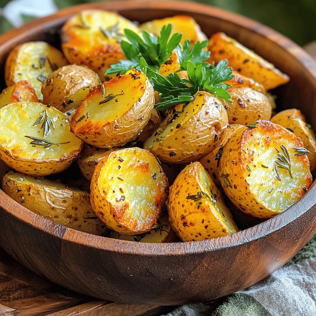 For Garlic Herb Roasted Potatoes, you will need: - 2 pounds baby potatoes, halved - 4 cloves garlic, minced - 3 tablespoons extra virgin olive oil - 2 teaspoons dried rosemary - 2 teaspoons dried thyme - 1 teaspoon smoked paprika - Sea salt and freshly ground black pepper to taste - Fresh parsley, finely chopped (for garnish) Using the right amount is key for great flavor. For 2 pounds of baby potatoes, you can swap them with Yukon Gold or red potatoes if you prefer. If you want a stronger garlic taste, add more than 4 cloves. You can use fresh herbs instead of dried ones, but remember to use about three times more fresh herbs. For olive oil, you can replace it with avocado oil if you like. Fresh herbs bring a bright taste to the dish. They are best used when in season. Dried herbs, on the other hand, offer convenience and long shelf life. Both types can work well! If using dried herbs, keep them stored in a cool, dark place to maintain their flavor. When you use fresh herbs, chop them just before adding to keep their aroma strong. I often mix both to get the best of both worlds! To start, choose 2 pounds of baby potatoes. I like to use these because they cook evenly. Halve each potato to help them roast faster. Rinse the potatoes under cold water to remove dirt. Pat them dry with a towel. Dry potatoes will become crispier when roasted. In a large bowl, add the halved potatoes. Then, toss in 4 cloves of minced garlic. Pour in 3 tablespoons of extra virgin olive oil for richness. Next, sprinkle in 2 teaspoons of dried rosemary and 2 teaspoons of dried thyme for flavor. Add 1 teaspoon of smoked paprika for a slight kick. Season with sea salt and freshly ground black pepper. Mix everything well until each potato is coated. Preheat your oven to 425°F (220°C). This high heat will make the potatoes crisp. Line a baking sheet with parchment paper. Spread the potatoes in a single layer, cut side down. This helps them brown nicely. Roast the potatoes for 25-30 minutes. Flip them halfway through to ensure even cooking. When they turn golden brown and fork-tender, they are done. Remove them from the oven and let them cool for a few minutes. Finally, sprinkle with fresh parsley before serving. Enjoy your Garlic Herb Roasted Potatoes! For the full recipe, check the section above. To get that perfect crispy texture, start with dry potatoes. After washing them, pat them dry with a towel. This step helps remove extra moisture. Next, cut the potatoes in half. The flat side should face down on the baking sheet. This position allows for even browning. Use enough oil to coat them well. Too little oil can lead to soggy potatoes. Remember to flip the potatoes halfway through cooking. This ensures that all sides get nice and crispy. You can boost the flavor with a few simple tweaks. Add fresh herbs if you have them. Chopped rosemary or thyme gives a fresh taste. Consider mixing in some lemon zest for a bright note. A dash of cayenne pepper can add heat. If you love cheese, sprinkle some grated parmesan on top before serving. It melts beautifully and adds richness. Don't forget to adjust the salt to your liking! One common mistake is overcrowding the baking sheet. If the potatoes are too close, they will steam instead of roast. Make sure they have space to breathe. Another mistake is not preheating the oven. A hot oven helps achieve that desired crispiness. Lastly, avoid using waxy potatoes. They do not roast as well as starchy ones, like russets or Yukon gold. Follow these tips for a successful dish every time. For the full recipe, check out the complete details above. {{image_4}} You can use various types of potatoes for this dish. Baby potatoes are great because they cook quickly and stay tender. If you want a different texture, try Yukon Gold or red potatoes. They add a creamy feel. Russet potatoes are another option. They become fluffy inside after roasting. Just make sure to cut them into even pieces for even cooking. You can easily change the flavor of your Garlic Herb Roasted Potatoes. For a spicy kick, add chili flakes or cayenne pepper. To make them zesty, squeeze some lemon juice on top before serving. You can also switch the herbs. Basil or oregano can give a fresh taste. Mixing in some grated cheese before serving adds a savory touch too. Both oven and air fryer methods work well. The oven gives a nice golden brown finish, while the air fryer cooks faster. If you use the oven, preheat to 425°F. For the air fryer, set it to 400°F. Cook the potatoes in the air fryer for about 15-20 minutes. Shake the basket halfway through for even cooking. Both methods will yield crispy and flavorful potatoes. For the complete recipe, check the Full Recipe section. To store your leftover garlic herb roasted potatoes, let them cool first. Place them in an airtight container. Keep the container in the fridge for up to 3 days. Make sure to separate any excess oil to avoid sogginess. Using a paper towel can help absorb moisture. Reheating these potatoes is easy! Preheat your oven to 400°F (200°C). Spread the potatoes on a baking sheet. Bake for about 10-15 minutes. This will help them regain their crispiness. You can also use a microwave for quick reheating, but they may lose some crunch. If you want to freeze garlic herb roasted potatoes, let them cool completely. Place them in a freezer-safe bag. Remove as much air as possible before sealing. They can last for up to 2 months in the freezer. When you’re ready to eat, thaw them in the fridge overnight. Reheat them in the oven for the best results. Enjoy your leftovers just as much as the first time! You can serve Garlic Herb Roasted Potatoes with many dishes. They pair well with grilled meats or fish. Try them with roasted chicken or steak for a hearty meal. They also taste great alongside fresh salads or vegetable dishes. If you want a complete dinner, add a creamy dip or sauce on the side. Yes, you can use fresh garlic! It adds a bright flavor. You will need about one clove of fresh garlic for each clove of minced garlic. Simply crush or finely chop the fresh garlic before mixing it with the potatoes. This will give your dish a stronger garlic taste. To prevent sticking, use parchment paper on your baking sheet. This creates a non-stick surface. Make sure to toss the potatoes with enough olive oil. This oil helps to create a barrier that reduces sticking. Also, avoid crowding the potatoes on the sheet. Give them space to roast evenly. The best way to cut potatoes for roasting is to halve them. This allows for even cooking and crispiness. If you use larger potatoes, cut them into quarters. Make sure all pieces are roughly the same size. This helps them cook at the same rate. You can follow the full recipe for more tips on preparing your potatoes. We explored garlic herb roasted potatoes, covering ingredients, techniques, and storage. I shared tips for perfect crispiness and common mistakes to avoid. You can choose various potatoes and methods to suit your taste. Remember to store leftovers properly and enjoy them later. With this knowledge, you'll create tasty dishes that impress everyone. Cooking should be fun and rewarding, so use these insights to boost your skills. Enjoy your delicious garlic herb roasted potatoes!