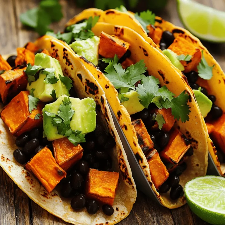 To make delicious sweet potato black bean tacos, you will need the following ingredients: - 2 medium sweet potatoes, peeled and diced into 1-inch cubes - 1 can (15 oz) black beans, drained and rinsed - 1 tablespoon extra-virgin olive oil - 1 teaspoon ground cumin - 1 teaspoon smoked paprika - 1/2 teaspoon cayenne pepper (optional) - Salt and freshly cracked pepper to taste - 8 small corn tortillas - 1 ripe avocado, sliced - Fresh cilantro for garnish - Lime wedges for serving Each ingredient plays a key role in building flavor. Sweet potatoes bring a natural sweetness. Black beans add protein and texture. Olive oil helps in roasting the sweet potatoes, making them crisp. Cumin and smoked paprika enhance the taste with earthy notes. Cayenne pepper gives a hint of heat if you like spice. Fresh avocado adds creaminess, while cilantro and lime provide a bright finish. For the full recipe, check out the details provided. - Preheat the oven to 400°F (200°C). - In a bowl, combine diced sweet potatoes with olive oil, ground cumin, smoked paprika, cayenne pepper, salt, and pepper. - Spread the sweet potatoes on a baking sheet. Roast them for 25-30 minutes. Stir halfway to ensure even cooking. - Take a small pot and warm the drained black beans over medium heat. - Add a pinch of salt, some pepper, and a splash of water. Stir gently for about 5-7 minutes until warm. - Heat a dry skillet over medium heat. - Lightly toast the corn tortillas for about 30 seconds on each side. This adds flavor and warmth. - On each warm tortilla, layer roasted sweet potatoes, seasoned black beans, and creamy avocado slices. - Top with fresh cilantro and serve with lime wedges. For more delicious details, check the Full Recipe. To get soft and sweet potatoes, roasting is key. Stir the sweet potatoes halfway through cooking. This helps them cook evenly and brown nicely. You can also adjust the seasoning to fit your taste. More spice? Add cayenne. Want it milder? Just use salt and pepper. You can add more flavor with toppings. Try adding fresh salsa for a zesty kick. Crumbled cheese makes it creamy. If you like heat, drizzle on some hot sauce. These additions can change the taste and make each taco special. Batch cooking is smart for busy days. Make a big batch of sweet potatoes and black beans. Store them in the fridge for quick meals. When you’re ready to eat, just warm them up. This way, you save time while still enjoying tasty tacos any day of the week. For the full recipe, check out the detailed instructions above. {{image_4}} You can easily boost the protein in sweet potato black bean tacos. Consider adding grilled chicken, shrimp, or tofu. These options make the meal heartier and more filling. For grilled chicken, season it simply with salt and pepper. Cook it on a grill or stovetop until golden. For shrimp, toss them in a bit of olive oil and cook until pink. Tofu can be cubed, seasoned, and sautéed until crispy. Each protein option pairs well with the sweet and spicy flavors of the tacos. If you're looking for vegetarian alternatives, different beans or lentils can add unique textures. Chickpeas work nicely and bring a nutty flavor. Try using pinto beans for a creamier feel. Lentils are also a fun choice. They cook quickly and can add a nice bite. Each option keeps the dish plant-based while adding new tastes and crunch. Incorporating seasonal ingredients can elevate your tacos. Fresh corn adds a sweet crunch in summer. In the fall, roasted pumpkin or squash can enhance the dish's flavor. During winter, try adding sautéed greens like kale or spinach. These ingredients keep the recipe fresh and exciting all year long. You can also mix in seasonal toppings like radishes or jicama for extra color and crunch. To store cooked sweet potatoes and black beans, use airtight containers. Make sure to let them cool first. Store them in the fridge for up to four days. Keep sweet potatoes and black beans separate to maintain texture. You can mix them when you're ready to eat. To reheat tacos, use an oven or skillet. Preheat your oven to 350°F (175°C). Wrap the tacos in foil to keep them moist. Heat for about 10 minutes. If using a skillet, warm it over medium heat. Add the tacos and cover for a few minutes. This keeps the tortillas soft. You can freeze the taco filling. Place sweet potatoes and black beans in freezer bags. Squeeze out air and seal tightly. They can last for up to three months. To reheat, thaw overnight in the fridge, then warm in the oven or skillet. Avoid freezing assembled tacos as they can become soggy. You can use butternut squash or carrots instead of sweet potatoes. These veggies roast well and add great flavor. You can also try parsnips for a unique taste. Each option brings its own sweetness and texture, making your tacos just as delicious. Yes, sweet potato black bean tacos are very healthy! Sweet potatoes are high in fiber, vitamins, and minerals. They provide energy and help with digestion. Black beans add protein and more fiber, keeping you full longer. Together, they make a balanced meal. These ingredients support heart health and are low in fat. Absolutely! You can prepare the sweet potatoes and black beans in advance. Roast the sweet potatoes and store them in the fridge for up to three days. Heat them up when you’re ready to serve. You can also warm the black beans before assembly. This way, you can enjoy quick and tasty tacos anytime. For the best taste, assemble the tacos right before eating. Check out the Full Recipe for more tips! This blog post shared a tasty recipe for sweet potato black bean tacos. We covered the key ingredients, step-by-step instructions, and helpful tips for perfecting your dish. You learned how to store leftovers and explored variations to suit your taste. Cooking should be fun and easy. These tacos offer a healthy and delicious meal option. I hope you enjoy making them and experimenting with flavors. Happy cooking!
