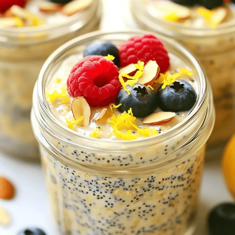 - 1 cup rolled oats - 1 ½ cups almond milk - 1 tablespoon chia seeds - Zest and juice of 1 lemon - 2 tablespoons maple syrup or honey - 1 teaspoon vanilla extract - 1 tablespoon poppy seeds - Fresh berries for topping - Sliced almonds for garnish For the best lemon poppyseed overnight oats, I focus on fresh and simple ingredients. Rolled oats form the base, giving a hearty texture. Almond milk keeps it creamy and adds a nutty flavor. Chia seeds are a must; they thicken the mix and add nutrients. Lemon zest and juice provide a bright, tangy taste. Sweetness comes from maple syrup or honey, but you can adjust this to your liking. Vanilla extract boosts the flavor, making the dish feel luxurious. Poppy seeds add a nice crunch and a hint of flavor. Fresh berries and sliced almonds top it off perfectly, adding color and extra taste. - Alternative sweeteners - Variations in milk type - Add-ins for extra nutrients You can switch up sweeteners based on your taste. Try agave or coconut sugar if you prefer. For milk, feel free to use oat, soy, or dairy milk. Each choice gives a unique flavor and texture. Want to boost the nutrition? Add nuts, seeds, or even protein powder. These options make your meal more filling and healthy. Remember, cooking is about personal taste, so adjust ingredients to fit your style! For the full recipe, check out the [Full Recipe]. 1. Start by mixing your dry ingredients. In a large bowl, combine 1 cup of rolled oats, 1 tablespoon of chia seeds, 1 tablespoon of poppy seeds, the zest of 1 lemon, and the juice of that lemon. Mix well to blend the flavors. 2. Next, combine your wet ingredients. In a separate bowl, whisk together 1 ½ cups of almond milk, 2 tablespoons of maple syrup, and 1 teaspoon of vanilla extract. Blend until smooth. 3. Now, blend the wet and dry mixtures. Pour the wet mixture over the dry ingredients. Use a spatula to mix everything until well combined. Ensure all oats are coated nicely. 1. Properly seal your containers. Divide the mixture into two sealable jars or containers. Make sure they are tightly sealed. 2. Follow the recommended soaking time. Place the jars in the fridge overnight, or at least for 6 hours. This soaking helps the oats and chia seeds soften. 3. Stir the mixture before serving. When ready, take the jars out and give them a good stir. If the oats seem too thick, add a splash of almond milk and stir again. 1. Think about serving suggestions. Spoon the oats into bowls. Top them with fresh berries like blueberries or raspberries for added color and flavor. 2. Consider garnishing options. Sprinkle sliced almonds on top for a delightful crunch and a touch of elegance. 3. Choose the best containers for showcasing. Clear glass jars work great. They show off the beautiful layers of your lemon poppyseed oats. Use a sprig of mint for a pop of color! For the full recipe, refer to the Lemon Poppyseed Dream Oats section above. To get the right texture for your Lemon Poppyseed Overnight Oats, pay attention to the soaking time. I recommend letting them soak for at least six hours. If you want a softer oat, you can soak them longer. If you feel the mixture is too thick, simply add a splash of almond milk. This will help you achieve the creamy consistency you want. Don't be afraid to play with flavors! You can infuse other citrus flavors, like orange or lime, to make it exciting. Adding spices, such as cinnamon or nutmeg, can also give your oats a warm touch. Just a pinch can make a big difference. Chia seeds are small but mighty! They are packed with fiber and protein, which helps keep you full. Poppy seeds offer a unique crunch and are rich in minerals like calcium and iron. Together, they make this dish both tasty and nutritious. {{image_4}} You can change up the taste of your Lemon Poppyseed Overnight Oats easily. Here are a couple of fun ideas: - Berry Medley Options: Add a mix of berries. Blueberries, strawberries, and raspberries work well. They add sweetness and tartness. You can even use frozen berries if fresh ones are hard to find. - Tropical Twist with Coconut: Stir in shredded coconut. This brings a hint of the tropics to your oats. You can also swap almond milk for coconut milk. This will give your dish a creamy, rich flavor. If you have specific dietary needs, you can still enjoy this recipe: - Vegan Adaptations: To keep it vegan, use maple syrup instead of honey. All the other ingredients are vegan-friendly, too. - Gluten-Free Options: Use gluten-free oats. Most rolled oats are naturally gluten-free, but check the package. This way, everyone can enjoy your tasty dish. Want to make your oats even better? Try these fun add-ins: - Nut Butters for Creaminess: A spoonful of almond or peanut butter can make your oats extra creamy. It also adds protein, making your breakfast more filling. - Chocolate Chips for Indulgence: For a sweet treat, sprinkle in some mini chocolate chips. They melt slightly and make every bite a little decadent. These variations let you customize your Lemon Poppyseed Overnight Oats to fit your taste and needs. You can find the full recipe above and start experimenting with your own fun twists! To store your Lemon Poppyseed Overnight Oats, use tight-sealing glass jars or plastic containers. Glass jars are great because they let you see the oats and keep them fresh. You can keep them in the fridge for up to five days. This makes them perfect for meal prep. If you have leftovers, you can reheat them easily. Just take out your jar and stir them. Heat in the microwave for about 30 seconds. If they seem thick, add a splash of almond milk to get the right texture. Stir again to mix the oats and milk well. Preparing in bulk saves time during busy mornings. Make a batch for the week by following the Full Recipe. Portion out the mixture into jars for each day. This way, you have a healthy breakfast ready to grab and go. You can keep overnight oats in the fridge for up to five days. This makes them great for meal prep. Just store them in sealed jars to keep them fresh. The oats will absorb liquid and soften over time. They may thicken, so add milk if needed before eating. You can use steel-cut oats, but the texture will change. Steel-cut oats need more soaking time to soften. I recommend soaking them overnight for at least eight hours. They will have a chewier texture compared to rolled oats. You can use any milk you like. Options include oat milk, soy milk, or cow's milk. Each type adds a different flavor. If you want a nutty taste, try cashew milk. Just pick what you enjoy most. Yes, overnight oats are very healthy! They are high in fiber and keep you full. The oats provide energy, while chia seeds add healthy fats. Plus, the lemon and berries give you vitamins. This combo is great for a balanced breakfast. Yes, you can make them without chia seeds. They add texture and nutrition, but they are not essential. If you skip them, just use more oats or add nuts for crunch. Your oats will still taste great! For the complete recipe, check [Full Recipe]. Lemon poppyseed overnight oats combine fresh flavors and healthy ingredients. We explored the key ingredients, step-by-step preparation, and helpful tips. You can play with flavors and textures to make it your own. Don't hesitate to try different variations or storage methods for convenience. This dish is a great breakfast option that you can enjoy every day. With some simple tweaks, you can create a meal that’s both tasty and nutritious. Enjoy making this easy and delightful breakfast!