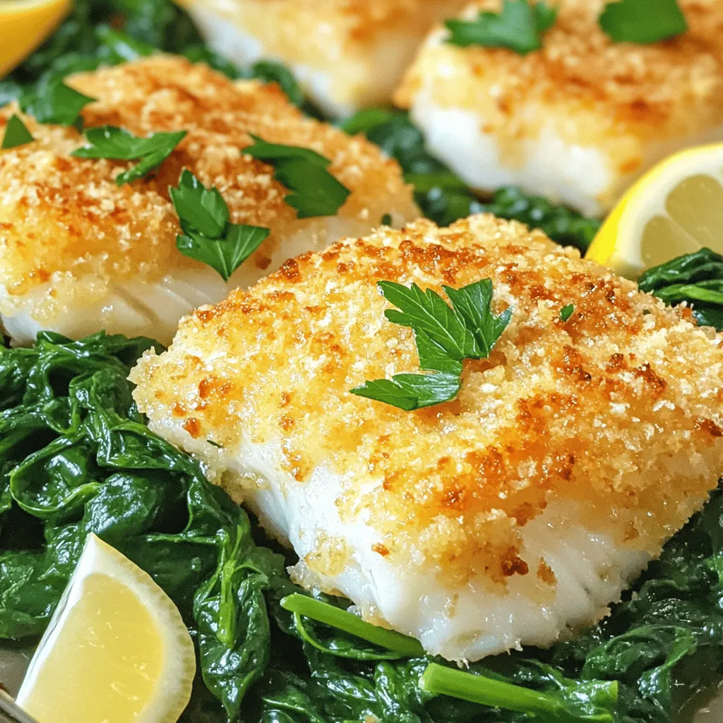 - 4 cod fillets (approximately 6 ounces each) - 1 cup finely grated Parmesan cheese - 1 cup panko breadcrumbs - 2 tablespoons fresh parsley, finely chopped - 1 teaspoon garlic powder - 1 teaspoon onion powder - 1/2 teaspoon freshly ground black pepper - 1/2 teaspoon salt - 1/4 cup unsalted butter, melted - 1 tablespoon fresh lemon juice This dish shines with simple yet flavorful ingredients. The cod fillets serve as a light and flaky base. They pair perfectly with a crunchy topping of Parmesan cheese and panko breadcrumbs. The seasonings add depth. Fresh parsley brings a hint of color and taste. Garlic and onion powders enhance the flavor without overpowering the fish. The salt and black pepper balance everything nicely. The butter and lemon juice not only add richness but also help the crust stick. This combination keeps each bite juicy and bright. I like to use fresh ingredients whenever possible. It makes a big difference in taste. This recipe is flexible too; you can change the herbs or add spices to fit your taste. You can find the full recipe above to guide you through the steps. Enjoy making this delightful dish! - Preheat oven to 400°F (200°C). - Line a baking sheet with parchment paper. Start by preheating your oven to 400°F (200°C). This temperature will give your cod that perfect crisp. Next, take a baking sheet and line it with parchment paper. This step makes cleanup easy and helps prevent the fish from sticking. - Combine grated Parmesan cheese, panko breadcrumbs, herbs, and spices in a bowl. In a medium bowl, mix together the grated Parmesan cheese, panko breadcrumbs, and spices. Add the fresh parsley for a pop of color and flavor. Stir these ingredients until they are well mixed. This mixture will form the crunchy topping for your cod. - Dip cod fillets in butter mixture and press into breadcrumb mixture. Now, take your cod fillets. First, dip each fillet into the melted butter and lemon juice mixture. Make sure to coat it well. Let any extra butter drip off. Then, press the coated side of the fillet into the breadcrumb mix. Use gentle pressure to ensure the crumbs stick well. Repeat this with all the fillets. - Arrange coated fillets on prepared baking sheet and bake for 15-20 minutes. Place the coated fillets on your prepared baking sheet. Make sure they are spaced out a bit. This spacing helps them cook evenly. Bake in your preheated oven for 15-20 minutes. The cod is ready when it flakes easily with a fork and the crust is golden brown. Enjoy this flavorful dish as a weeknight delight! For the complete recipe, see the Full Recipe section. To get that perfect crunchy crust, I use a mix of finely grated Parmesan and panko breadcrumbs. This combo gives the cod a great texture. When you press the crumbs onto the cod, make sure to apply even pressure. This helps the crust stick well and bake evenly. For the best results, always select fresh or thawed cod fillets. Fresh fish smells clean and feels firm. If the cod feels mushy or has a strong odor, it’s best to skip it. Cooking time can vary based on the thickness of your fillets. If your fillets are thicker, add a few extra minutes. I like to use a fork to test for doneness. The fish should flake easily when it’s fully cooked. For the full recipe, check out the details above. {{image_4}} You can switch things up by using aged Gouda or Pecorino Romano. Each cheese adds a unique taste. Gouda gives a sweet, nutty flavor, while Pecorino Romano offers a sharp, salty kick. Both create a delicious crust that pairs well with cod. Feel free to mix and match to find your favorite. Fresh herbs can change the taste of your dish. Try using thyme or dill for a fresh twist. Thyme adds a warm, earthy flavor. Dill brings a bright, slightly tangy note. You can add these herbs to the breadcrumb mix for extra flavor. Experiment with other herbs too, like basil or oregano. Cod is great, but you can also use other white fish. Haddock and tilapia work well as substitutes. They both have mild flavors that hold up to the crust. Each fish will give a slightly different texture and taste. You can use this recipe with any of these options for a fun twist. You can refrigerate leftovers for up to 3 days. Use an airtight container to keep them fresh. Storing this dish properly ensures you enjoy its tasty flavors later. For the best taste, reheat the cod in the oven. This method helps keep the crust crispy. Warm it at 350°F (175°C) for about 10-15 minutes. Check to ensure it is heated through without drying out. You can freeze uncooked, coated fillets for up to 3 months. This is a great way to enjoy Parmesan crusted cod later. Just make sure to wrap the fillets tightly in plastic wrap. Then, place them in a freezer bag. When you're ready, thaw them overnight in the fridge before baking. For the full recipe, check out the details in the main section. You can tell the cod is done when its flesh flakes easily with a fork. This means it has reached the right temperature. Cod should look opaque and no longer shiny. The crust will also be a lovely golden brown. This visual cue helps ensure your meal is cooked perfectly. Yes, you can prepare the cod ahead of time. Simply coat the fillets and place them in the fridge. Cover them tightly so they stay fresh. When you're ready to eat, just bake them. This makes weeknight cooking easier! Parmesan crusted cod pairs nicely with various sides. I suggest sautéed spinach, roasted vegetables, or a refreshing salad. These options add color and nutrition to your plate. They also balance the rich flavors of the cod. Yes, it can be gluten-free! Just substitute panko breadcrumbs with gluten-free options. There are many great brands available now. This way, everyone can enjoy this tasty dish without worry. This blog post covered how to make Parmesan Crusted Cod. We discussed the ingredients, from the cod fillets to seasonings and butter. I shared steps for preparation and baking, along with tips for the perfect crust. You can even try different herbs or proteins for fun. Remember, store leftovers correctly for future meals and reheat for the best taste. This dish is easy, delicious, and perfect for any dinner. Enjoy making it your own and delight in every bite!