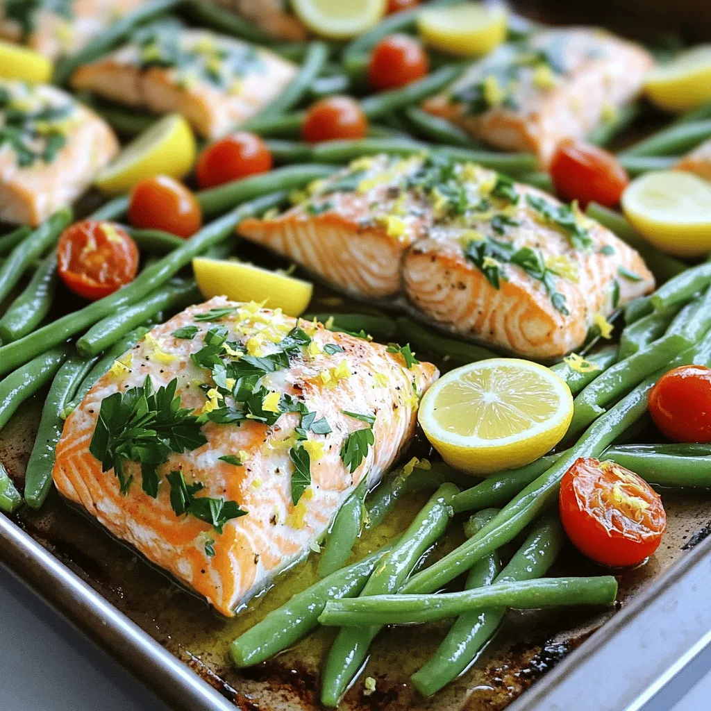 - 4 salmon fillets (skin-on preferred for extra flavor) - 2 tablespoons extra virgin olive oil - 4 cloves garlic, finely minced - Juice and zest of 2 fresh lemons - 1 teaspoon dried oregano - 1 teaspoon smoked paprika - Salt and freshly ground black pepper to taste The main star of this dish is the salmon. Salmon is rich in omega-3 fatty acids and has a lovely flavor. The skin adds extra taste and helps keep the fish moist. Use fresh salmon for the best result. - 2 tablespoons extra virgin olive oil - Juice and zest of 2 fresh lemons - 1 teaspoon dried oregano - 1 teaspoon smoked paprika - Salt and freshly ground black pepper to taste The marinade is key for flavor. Olive oil helps the herbs stick. Lemon juice and zest add brightness. Oregano gives an earthy taste, while smoked paprika adds a hint of warmth. This mix makes the salmon shine. - 2 cups fresh green beans, trimmed - 1 cup cherry tomatoes, halved - Fresh parsley, finely chopped for garnish Adding veggies boosts the meal's nutrition. Green beans are crisp and add color. Cherry tomatoes burst with sweetness as they cook. Fresh parsley gives a pop of green and freshness to the dish. You can find all the details in the Full Recipe. Start by preheating your oven to 400°F (200°C). This step is key for a great roast. In a large bowl, mix together the olive oil, minced garlic, lemon juice, lemon zest, oregano, smoked paprika, salt, and pepper. Whisk until the mixture is smooth and fragrant. Next, add the salmon fillets to the bowl. Let them soak in that zesty marinade for a few minutes. Drizzle some of the marinade over each fillet to coat them well. Be sure to save a bit of the marinade for the veggies later. On a large baking sheet, spread out your trimmed green beans and halved cherry tomatoes. Keep them in a single layer. This helps them cook evenly. Drizzle the reserved lemon garlic mixture over the vegetables. Toss gently to coat them in the flavor. Move the seasoned veggies to the edges of the baking sheet. This will create a space in the center for the salmon. Now, carefully place the salmon fillets, skin side down, in the center of the baking sheet. Make sure they sit among the veggies. Slide the baking sheet into your preheated oven. Bake for about 15 to 18 minutes. You want the salmon to be cooked through and flaky. The veggies should be tender yet vibrant. When done, take the sheet out of the oven. Sprinkle freshly chopped parsley on top for a pop of color and flavor. Enjoy your One Pan Lemon Garlic Salmon! For the full recipe, check out the details above. To get perfectly cooked salmon, focus on timing. Bake your salmon for 15 to 18 minutes. The salmon should flake easily with a fork when done. If you have a meat thermometer, aim for 145°F (63°C) in the center. This ensures the fish is both safe and tasty. Fresh herbs make a big difference in taste. I love using parsley, dill, or basil. They add bright notes to the dish. Just chop a handful and sprinkle it on before serving. You can also mix herbs into the marinade for a deeper flavor. This adds a nice touch to your one pan lemon garlic salmon. How you serve your dish can impress your guests. For a rustic look, serve the salmon and veggies right on the baking sheet. This is easy and inviting. For something fancier, plate each salmon fillet with veggies on the side. Add lemon slices and a sprinkle of parsley on top. This makes your meal look fresh and vibrant, perfect for any table! For more details on making this meal, check the Full Recipe. {{image_4}} You can swap salmon for other fish like trout or cod. These fish work well because they can absorb the marinade's flavor. Trout offers a nutty taste, while cod has a mild flavor. Both fish cook quickly, just like salmon. Adjust the cooking time based on the thickness of the fillets. For thinner fish, check for doneness a few minutes early to avoid overcooking. You can make this dish even better by adding seasonal vegetables. Think about using zucchini, bell peppers, or asparagus. These veggies add color and nutrition. Slice them into bite-sized pieces for even cooking. Toss them with the marinade just like you do with green beans and cherry tomatoes. The more variety you add, the more fun and tasty your meal will be! For a new twist, change the marinade to add some heat or sweetness. You can mix in a teaspoon of honey or maple syrup for sweetness. For heat, try adding red pepper flakes or a dash of hot sauce. These changes will give your dish a unique flavor and make it exciting. Experiment with these ideas to find your favorite blend. For the full recipe, check out the link to see how it all comes together! To keep your One Pan Lemon Garlic Salmon fresh, place it in an airtight container. Store the salmon and vegetables together or separately, based on your preference. Use the leftovers within three days for the best taste. When you're ready to enjoy the leftovers, reheat them gently. Place the salmon and veggies in a preheated oven at 350°F (175°C). Heat for about 10 minutes, or until warm. This method helps keep the salmon moist and the veggies crisp. If you want to save some for later, freezing is a great choice. Wrap the salmon and veggies tightly in plastic wrap and then in foil. This will prevent freezer burn. You can store them in the freezer for up to three months. When ready to eat, thaw in the fridge overnight before reheating. For the full recipe, check the earlier sections. I recommend using wild-caught salmon. It has better flavor and texture. Sockeye and king salmon work well. They are rich in taste and nutrients. Farmed salmon is another option, but it may not have the same depth of flavor. Always choose salmon that looks fresh and bright. Yes, you can use frozen salmon. Just make sure to thaw it first. You can place it in the fridge overnight or use cold water for quicker thawing. Once thawed, pat it dry before marinating. This helps the marinade stick better and enhances the flavor. To check if your salmon is cooked, look for a few signs. The flesh should change from translucent to opaque. It should also flake easily with a fork. You can use a meat thermometer; it should read 145°F (63°C) at the thickest part. If it meets these criteria, your salmon is ready to enjoy! In this post, I covered how to make one pan lemon garlic salmon. You learned about key ingredients, seasoning, and vegetable choices. I shared easy steps for preparation and baking. Tips helped you achieve perfect salmon and improve your dish’s flavor. I also explored variations and how to store leftovers. Enjoying this meal brings healthy, delicious options to your table. Whether you stick with salmon or try new flavors, this dish is sure to impress.