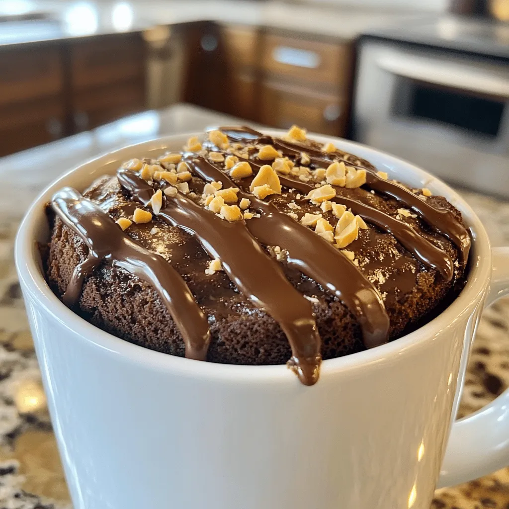 To make a delicious chocolate peanut butter mug cake, you need a few simple ingredients. Here’s what you’ll need: - 4 tablespoons all-purpose flour - 4 tablespoons granulated sugar - 2 tablespoons unsweetened cocoa powder - 1/8 teaspoon baking powder - 1/8 teaspoon salt - 3 tablespoons milk (dairy or plant-based) - 2 tablespoons peanut butter (creamy or chunky) - 1 tablespoon vegetable oil - 1/4 teaspoon vanilla extract - Optional: a handful of chocolate chips for extra indulgence These ingredients create a rich and moist cake that you can make in minutes. If you want to take your mug cake to the next level, consider these optional add-ins or toppings: - A dollop of whipped cream on top - A drizzle of chocolate syrup - A sprinkle of crushed peanuts Feel free to get creative and personalize your cake. The choice is yours! For the complete recipe, check the [Full Recipe]. First, gather your ingredients. In a microwave-safe mug, add: - 4 tablespoons all-purpose flour - 4 tablespoons granulated sugar - 2 tablespoons unsweetened cocoa powder - 1/8 teaspoon baking powder - 1/8 teaspoon salt Mix these dry ingredients well. Use a fork to stir until no lumps remain. This step is key for a smooth cake. Next, add the wet ingredients to the same mug: - 3 tablespoons milk - 2 tablespoons peanut butter - 1 tablespoon vegetable oil - 1/4 teaspoon vanilla extract Now, mix these together with your fork. Make sure everything blends into a smooth batter. If you want extra chocolate goodness, fold in a handful of chocolate chips. Place your mug in the microwave. Cook it on high for 1 minute and 15 seconds. Keep an eye on it, as the cooking time can change based on your microwave's power. To check if it’s done, look for the cake to rise and set around the edges. The center should still be slightly moist. This means your cake is just perfect! Once your cake is done, carefully take it out of the microwave. It will be hot! Let it cool for about a minute. For a fun twist, top it with: - A dollop of whipped cream - A drizzle of chocolate syrup - A sprinkle of crushed peanuts You can serve it right in the mug for a cozy vibe. If you prefer a fancier look, move it to a plate and dust it with powdered sugar or cocoa. Enjoy your delicious creation! - Overmixing the batter: Mixing too much creates a tough cake. Stir just until the ingredients blend. - Not measuring ingredients properly: Use precise measurements. Too much flour or sugar can ruin the texture. - Adding variations or extras: You can mix in chocolate chips or nuts for a fun twist. Try adding a pinch of espresso powder for depth. - Suggestions for adjusting cook time: If your microwave is strong, reduce cooking time. Start with one minute, then check for doneness. - Recommended mug types: Use a wide mug for even cooking. A ceramic or glass mug works best. - Cooking tools for best results: A fork or small whisk is perfect for mixing. Keep a toothpick handy to check if the cake is done. For more tips, check out the Full Recipe for Chocolate Peanut Butter Mug Cake! {{image_4}} You can switch peanut butter for other nut butters. Almond butter adds a nutty twist. Cashew butter makes it creamy and smooth. Sunflower seed butter is a great choice for nut-free diets. Each nut butter brings a new flavor. Experiment with what you like best! To make your mug cake even better, add extras. You can mix in chopped bananas or berries for freshness. Try white chocolate chips for a sweet surprise. You can even sprinkle in some crushed nuts for crunch. These add-ins create a richer dessert. Each bite will be full of flavor! If you need a gluten-free mug cake, use almond flour instead of regular flour. Coconut flour is another great option, but use less. For every 1 tablespoon of coconut flour, use 3 tablespoons of liquid. This keeps the cake moist. You can still enjoy this treat without gluten! To store leftover mug cake, let it cool first. Place it in an airtight container. This keeps it fresh. Store it in the fridge for up to two days. When you want to enjoy it again, simply reheat it. Microwave it for about 15-30 seconds. Check if it’s warm throughout before eating. To freeze your mug cake, first, let it cool completely. Wrap it tightly in plastic wrap. Then place it in a freezer-safe container. This prevents freezer burn. When you are ready to eat it, take it out and let it thaw in the fridge overnight. You can also microwave it from frozen. Start with 30 seconds and add more time if needed. The mug cake stays fresh for about two days in the fridge. If you freeze it, it can last up to three months. Watch for signs of spoilage. If you see any mold or an off smell, throw it away. Enjoy your Chocolate Peanut Butter Mug Cake while it’s fresh for the best taste! Check out the Full Recipe for more tips on making this treat. You can tell when the mug cake is done by a few signs. First, look at the edges. They should be set and look firm. Next, check the top. It should have risen and look dry. If you poke it with a toothpick, it should come out clean or with a few moist crumbs. Remember, the center can stay slightly soft. This is what makes it so tasty! Yes, you can double the recipe! Just use two mugs instead of one. Mix the dry and wet ingredients in separate bowls first. Then, divide the batter evenly between the mugs. Cook each mug cake in the microwave for the same time. If you use a bigger mug, you might need to add a few extra seconds to the cook time. If you don’t have a microwave, you can make the mug cake in an oven. Preheat the oven to 350°F (175°C). Pour the batter into an oven-safe mug or ramekin. Bake for about 15 to 20 minutes. Check for doneness like you would in a microwave. Just use a toothpick to see if it comes out clean. Yes! You can make this mug cake vegan. Just swap the milk for a plant-based milk, like almond or oat milk. For the peanut butter, ensure it is dairy-free. You can also use a vegan oil, like coconut oil, in place of vegetable oil. With these swaps, you’ll have a delicious vegan treat. Enjoy this easy recipe by checking the Full Recipe for more details! We covered all you need to make a delicious mug cake. You learned about the ingredients, how to prepare the batter, and tips for perfecting your microwave timing. We also explored flavor variations, storage methods, and answered common questions. Enjoy making this quick treat and share it with friends! With some practice, you'll master this easy recipe. Remember, the best part is making it your own with toppings and add-ins. Now, grab your mug and start baking!