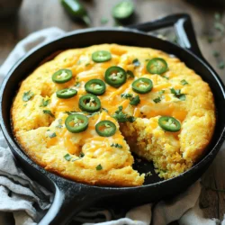- 1 cup cornmeal - 1 cup all-purpose flour - 1 tablespoon baking powder - 1/2 teaspoon baking soda - 1/2 teaspoon salt - 1 cup buttermilk - 2 large eggs - 1/4 cup melted butter - 1/4 cup honey (optional) - 1 cup shredded sharp cheddar cheese - 1-2 jalapeños, finely chopped Let’s dive into the ingredients that make this cheddar jalapeño cornbread sing. First, we have our dry ingredients, which form the base. Cornmeal gives that classic cornbread texture. The all-purpose flour adds lightness. Baking powder and baking soda help it rise. Salt brings out the flavors. Next, we move to the wet ingredients. Buttermilk adds richness and tang. The eggs bind everything together and add moisture. Melted butter gives a great taste and texture. If you want a hint of sweetness, add honey. Finally, the best part—our add-ins! Sharp cheddar cheese brings a savory depth. Jalapeños add a spicy kick. You can adjust the jalapeño amount based on how much heat you like. For the full recipe, check out the details above. These ingredients combine to create a delightful cornbread that’s perfect for any meal. - Preheat oven to 400°F (200°C). - Grease a cast-iron skillet or baking dish. Start by heating your oven. This step is key for fluffy cornbread. Greasing the skillet helps the cornbread come out easily later. I love using a cast-iron skillet for that nice crust. - Combine cornmeal, flour, baking powder, baking soda, and salt. In a large bowl, mix the dry items well. Use a whisk to blend them. This ensures even flavor and texture in your cornbread. I often sift the flour to avoid lumps. - Whisk buttermilk, eggs, and melted butter; add honey if desired. In a separate bowl, combine the wet ingredients. Whisk until smooth and creamy. Adding honey can give a touch of sweetness. I find it balances the heat from jalapeños nicely. - Pour wet ingredients into dry and stir until just combined. Now, pour the wet mix into the dry mix. Stir gently until they just come together. It’s okay if some lumps remain. Over-mixing can make your cornbread tough. - Gently incorporate cheddar and jalapeños into batter. Fold in the shredded cheddar and chopped jalapeños. This step adds flavor and heat. Make sure everything is evenly mixed so every bite bursts with flavor. - Pour into prepared skillet and bake for 20-25 minutes. Pour the batter into your greased skillet. Smooth the top with a spatula. Bake until the top is golden brown. A toothpick should come out clean when inserted in the middle. For the complete recipe, check out the Full Recipe section. To keep your cornbread moist, avoid over-mixing the batter. When you mix too much, the bread can turn dense. Instead, mix until just combined. A few lumps are okay! Also, always use fresh ingredients. Fresh buttermilk and eggs make a big difference in flavor and texture. You can enhance the taste by trying different cheese types. Cheddar works great, but you might love pepper jack or even feta. Feel free to adjust the jalapeño amount based on how spicy you want it. If you love heat, add more jalapeños. For a milder cornbread, use fewer. Presentation matters! Serve your cornbread warm from the skillet for a rustic look. You can add a sprinkle of shredded cheddar on top. For a pop of color, garnish with fresh herbs like cilantro or parsley. This not only looks good but also adds fresh flavor. {{image_4}} You can make your cornbread sweeter by adding more honey or sugar. If you love a touch of sweetness, try adding an extra tablespoon of honey. This small change makes a big difference. The honey gives the cornbread a nice golden color and a soft texture. It also pairs well with the sharp cheddar. You can adjust the sweetness to fit your taste. For those who crave heat, consider adding diced green chilies or hotter peppers. You can use serrano or habanero peppers for a fiery twist. Just remember to adjust the amount based on your spice level. Mixing in these peppers adds a bold flavor to your cornbread. It will surely excite your taste buds. Don't hesitate to swap out cheddar for different types of cheese. Pepper jack cheese adds a creamy texture and a bit of spice. Feta cheese offers a tangy flavor that contrasts nicely with the cornbread's sweetness. Each cheese brings its unique taste and can change the whole dish. Feel free to experiment with your favorite cheeses for a fun twist on the classic. For the full recipe, check out the details in the Full Recipe section. To store cornbread at room temperature, let it cool completely. Wrap it in plastic wrap or foil. This keeps the cornbread fresh and moist. You can also place it in an airtight container. It will last for about 2-3 days. If you notice any signs of drying, add a piece of bread to the container. This can help keep the cornbread soft. For long-term storage, freezing is best. Cut the cornbread into squares or wedges. Wrap each piece tightly in plastic wrap. Then, place them in a freezer bag. Be sure to squeeze out any air. This helps prevent freezer burn. Cornbread can stay frozen for up to three months. When you’re ready to enjoy it, you can thaw it in the fridge overnight. To reheat cornbread without losing moisture, use the oven. Preheat it to 350°F (175°C). Place the cornbread on a baking sheet. Cover it with foil to keep moisture in. Heat for about 10-15 minutes. You can also use the microwave. Place a piece of cornbread on a plate. Add a damp paper towel over it. Heat in short bursts of 20-30 seconds. This keeps it moist and warm. For best results, enjoy it fresh after baking. For the full recipe, check out the earlier section. Cornbread can turn dry for a few reasons. Overmixing the batter is one cause. If you mix too much, it makes the bread dense. Using old or stale ingredients can also lead to dryness. Make sure your baking powder is fresh. Also, baking for too long will dry it out. To keep cornbread moist, mix the batter until just combined. Always check the oven towards the end of baking. Yes, you can! Adding more flavors makes cornbread fun. You can mix in cooked bacon bits for a savory touch. Chopped herbs like chives or cilantro can add freshness. For a sweeter taste, try adding blueberries or corn kernels. You can also swap out cheddar for pepper jack for extra spice. Just remember to keep the main flavors balanced. You can tell cornbread is ready when the top is golden brown. Insert a toothpick into the center. If it comes out clean, your cornbread is done. Another sign is a slight bounce when you press the top. The edges should pull away from the pan. Always trust your senses; the smell will be delightful! To make cornbread gluten-free, swap the all-purpose flour with a gluten-free blend. Look for blends designed for baking. Ensure all other ingredients are gluten-free too. Cornmeal is naturally gluten-free, so you’re good there! Just follow the Full Recipe for best results. Enjoy the same great flavor without gluten! In this guide, I covered the recipe for rich, tasty cornbread. We discussed key ingredients like cornmeal, flour, and cheese. I explained step-by-step how to mix and bake the batter. You learned tips to enhance flavor and ensure moisture. Remember, you can customize this cornbread to your taste with add-ins. Enjoy experimenting and savoring your creation. With fresh ingredients and simple steps, you’ll make a cornbread worth sharing!